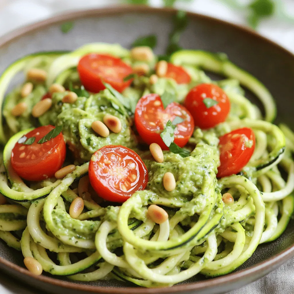 To make zucchini noodles with pesto, gather these main ingredients: - 4 medium zucchinis - 1 ripe avocado - 1 cup fresh basil leaves - 2 tablespoons pine nuts (toasted) - 2 tablespoons nutritional yeast (optional) - 2 cloves garlic, minced - 1 tablespoon lemon juice - 3 tablespoons olive oil - Salt and pepper to taste These ingredients work together to create a fresh, tasty dish. Zucchini serves as a great low-carb base. The avocado adds creaminess, while basil packs in flavor. For added flair, consider these garnishes: - Cherry tomatoes, halved - Grated Parmesan cheese (optional) These toppings brighten the dish and add color. The tomatoes give a juicy burst, while Parmesan adds a salty kick. This dish is not just tasty; it’s healthy too! Here’s what each key ingredient offers: - Zucchini: Low in calories and high in water, it keeps you hydrated. - Avocado: Packed with healthy fats, it helps keep your heart healthy. - Basil: Rich in antioxidants, it supports overall wellness. - Pine nuts: Provide protein and healthy fats, making you feel full longer. - Nutritional yeast: Adds vitamins, especially B12, for energy. Eating this meal means you fill up on nutrients without the extra calories. It's a smart choice for any meal. For the full recipe, check out the complete guide! To make zucchini noodles, start with four medium zucchinis. Use a spiralizer for best results. If you don’t have one, a vegetable peeler works well too. Slice the zucchinis into thin strips. Next, place the noodles in a colander and sprinkle them with salt. This step helps remove excess moisture. Allow them to sit for about 15 minutes. After that, rinse the noodles under cold water. Pat them dry with paper towels. This keeps your dish from getting soggy. Now, let’s make the avocado basil pesto. Grab one ripe avocado, one cup of fresh basil leaves, and two tablespoons of toasted pine nuts. Add these to a food processor. Toss in two cloves of minced garlic, one tablespoon of lemon juice, and two tablespoons of nutritional yeast if you want a cheesy flavor. Blend these ingredients until they are smooth. With the processor running, slowly drizzle in three tablespoons of olive oil. This gives the pesto a creamy texture. Finally, season with salt and pepper to taste. In a large skillet, heat a small amount of olive oil over medium heat. Add the zucchini noodles and sauté them for 2 to 3 minutes. You want them slightly softened but still al dente. Remove the skillet from the heat. Now, toss the zucchini noodles with the avocado basil pesto until they are well coated. Serve the dish right away. Garnish with halved cherry tomatoes and, if you like, a sprinkle of grated Parmesan cheese. For the full recipe, check out the section above! To get the best texture for your zucchini noodles, start with fresh zucchinis. Look for firm ones. After spiralizing, sprinkle salt on them. This helps draw out moisture. Let them sit for about 15 minutes. Rinse and pat them dry. This step makes your noodles less soggy. Sauté them for just 2-3 minutes. You want them tender but still a bit crunchy. If you have leftover pesto, store it in a jar. Pour a thin layer of olive oil on top. This helps keep it fresh. Seal the jar tightly and put it in the fridge. Your pesto will last about a week like this. For zucchini noodles, store them in an airtight container. Keep them in the fridge for up to 2 days. If you see moisture, dry them with a paper towel before using. Leftover pesto is great for many dishes. You can spread it on toast for a quick snack. Mix it into pasta for a rich flavor. It’s also tasty with grilled meats or veggies. You can even use it as a dip for fresh veggies or chips. Pesto adds a fresh taste to many meals. Don't let it go to waste; get creative! For the full recipe, check out Zucchini Noodles with Avocado Basil Pesto. {{image_2}} You can easily make this dish even more keto-friendly. Consider adding grilled chicken or shrimp for protein. These additions keep your meal low in carbs while adding flavor. Another option is to mix in some sautéed mushrooms or spinach. Both options boost nutrition without adding many carbs. Feel free to play with your pesto recipe! Instead of avocado, you can use nuts like walnuts or cashews. You can also try using spinach or arugula instead of basil. This gives the pesto a new taste. You can add a bit of feta cheese for a tangy kick. Zucchini noodles with pesto shine on their own. But you can pair them with a light salad or garlic bread. A simple side salad with lemon dressing complements the meal well. You might also want to enjoy it with a glass of white wine for a special touch. For a heartier meal, serve it alongside grilled fish or chicken. For the full recipe, check the section above! To keep your zucchini noodles and pesto fresh, store them separately. Place leftover zucchini noodles in an airtight container. Add a paper towel to absorb moisture. For the pesto, use a small jar or container. Pour a thin layer of olive oil on top to keep it from browning. Seal both containers well. Store them in your fridge for up to three days. You can freeze both zucchini noodles and pesto. For zucchini noodles, lay them flat on a baking sheet. Freeze them for about an hour and then transfer to a freezer bag. This method prevents clumping. For pesto, pour it into ice cube trays. Once frozen, pop the cubes into a bag. Both will keep well for up to three months. When reheating zucchini noodles, do it gently. Use a skillet over low heat. Add a splash of water or olive oil to keep them moist. Stir for a few minutes until warm. Avoid high heat; it can make them mushy. For pesto, warm it in the microwave for short bursts. Stir often to keep it creamy. Enjoy your fresh meal with these simple storage and reheating tips! You can use a vegetable peeler. Just peel the zucchini into thin strips. It works well for making noodles. Another option is to use a box grater. Grate along the long side to create thin strands. This method gives you a fun texture, too. Yes, you can! You can use whole wheat noodles, rice noodles, or even spaghetti squash. Each type adds a different flavor and texture. Just remember to adjust the cooking time based on the noodles you choose. Absolutely! This recipe is great for meal prep. You can store the zucchini noodles and pesto separately. Keep them in airtight containers in the fridge. They will stay fresh for up to three days. When ready to eat, just combine and enjoy! To avoid soggy noodles, salt the zucchini before cooking. Let them sit in a colander for about 15 minutes. This step helps draw out moisture. Afterward, rinse and pat them dry with paper towels. Yes, you can make the pesto ahead of time. Store it in an airtight container in the fridge. It will stay fresh for about a week. You can also freeze it in ice cube trays for longer storage. Definitely! You can serve them cold in a salad or add cooked protein like chicken or shrimp. They also pair well with grilled vegetables, making a colorful dish. For extra protein, try adding grilled chicken, shrimp, or chickpeas. You can also mix in some nuts, like walnuts or almonds, for a nice crunch. If your pesto is too thick, add a bit more olive oil or a splash of water. Blend it again until you reach your desired consistency. This will keep it smooth and easy to coat the noodles. Yes, store-bought pesto is a great time-saver! Just make sure to choose a high-quality brand. This will ensure you still get fresh and vibrant flavors in your dish. You can find many options at your local grocery store. Yes, it is! Kids often enjoy the fun shape and bright colors. Serve it with some grated cheese on top for extra appeal. You can even let them help with the mixing and serving. Zucchini noodles with pesto are easy and healthy. We covered the main ingredients and their benefits. I shared steps to prepare the noodles and make the tasty avocado basil pesto. Remember the tips for texture and storage, too. You can even use leftovers in new ways. This dish is versatile for various diets and tastes. Keep experimenting with flavors and enjoy fresh meals with ease. Your kitchen creativity can shine with these simple ingredients. Dive in and make this dish your own!