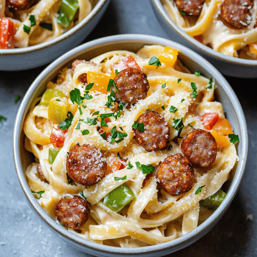 - 12 oz fettuccine pasta - 1 cup heavy cream - 1 cup grated Parmesan cheese - 8 oz smoked sausage, sliced - 2 tablespoons Cajun seasoning - 2 tablespoons olive oil - 3 cloves garlic, minced - 1 small onion, finely chopped - 1 red bell pepper, diced - 1 green bell pepper, diced - 1 cup chicken broth - Salt and pepper to taste - Fresh parsley, chopped for garnish