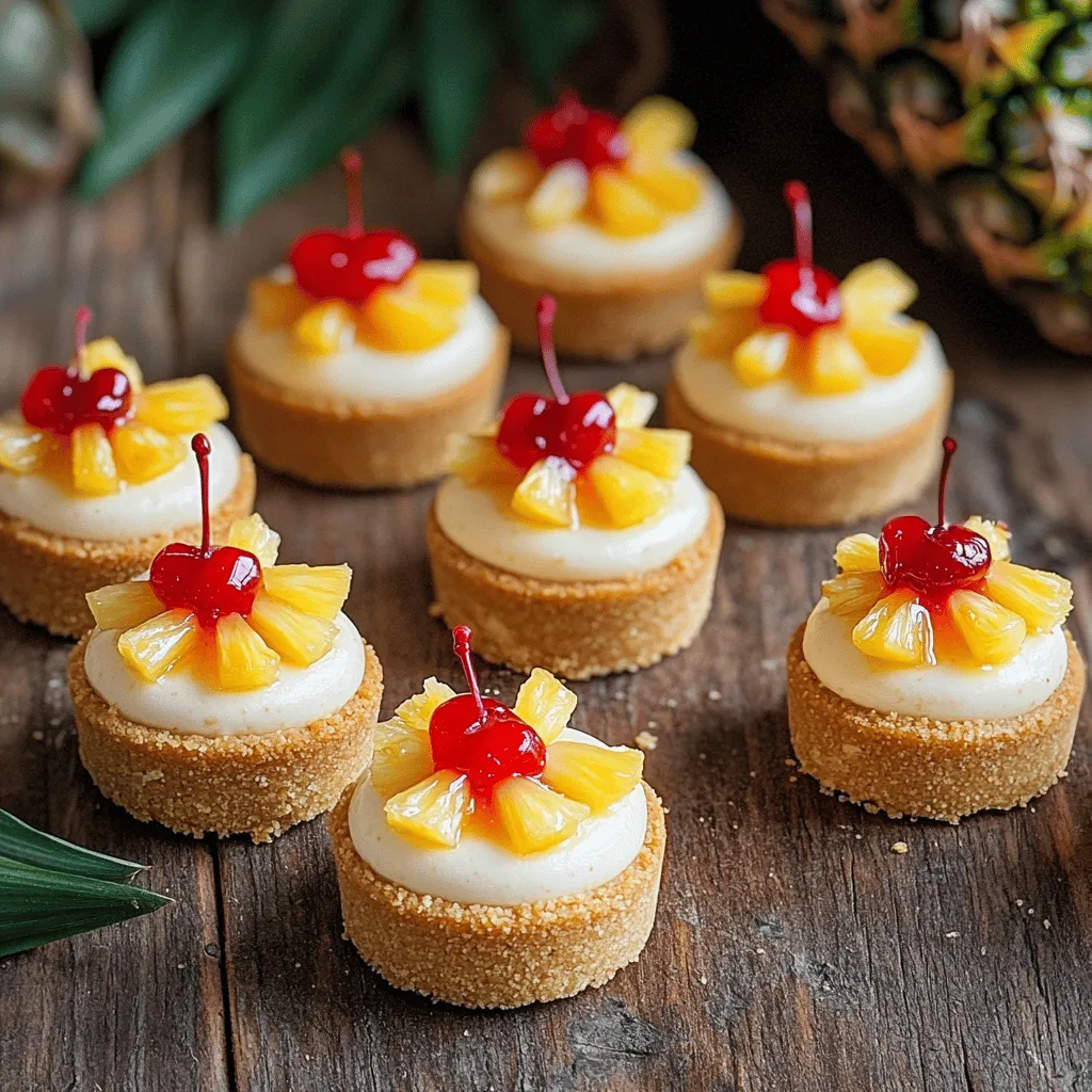 - <strong>Graham Cracker Crust:</strong> – 1 cup crushed graham crackers – 1/4 cup unsalted butter, melted – 2 tablespoons brown sugar” /></p>
</p>
<h2>Variations</h2>
</p>
<h3>Flavor Combinations</h3>
<p>You can easily change up the flavors of your mini pineapple upside-down cheesecakes. Here are a couple of fun ideas:</p>
</p>
<p>– <strong>Tropical Twist:</strong> For a tropical vibe, add coconut milk and shredded coconut to the filling. This will give your cheesecakes a rich and creamy texture with a hint of island flavor.</p>
<p>– <strong>Berry Bliss:</strong> If you prefer berries, swap out the pineapple for crushed strawberries or blueberries. This change offers a fresh, fruity taste that is sure to please.</p>
</p>
<h3>Dietary Modifications</h3>
<p>I love making these cheesecakes accessible for everyone. Here are some easy swaps:</p>
</p>
<p>– <strong>Gluten-Free Option:</strong> To make these cheesecakes gluten-free, use gluten-free graham crackers. They will taste just as good!</p>
<p>– <strong>Dairy-Free Version:</strong> If you’re avoiding dairy, substitute the cream cheese with vegan cream cheese. This keeps the recipe creamy while being dairy-free.</p>
</p>
<p>Feel free to experiment and find your own favorite spin on these mini cheesecakes!</p>
</p>
</p>
<h2>Storage Info</h2>
</p>
<h3>Proper Storage Techniques</h3>
<p>– <strong>Refrigeration:</strong> Store in an airtight container.</p>
<p>– <strong>Duration:</strong> Keep in the fridge for up to 5 days.</p>
</p>
<p>I recommend placing your mini cheesecakes in a tight container. This keeps them fresh and prevents them from drying out. If you plan to eat them all within five days, the fridge is perfect.</p>
</p>
<h3>Freezing Mini Cheesecakes</h3>
<p>– <strong>Freezer Instructions:</strong> Wrap each cheesecake tightly.</p>
<p>– <strong>Thawing Tips:</strong> Leave in the refrigerator overnight before serving.</p>
</p>
<p>To freeze mini cheesecakes, wrap each one in plastic wrap. This helps avoid freezer burn. When you’re ready to enjoy them, just take them out and place them in the fridge overnight. They will taste fresh and creamy when you serve them.</p>
</p>
<h2>FAQs</h2>
</p>
<h3>Can I make these cheesecakes ahead of time?</h3>
<p>– <strong>Answer:</strong> Yes, they can be made a day in advance and refrigerated.</p>
</p>
<p>You can easily prep these mini cheesecakes ahead of time. This makes hosting or meal planning simple. Just make them a day before your event. After baking, let them cool, then put them in the fridge. This way, they will be ready to serve when you are.</p>
</p>
<h3>What can I use instead of maraschino cherries?</h3>
<p>– <strong>Answer:</strong> Fresh fruit, whipped cream, or chocolate shavings are great alternatives.</p>
</p>
<p>If maraschino cherries aren’t your thing, there are many fun options. Fresh fruit like strawberries or blueberries adds color and flavor. You can also top them with whipped cream for a light touch. For a twist, try chocolate shavings. They add a rich taste that pairs well with the cheesecake.</p>
</p>
<h3>How do I know when the cheesecakes are done?</h3>
<p>– <strong>Answer:</strong> They should be set around the edges and slightly jiggly in the center.</p>
</p>
<p>Keep an eye on your cheesecakes while they bake. They are done when the edges look firm. The center should have a slight wiggle. This means they will set perfectly as they cool down.</p>
</p>
<h3>What’s the best way to serve these cheesecakes?</h3>
<p>– <strong>Answer:</strong> Chilled and topped with your choice of garnishes for enhanced flavor.</p>
</p>
<p>For the best taste, serve these mini cheesecakes cold. You can add your favorite toppings to make them special. Garnishes like crushed pineapple or toasted coconut can enhance the flavor. Serve them on a nice plate to impress your guests. Enjoy this delightful treat!</p>
</p>
<p>Mini pineapple upside-down cheesecakes are easy and fun to make. We covered the right ingredients and step-by-step instructions to create them. You learned tips for both crusts and filling, plus ideas for fun variations. Remember, fresh ingredients make a big difference. Store them properly to enjoy later. These desserts fit special occasions or everyday treats. Now it’s time to gather your ingredients and start baking. Enjoy creating these delicious mini cheesecakes!</p>
</div>