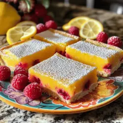To make delicious Raspberry Lemonade Bars, you'll need the following ingredients: - All-purpose flour (1 cup) - Powdered sugar (1/4 cup) - Cold unsalted butter, cubed (1/2 cup) - Granulated sugar (1 cup) - Large eggs (2) - Fresh lemon juice (1/3 cup) - Zest of 1 lemon - Fresh raspberries (1/2 cup) - Baking powder (1/2 teaspoon) - Salt (1/4 teaspoon) - Extra powdered sugar for dusting (optional) Each ingredient plays a key role in creating the perfect balance of sweet and tart. The flour and butter form a rich crust. The sugar sweetens the filling, while the lemon juice and zest give it that zesty kick. Fresh raspberries bring a burst of flavor and color. Make sure your butter is cold for a flaky crust. Use fresh lemons for juice and zest to enhance the taste. You can find the Full Recipe to see how to combine these ingredients into a delightful treat. Enjoy the process and the flavors! - Preheat to 350°F (175°C). - Grease and line an 8x8 inch baking dish with parchment paper. This makes it easy to lift out the bars later. - In a bowl, combine 1 cup of all-purpose flour and 1/4 cup of powdered sugar. - Add 1/2 cup of cold, cubed unsalted butter. Use your fingers or a pastry cutter to mix until it looks crumbly. - Firmly press this mixture into the bottom of your prepared baking dish. - Bake the crust for 15 minutes. It should be lightly golden. - While the crust bakes, mix the filling ingredients in another bowl. You need 1 cup of granulated sugar, 2 large eggs, 1/3 cup of fresh lemon juice, the zest of 1 lemon, 1/2 teaspoon of baking powder, and 1/4 teaspoon of salt. Whisk until smooth, but do not overmix. - Gently fold in 1/2 cup of fresh raspberries. This helps keep them intact. - Pour the raspberry-lemon mixture over the baked crust. Spread it evenly. - Bake again for 20-25 minutes until the filling is set. The center should have a slight jiggle. Following these steps will lead to a delicious treat. For the full recipe, check the earlier section. Enjoy the bright flavors of raspberry and lemon in every bite! To make the best raspberry lemonade bars, start with room temperature ingredients. Cold butter can make it hard to mix well. Room temperature butter blends smoothly with sugar, leading to a nice crust. Next, avoid overmixing the filling. When you whisk the eggs, sugar, and lemon juice, stop once it looks smooth. Overmixing can make the filling tough. You want it soft and creamy, not rubbery. For a stunning presentation, serve the bars on a colorful plate. Add a few fresh raspberries and lemon slices on top. This makes the bars look inviting and fresh. Pair these bars with a nice drink. I love serving them with iced tea or lemonade. The tartness of the drink enhances the sweet flavor of the bars. To prevent a soggy crust, ensure you bake it fully before adding the filling. If the crust is wet, it can ruin the bars. Keep an eye on the oven timer to avoid this. For even baking, check your oven temperature with a thermometer. Ovens can be off by a few degrees. If the temperature is too low, the bars won’t set right. Baking them until they have a slight jiggle in the center is key. For the full recipe, check the instructions above! {{image_2}} You can switch up the taste of your Raspberry Lemonade Bars easily. Try using blueberries or strawberries instead of raspberries. Each berry brings its unique flavor. You can also add fresh mint to your recipe. Mint gives a refreshing taste that pairs well with lemon. If you need gluten-free options, use almond or coconut flour instead of all-purpose flour. These flours work well in desserts and keep the bars tasty. For a vegan version, replace eggs with flax eggs. Mix one tablespoon of flaxseed meal with three tablespoons of water. Let it sit for five minutes to thicken. You can swap butter for coconut oil, which adds a nice flavor too. Want to make your bars even more special? Add a layer of cream cheese frosting on top. This will make them rich and creamy. You can also turn your bars into a tart. Use a shortcrust base instead of the regular crust. This gives a different texture and taste that many will enjoy. For the complete recipe, check out the Full Recipe section. Store your raspberry lemonade bars in the refrigerator. This keeps them fresh and tasty. I recommend using an airtight container. Glass containers work well because they do not absorb smells. If you use plastic, make sure it is BPA-free to keep your food safe. You can freeze these bars for later. To do this, cut them into squares and wrap each piece tightly in plastic wrap. Then place them in a freezer-safe bag or container. This keeps each bar fresh. They can last up to three months in the freezer. When you want to eat one, thaw it overnight in the fridge. To enjoy your bars warm, reheat them gently. Place them in a preheated oven at 300°F (150°C) for about 10 minutes. This method helps keep the texture soft. Avoid using the microwave, as it can make them soggy. Enjoy your sweet treat! You can tell when the bars are done by looking for a few signs. First, the edges will be slightly golden. The filling should be set but still have a slight jiggle in the center when you gently shake the pan. Another good sign is the lemon scent that fills your kitchen. If you see these signs, your bars are ready to come out of the oven! Yes, you can use frozen raspberries! They work well in this recipe. Frozen raspberries save time and are often more affordable. Just make sure to thaw them first and drain any excess liquid. This way, your bars stay firm and tasty. Frozen fruit may break apart more easily, but the flavor remains just as bright. You can keep Raspberry Lemonade Bars in the refrigerator for about five days. Store them in an airtight container to keep them fresh. If you want to enjoy them longer, you can freeze them for up to three months. Just remember to wrap them well! If you have leftover bars, there are fun ways to use them! You can crumble them over yogurt or ice cream for a tasty dessert. Another idea is to turn them into a trifle with whipped cream and fresh fruit. You could also pack them for lunch or share them with friends at a picnic. The options are endless! You now have a complete guide to making delicious Raspberry Lemonade Bars. We covered the key ingredients, simple steps, and helpful tips to ensure success. Don't forget that variations can make these bars fit any taste or diet. Whether you enjoy them after a meal or share with friends, these treats are sure to impress. Try different fruits, or add herbs for a fun twist. Enjoy your baking journey, and remember, practice makes perfect!