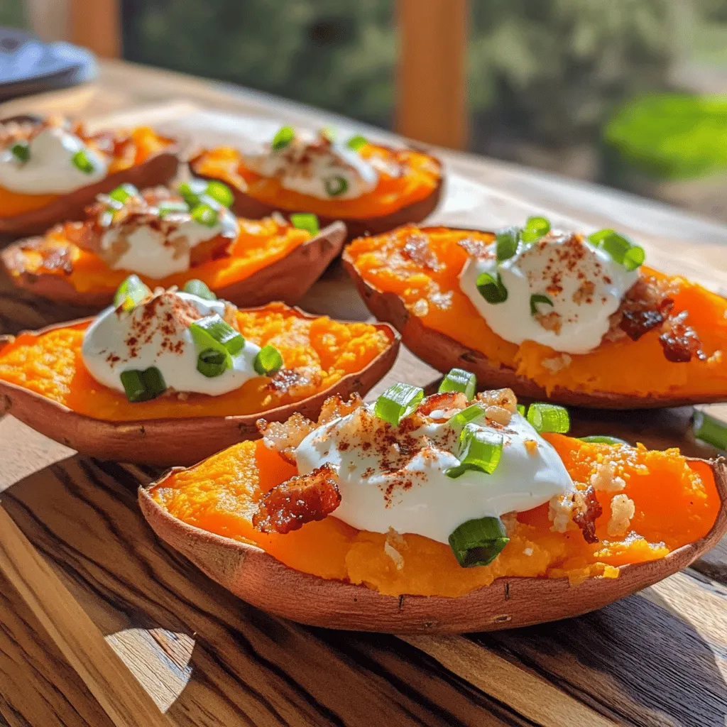 - 2 large sweet potatoes - 1 cup shredded cheddar cheese - 1/2 cup cooked and crumbled bacon (or plant-based bacon) - 1/4 cup sour cream - 1/4 cup green onions, sliced - 1/2 teaspoon garlic powder - 1/4 teaspoon smoked paprika - Salt and pepper to taste - Olive oil for brushing - Optional garnishes Loaded sweet potato skins need simple yet flavorful ingredients. Sweet potatoes bring a natural sweetness and creamy texture. Cheese adds richness, while bacon gives a savory bite. You can swap bacon with plant-based bacon for a meat-free version. For toppings, sour cream adds a cool creaminess that pairs well with the spices. Green onions give a fresh crunch, brightening every bite. Garlic powder and smoked paprika add depth and warmth. Don't forget to season with salt and pepper to enhance all the flavors. Finally, brush the skins with olive oil. This step helps them get crispy and golden. You can add extra garnishes like cilantro or jalapeños if you want more flavor. For the complete list of ingredients and their measurements, check the Full Recipe. 1. First, preheat your oven to 400°F (200°C). This step warms the oven for baking. 2. Next, wash and dry the sweet potatoes. Make sure they are clean. 3. Prick the sweet potatoes with a fork several times. This lets steam escape while baking. 4. Place the sweet potatoes on a baking sheet. Brush them lightly with olive oil. 5. Sprinkle some salt on top. This adds flavor to the skins. 1. Bake the sweet potatoes for 45 to 60 minutes. They should feel tender when poked. 2. To check, insert a knife into the center. It should glide in easily. 3. Once they are done, take them out and let them cool for a few minutes. 4. Cut each sweet potato in half lengthwise. 5. Scoop out most of the flesh, leaving about 1/4 inch inside the skins. This keeps the shape strong. 1. In a bowl, mix the sweet potato flesh with cheese, crumbled bacon, garlic powder, smoked paprika, salt, and pepper. 2. Stir until everything is well combined. The filling should be creamy and flavorful. 3. Take each skin and fill it with the mixture. Mound it slightly on top for a nice look. 4. Place the filled skins back on the baking sheet. 5. Sprinkle any remaining cheese on top of the skins. 6. Return them to the oven for 10 to 15 minutes. Watch for the cheese to melt and bubble. For the full recipe, check the details provided earlier. Enjoy making these tasty loaded sweet potato skins! To get the best sweet potato skins, start by choosing large sweet potatoes. They should be firm and smooth. Wash them well to remove any dirt. Prick the skins with a fork to let steam escape during baking. This helps them cook evenly. Brush the potatoes with olive oil and sprinkle salt. Bake until they are soft, about 45 to 60 minutes. When you scoop out the flesh, aim for about 1/4 inch left inside. Use a spoon with a gentle touch. If you press too hard, you might break the skin. Take your time to keep them intact. For the best melting cheese, I recommend using sharp cheddar. It melts well and adds great flavor. You can also mix in some mozzarella for extra creaminess. To avoid burnt cheese, keep an eye on the oven. Bake the filled skins until the cheese is bubbly, about 10 to 15 minutes. If the cheese looks like it might burn, you can cover it with foil for part of the baking time. Serving matters! Place the loaded sweet potato skins on a rustic wooden board. This gives a warm and inviting feel. You can add extra green onions on top for color. A few dollops of sour cream will make it look even better. For a fun twist, try adding fresh herbs like cilantro or parsley. It will brighten the dish and make it pop. {{image_2}} You can make simple swaps for a healthier dish. Use Greek yogurt instead of sour cream. This change cuts fat but keeps creaminess. For a vegan twist, substitute plant-based cheese for the cheddar. It still packs flavor without dairy. Want to spice things up? Add jalapeños for a kick. They bring heat and a crunchy texture. You can also try different cheeses. Feta adds a tangy touch, while gouda gives a smoky flavor. These changes keep every bite exciting. Feel free to get creative with toppings! Sliced avocado adds creaminess and healthy fats. Fresh salsa can brighten the dish and add zest. You can also think globally. Try toppings like kimchi for a Korean flair or tzatziki for a Mediterranean vibe. The options are endless! To keep your loaded sweet potato skins fresh, place them in an airtight container. They stay good in the fridge for about three to five days. If you want to keep them longer, you can freeze them. Wrap each skin in plastic wrap, then place them in a freezer bag. They can last up to three months in the freezer. When it comes to reheating, the oven is your best friend. Set it to 350°F (175°C). Place the skins on a baking sheet and cover them with foil to keep them moist. Bake for about 15-20 minutes. If you use a microwave, the skins can get soggy. If you must use it, heat in short bursts. To keep skins crispy, try reheating them in a toaster oven instead. In the fridge, loaded sweet potato skins last three to five days. If frozen, they can last up to three months. Always check for signs of spoilage, like an off smell or discoloration, before eating leftovers. For the best taste and texture, enjoy them within these time frames. To check if sweet potatoes are done, look for a few signs. The skin should be slightly wrinkled. When you poke them with a knife, it should slide in easily. If you feel resistance, they need more time. I like to bake them for 45 to 60 minutes at 400°F. This gives them a nice soft texture. Yes, you can! To prep ahead, bake the sweet potatoes and scoop out the flesh. Store the skins in the fridge. You can mix the filling and keep it in a container. When you are ready, fill the skins and bake them. This makes it easy to enjoy a tasty treat without too much fuss. Loaded sweet potato skins pair well with many sides. You can serve them with a fresh salad for a light touch. They also go great with a bowl of soup like chili. For a fun twist, try some guacamole on the side. These options enhance the meal and add more flavors. You can find the full recipe for loaded sweet potato skins in the "Full Recipe" section. It includes all the steps and tips to make this dish a success. Loaded sweet potato skins are easy and fun to make. We covered the key ingredients, seasonings, and step-by-step instructions to create delicious treats. I shared tips for perfecting your skins and boosting flavor. You can easily adapt this recipe with variations to fit your taste. Storing and reheating tips ensure nothing goes to waste. Enjoy making these tasty snacks that are sure to impress!