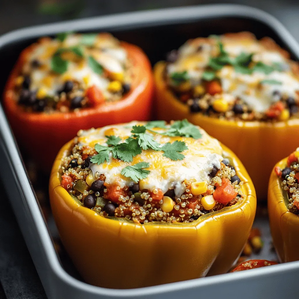- 4 large bell peppers (any color) - 1 cup quinoa, rinsed - 1 can (15 oz) black beans, rinsed and drained - 1 teaspoon cumin - 1 teaspoon smoked paprika - 1/2 teaspoon garlic powder - 1 cup shredded cheese (cheddar or pepper jack) - Fresh cilantro, chopped (for garnish) Stuffed bell peppers are a tasty and healthy dish. They offer a great way to combine flavors. You can use any color of bell pepper for this recipe. Each color has a unique taste. The main ingredients are simple. Quinoa is packed with protein and fiber. Black beans add creaminess and depth. Together, they create a filling that satisfies. Seasonings are key. Cumin gives a warm, earthy flavor. Smoked paprika adds a lovely smokiness. Garlic powder brings a hint of zest. These spices work together to enhance the dish. You can add cheese on top for extra richness. Cheddar gives a sharp taste, while pepper jack adds spice. Fresh cilantro brightens the dish and adds a fresh touch. For the full recipe, check out the details on how to prepare this colorful meal. - Preheat the oven to 375°F (190°C). - In a medium pot, bring 2 cups of vegetable broth to a boil. Add 1 cup of rinsed quinoa. Cover and lower the heat. Let it simmer for 15 minutes until fluffy. - Take 4 large bell peppers and slice off the tops. Remove all seeds and membranes inside. - Stand the peppers upright in a baking dish. This helps keep the filling inside. - In a big bowl, mix the cooked quinoa, 1 can of black beans (rinsed), 1 cup of corn, and 1 cup of diced tomatoes. - Add 1 teaspoon of cumin, 1 teaspoon of smoked paprika, 1/2 teaspoon of garlic powder, onion powder, salt, and pepper. Stir well until everything is blended. - Spoon the quinoa mixture into each pepper. Press it down gently to pack it. - Top each pepper with a sprinkle of shredded cheese. Cover the dish with foil. - Place in the oven and bake for 25 minutes. Remove the foil and bake for another 10-15 minutes until the cheese is bubbly and golden. For the full recipe, check the earlier section. Enjoy your vibrant and tasty stuffed bell peppers! To get tender peppers, bake them at 375°F (190°C). This temperature works best. Cover the baking dish with foil during the first part of baking. This keeps moisture in and helps peppers cook evenly. Bake for 25 minutes with the foil on, then remove it. Bake for another 10 to 15 minutes until the cheese is golden and bubbly. You can make stuffed peppers even tastier by adding spices. Try adding oregano or chili powder for a kick. Swap out the cheese too. Cheddar is great, but pepper jack adds nice heat. You can also mix in some feta for a tangy taste. The more you experiment, the better they get. These peppers pair well with many sides. A fresh salad can brighten the meal. Serve with a tangy salsa or a drizzle of avocado sauce for extra flavor. For a creative touch, cut the peppers in half and serve them on a colorful plate. Garnish them with fresh cilantro from your recipe for a pop of color. For the full recipe, check out the detailed instructions. {{image_2}} You can change the protein in stuffed bell peppers easily. Ground beef, turkey, or chicken works well. Each adds its own flavor and texture. For a twist, try a mix of meats! If you want vegetarian or vegan options, use lentils or chickpeas. These alternatives give you protein and taste without meat. You can also use tofu for a great plant-based choice. While quinoa is a star in this dish, you can swap it out. Rice, couscous, or bulgur can shine in your peppers. Each grain brings a different texture. Don't forget to add extra veggies! Chopped zucchini, spinach, or mushrooms can boost flavor and nutrition. Mixing in some veggies helps make the filling colorful and healthy. You can adjust the spice level to fit your needs. If kids are eating, keep it mild. Skip the hot stuff and add sweet bell peppers instead. For those who love spice, try adding jalapeños or hot sauce. This can turn your dish into a zesty delight! You control the heat, so make it just right for you. Store any leftover stuffed bell peppers in an airtight container. This keeps them fresh and tasty. You can keep them in the fridge for up to four days. After that, the flavors may fade. Make sure to let them cool before sealing them in the container. This prevents moisture from building up inside. You can also freeze stuffed peppers for longer storage. First, let them cool completely. Wrap each pepper in plastic wrap. Then place them in a freezer-safe bag or container. This helps avoid freezer burn. You can freeze them for up to three months. To thaw, move them to the fridge overnight. This ensures they thaw evenly. When it's time to eat, you have two great options for reheating. 1. Oven Method: Preheat your oven to 375°F (190°C). Place the peppers in a baking dish. Cover them with foil to keep them moist. Bake for about 20 minutes or until heated through. 2. Microwave Method: Place the pepper on a microwave-safe plate. Cover it with a damp paper towel. Heat on high for about 2-3 minutes, checking halfway through. The oven method gives you a nice texture. The microwave is faster but might make them a bit soft. Choose what works best for you! Yes, you can make stuffed peppers ahead of time. Prepare the filling and stuff the peppers. Then, store them in the fridge for up to 24 hours. Cover them tightly with plastic wrap or foil. When ready to cook, bake them straight from the fridge. Just add a few extra minutes to the baking time. You can use any color of bell pepper for stuffing. Red, yellow, and orange peppers are sweeter and have a nice flavor. Green peppers taste more bitter and are less sweet. Choose based on your taste. Each color adds a unique touch to your meal. Check the peppers after baking for 25 minutes. They should be tender and soft. The filling should be hot, and cheese should be bubbly and golden brown. A fork should easily pierce the pepper. This means they are ready to eat. Yes, you can modify the recipe. If you don’t like black beans, try kidney beans or lentils. You can also switch out quinoa for rice or couscous if you prefer. Just keep the spices to maintain flavor. Get creative with what you have on hand! For the full recipe, check here. Stuffed bell peppers are a fun and tasty dish. They fill up with healthy ingredients like quinoa, black beans, and spices. You bake them for the perfect mix of flavor and texture. You can tweak the recipe with different proteins and grains. Store leftovers well for later meals. Enjoy the ease of making these peppers ahead of time. Each bite offers a burst of taste while keeping it simple. Try these ideas and make stuffed bell peppers your new favorite meal!