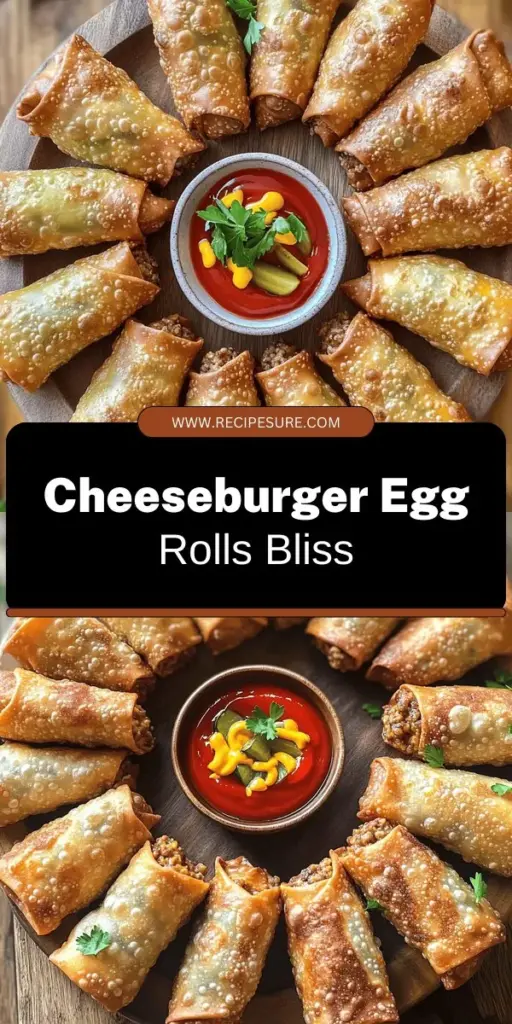 If you're craving a delicious twist on classic flavors, try these Cheeseburger Egg Rolls! These crispy treats are filled with savory ground beef, cheddar cheese, and your favorite burger toppings, making them the perfect snack for any occasion. Easy to make and irresistibly tasty, they’re ideal for game day or casual gatherings. Discover how to create this unique recipe and impress your friends and family. Click through for the full recipe and enjoy a bite-sized burger experience!