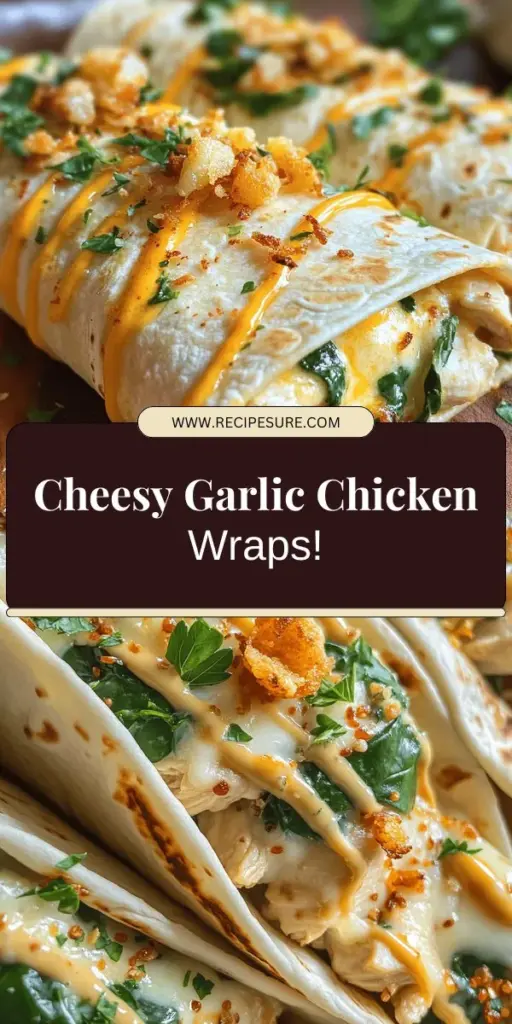 Satisfy your hunger with these delicious Cheesy Garlic Chicken Wraps! This quick and easy recipe combines tender chicken, gooey mozzarella, fresh spinach, and zesty garlic for a flavor-packed meal everyone will love. Perfect for family dinners or meal prep, these wraps are customizable and ideal for any taste. Ready to make your kitchen smell amazing? Click to discover the full recipe and enjoy these tasty wraps today!