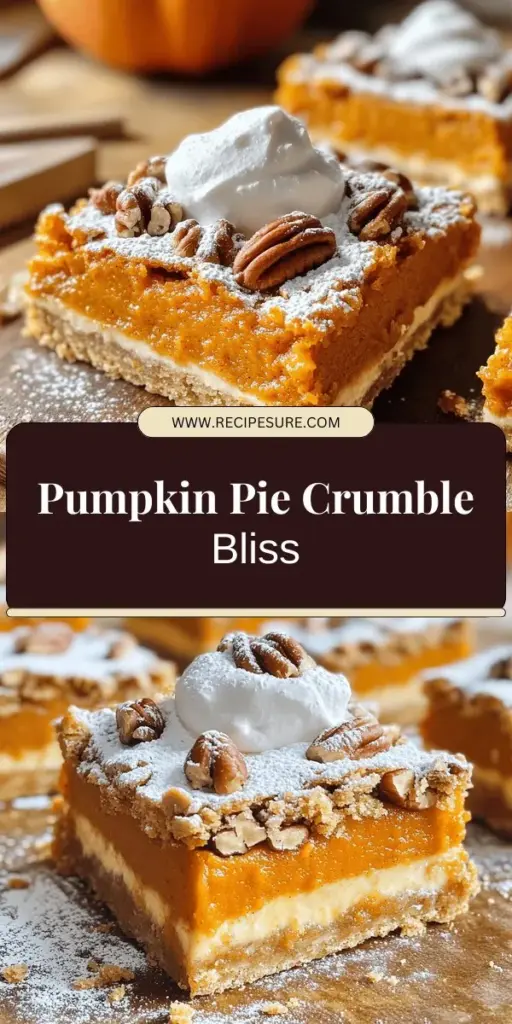 Delight in the flavors of fall with these irresistible Pumpkin Pie Crumble Bars! Combining the classic taste of pumpkin pie with a delicious crumble topping, these bars are perfect for any gathering or cozy night in. Discover the simple ingredients and easy steps to create this seasonal treat that everyone will love. Ready to impress your friends and family? Click through to explore the full recipe and start baking today!