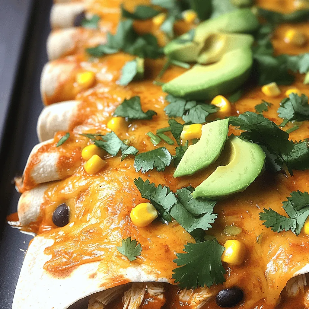 To make easy chicken enchiladas, you need both essential and optional items. Here’s a complete list: - Essential items for the recipe: - 2 cups cooked chicken, shredded - 1 cup corn (canned or frozen) - 1 cup black beans, rinsed and drained - 1 small onion, finely chopped - 2 cloves garlic, minced - 1 teaspoon cumin - 1 teaspoon chili powder - 1 cup salsa (your choice of heat) - 1 cup shredded cheddar cheese - 1 cup shredded Monterey Jack cheese - 8 small flour tortillas - 2 tablespoons olive oil - Salt and pepper to taste - Optional ingredients for customization: - Fresh cilantro for garnish - Sliced avocado or sour cream for serving These ingredients make the enchiladas flavorful and satisfying. You can mix and match your favorite items. For instance, try adding peppers or using different beans. Each choice can change the taste and make it your own. If you want a kick, add more chili powder or use hot salsa. The possibilities are endless! For the full recipe, check out the complete instructions above. First, preheat your oven to 375°F (190°C). This helps the enchiladas cook evenly. Next, gather your ingredients. You will need cooked chicken, corn, black beans, onion, garlic, spices, salsa, cheese, tortillas, and olive oil. In a large skillet, heat 2 tablespoons of olive oil over medium heat. Add 1 small chopped onion and 2 minced cloves of garlic. Sauté for about 3-4 minutes until the onion is translucent and fragrant. This step builds a strong base of flavor for your enchiladas. Now it's time to assemble the enchiladas. Take your skillet off the heat. Stir in 2 cups of shredded chicken, 1 cup of corn, 1 cup of rinsed black beans, 1 teaspoon of cumin, and 1 teaspoon of chili powder. Mix in half of your salsa and season with salt and pepper. For each tortilla, spoon about 1/4 cup of the chicken mixture into the center. Sprinkle a little cheese on top. Then, roll the tortilla tightly around the filling. Place it seam-side down in a greased 9x13 inch baking dish. Repeat this with all tortillas until the dish is full. Once all the tortillas are in the dish, pour the rest of the salsa evenly over the top. Sprinkle the reserved cheese on top of the salsa. This will create a delicious cheesy crust. Bake in the preheated oven for 20-25 minutes. You want the cheese to melt and bubble. After baking, let the enchiladas rest for a few minutes before serving. This helps the flavors settle. Enjoy your cheesy chicken enchiladas! For the complete recipe, check [Full Recipe]. To make these chicken enchiladas easier, use pre-cooked chicken. You can buy rotisserie chicken at the store. This saves time and effort. Also, use canned corn and black beans. Rinsing the beans is quick and easy. Watch out for overfilling the tortillas. It can make rolling hard. If they tear, you can still enjoy them as a casserole. Just layer the filling and cheese in a dish instead. To boost flavor, add more spices. Try smoked paprika for a smoky taste. You can also mix in jalapeños for heat. For toppings, consider sour cream or guacamole. Fresh cilantro adds a nice touch too. Pair these enchiladas with rice or a simple salad. A side of refried beans works well too. This makes a full meal that tastes great! For the full recipe, check out the detailed instructions above. {{image_2}} You can switch up the protein in your enchiladas easily. Beef or pork works well. Just cook it the same way as the chicken. If you prefer vegetarian, try black beans or lentils as a filling. You can even use tofu for a plant-based twist. These options can help fit different diets. Your sauce choice can change the flavor a lot. You can use green salsa, red salsa, or even enchilada sauce. Each gives a unique taste. For cheese, cheddar and Monterey Jack are great, but feel free to mix in queso fresco or pepper jack. This lets you explore flavors and textures. Get creative with your choices! For the full recipe, check out the details above. To keep your enchiladas fresh, store them in an airtight container. This helps prevent drying out. You can also wrap them tightly in plastic wrap. They last in the fridge for about 3 to 4 days. If you want to keep them longer, freeze them for up to 3 months. Just be sure to label the container with the date. This way, you can enjoy them later without worry. When reheating enchiladas, I recommend using an oven for the best results. Preheat your oven to 350°F (175°C). Place your enchiladas in a baking dish and cover them with foil. This keeps the moisture in and prevents them from drying out. Heat for about 15 to 20 minutes. You can also use a microwave for quicker reheating. Just place them on a microwave-safe plate and cover with a damp paper towel. Heat for 1 to 2 minutes, checking often. Enjoy them warm, and they will taste almost as good as fresh! Can I use gluten-free tortillas? Yes, you can use gluten-free tortillas. Many brands offer tasty options. Just make sure they are the right size for your enchiladas. The filling will taste great with any tortilla you choose. How can I make this recipe spicier? To add heat, use spicy salsa or add jalapeños to the filling. You can also mix in cayenne pepper, red pepper flakes, or diced green chilies. Start with a little, taste, and adjust as needed. The easy chicken enchiladas recipe provides a filling meal. Each serving has about 400-500 calories. It offers protein from chicken and black beans, plus fiber from beans and corn. Here’s a quick breakdown: - Calories: 400-500 per serving - Protein: 25-30g - Fat: 15-20g - Carbohydrates: 40-50g - Fiber: 8-10g For healthier options, try using whole wheat tortillas or low-fat cheese. You can also add more veggies like bell peppers or spinach for extra nutrients. This blog post covered the key aspects of making easy chicken enchiladas. We explored essential and optional ingredients, along with straightforward instructions for preparation, assembly, and baking. I shared tips for beginners, ways to enhance flavor, and various protein and sauce options. Finally, we discussed storing leftovers and reheating methods. Remember, cooking enchiladas is about creativity and fun. Don't hesitate to make this recipe your own. Enjoy every bite you take!