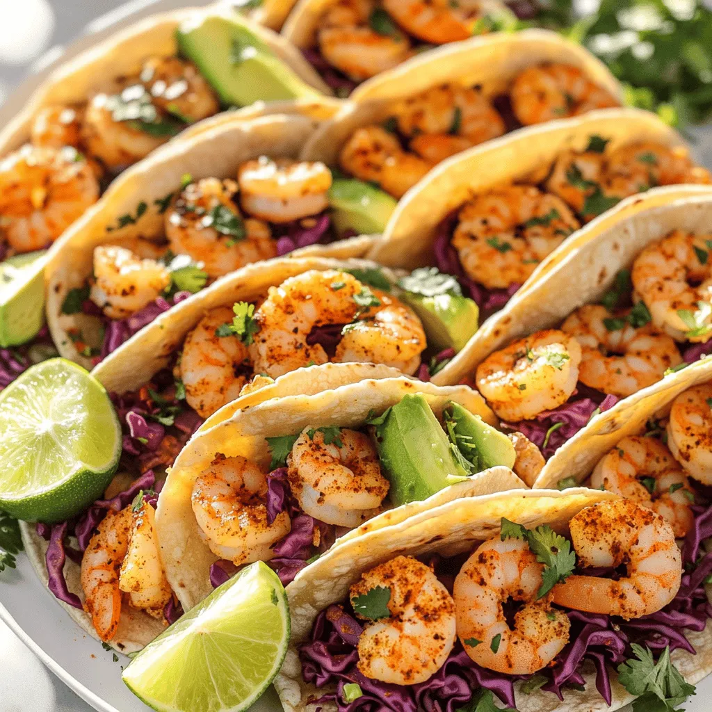 To make these tasty shrimp tacos, gather these main ingredients: - 1 lb (450g) shrimp, peeled and deveined - 3 tablespoons olive oil - 4 cloves garlic, minced - 1 teaspoon smoked paprika - 1 teaspoon chili powder - ½ teaspoon cayenne pepper (adjust to taste) - Salt and pepper to taste - 8 small corn tortillas - 1 cup red cabbage, shredded - 1 avocado, sliced - Fresh cilantro, chopped (for garnish) - Lime wedges (for serving) - ½ cup sour cream or Greek yogurt (optional) These items come together to create a flavorful dish. The shrimp packs a punch with garlic and spices. The cabbage adds a nice crunch, while avocado brings creaminess. You can jazz up your tacos with these optional ingredients: - Extra lime wedges - Sliced jalapeños for heat - Diced tomatoes for freshness - Queso fresco for a cheesy touch These add-ons allow you to tailor your meal. Feel free to mix and match based on your taste. Here are some tools to make cooking easier: - Large mixing bowl for marinating - Large skillet for cooking shrimp - Spatula for flipping shrimp - Tongs for assembling tacos - Serving platter for presentation Using the right tools helps make the process smooth. Enjoy the cooking journey as you prepare your spicy garlic shrimp tacos! For the complete recipe, check out the [Full Recipe]. Start by mixing the shrimp with olive oil, garlic, smoked paprika, chili powder, cayenne pepper, salt, and pepper. Use a big bowl so you have space to toss the shrimp. Make sure each shrimp gets coated well. This will add a lot of flavor. Let the shrimp sit for at least 15 minutes. This time helps the shrimp soak in the spices. Heat a large skillet on medium-high heat. Once it’s hot, add the shrimp in a single layer. Cook the shrimp for about 2-3 minutes on each side. You want them to turn pink and opaque. Be careful not to cook them too long. Overcooked shrimp can get rubbery. Keep an eye on them! Warm the corn tortillas in a dry skillet for about 30 seconds on each side. You can also wrap them in foil and heat them in the oven. Once the tortillas are warm, it’s time to build your tacos. Place some shredded red cabbage on a tortilla. Add a few pieces of the spicy garlic shrimp next. Top it off with slices of avocado. Don’t forget to sprinkle fresh cilantro on top! A squeeze of lime juice adds a nice zing. If you like, drizzle some sour cream or Greek yogurt for creaminess. For the full recipe, check out the details above. Enjoy your tasty tacos! To cook shrimp just right, heat your skillet on medium-high. Add the marinated shrimp in a single layer. Cook them for about 2-3 minutes on each side. When they turn pink and opaque, they’re done. Avoid overcooking, as shrimp can become rubbery. You want them tender and juicy for the best tacos. Marinating shrimp adds great flavor. Combine olive oil, garlic, and spices in a bowl. Toss the shrimp until well coated. Let them sit for at least 15 minutes. This step allows the shrimp to soak up all those tasty flavors. For a kick, adjust the cayenne pepper to your liking. Warming tortillas is key for soft tacos. You can heat them in two ways. First, use a dry skillet over medium heat. Warm each tortilla for about 30 seconds on both sides. Second, wrap tortillas in foil and place them in a preheated oven. This method keeps them warm and soft. Choose the method that fits your time and style. For the full recipe, check out the Spicy Garlic Shrimp Tacos section! {{image_2}} You can easily switch up the main protein in these tacos. Instead of shrimp, try chicken. Just cut it into small pieces and marinate like you would with shrimp. You can also use fish, like tilapia or cod, for a lighter taste. For a heartier option, beef can work well, too. Just use thin strips and cook them quickly. Each protein brings a unique flavor, and you can find your favorite. If you want a plant-based option, tofu is a great choice. Press it to remove extra water, then cube it. Marinate it just like the shrimp. You can also use tempeh, which adds a wonderful nutty taste. For a fun twist, try jackfruit. It mimics the texture of meat and absorbs flavors well. These options are tasty and keep your meal plant-friendly. Adjust the spice levels to fit your taste. If you want it milder, reduce the cayenne pepper. For more heat, add sliced jalapeños or extra chili powder. You can also mix in fresh herbs, like dill or parsley, for a fresh kick. A splash of hot sauce can elevate the flavor, too. Try different combinations to find your perfect balance. For the full recipe, check out the Spicy Garlic Shrimp Tacos section above. To keep your spicy garlic shrimp tacos fresh, store leftovers in an airtight container. Make sure the shrimp and toppings are separate. This way, the tortillas won’t get soggy. You can keep them in the fridge for up to two days. For best taste, eat them soon after making. Reheating shrimp tacos can be easy. First, warm the shrimp in a skillet over low heat. Stir gently until they are hot. For the tortillas, you can heat them in a dry skillet for about 30 seconds on each side. This keeps them soft. Avoid microwaving, as it can make them tough. If you want to meal prep, freezing shrimp tacos is a great option. Cook the shrimp and let it cool completely. Place the shrimp in a freezer-safe bag. Remove as much air as possible. You can freeze the shrimp for up to three months. Just remember to thaw it in the fridge overnight before cooking. This method helps preserve the flavor and texture. For a full recipe to enjoy, check out the Spicy Garlic Shrimp Tacos recipe. You can use Greek yogurt as a great substitute for sour cream. It gives a similar taste and creamy texture. If you want a dairy-free option, try using cashew cream or coconut yogurt. Both are tasty choices and keep the tacos creamy. Leftovers can stay fresh in the fridge for up to two days. Make sure to store the shrimp and tortillas separately. This helps keep everything from getting soggy. When you reheat, do it gently to avoid overcooking the shrimp. Yes, you can prepare the shrimp and toppings in advance. Marinate the shrimp and store it in the fridge for up to 24 hours. You can also chop the cabbage and slice the avocado ahead of time. Just hold off on assembling the tacos until you are ready to serve. Check out the Full Recipe for more tips! In this post, I showed you how to make spicy garlic shrimp tacos. We covered the key ingredients, preparation steps, and helpful tips. You learned about variations, storage, and common questions. These tacos are easy to make and can fit any taste. Whether you’re cooking for friends or just for you, this dish shines. Enjoy the bold flavors and customize them as you like. Happy cooking!
