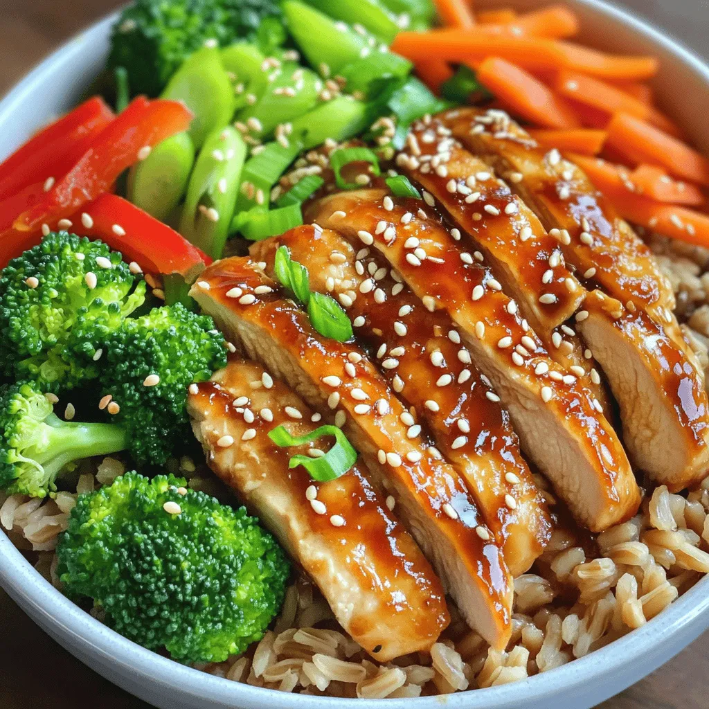 - 2 boneless, skinless chicken breasts - 1 cup brown rice - 1/4 cup low-sodium soy sauce - 2 tablespoons honey - 1 tablespoon rice vinegar - 1 tablespoon sesame oil - 2 cloves garlic, minced - 1 teaspoon grated ginger These ingredients form the heart of your Teriyaki Chicken Bowls. The chicken gives protein, while brown rice acts as a great base. The soy sauce, honey, rice vinegar, and sesame oil create that classic teriyaki flavor. Garlic and ginger add a nice zing. - 1 cup broccoli florets - 1 carrot, julienned - 1/2 bell pepper, thinly sliced - 1 tablespoon sesame seeds (for garnish) - Sliced green onions (for garnish) Adding fresh vegetables like broccoli, carrots, and bell pepper makes the dish colorful and nutritious. The sesame seeds and green onions give a nice crunch and fresh taste. Feel free to mix in any veggies you love! - Non-stick skillet - Mixing bowls - Measuring cups and spoons Using a non-stick skillet helps prevent sticking and makes cooking easier. Mixing bowls are perfect for combining your marinade. Measuring cups and spoons ensure your ingredients are just right, making the recipe simple to follow. For the full recipe, check out the earlier section. To cook the brown rice, start with a medium pot. Rinse the rice under cold water. This helps remove excess starch. Next, follow the package instructions for water measurement. Bring the water to a boil, then lower the heat. Cover the pot and let it simmer for about 35 to 40 minutes. The rice should be tender and fluffy when done. Check it occasionally to avoid burning. Now, let's make the marinade for the chicken. In a small bowl, mix together low-sodium soy sauce, honey, rice vinegar, sesame oil, minced garlic, and grated ginger. Whisk until well combined. Place the chicken breasts in a shallow dish or zip-top bag. Pour the marinade over the chicken. Make sure it’s well coated. For the best flavor, marinate for at least 30 minutes. If you have time, marinate it for up to 2 hours in the fridge. While the chicken marinates, it’s time to sauté the vegetables. Heat a non-stick skillet over medium-high heat. Add a splash of water or a tiny bit of olive oil. Add the broccoli, carrots, and bell peppers to the skillet. Stir-fry these for 5 to 7 minutes. You want them tender-crisp. Once done, remove them from heat and set aside. Next, cook the marinated chicken in the same skillet. Discard the marinade before adding chicken. Cook it for about 6 to 7 minutes on each side. The chicken should reach a golden-brown color. Use a meat thermometer to check for doneness. It should read 165°F (75°C). Once cooked, take it out and let it rest before slicing into thin strips. You can follow the full recipe for more details. - Marinating Tips: Marinating adds depth to your chicken. Use a mix of soy sauce, honey, rice vinegar, sesame oil, garlic, and ginger. Let the chicken soak for at least 30 minutes. For stronger flavor, marinate up to 2 hours in the fridge. This step is key for tasty chicken. - Cooking Techniques for Tender Chicken: Cook the chicken over medium heat. This helps the chicken cook evenly. It should take about 6-7 minutes per side. Always check the internal temperature. It should reach 165°F (75°C) for safety. - Achieving the Perfect Crunch: For crisp vegetables, stir-fry them. Use high heat and a small amount of water or oil. Cook for 5-7 minutes until they are tender but still bright. This keeps them crunchy and fresh. - Time Management While Cooking: Cook the rice first since it takes the longest. While it cooks, prepare and marinate the chicken. Next, sauté the vegetables. This way, everything is ready at the same time. - Arranging Bowls for Visual Appeal: Start with brown rice as the base. Layer the sliced chicken on top. Arrange the vegetables to show off their colors. This makes your bowl look inviting and fun to eat. - Garnishing Ideas for Extra Color: Add sesame seeds for crunch. Sliced green onions give a fresh touch. You can also use a sprinkle of red pepper flakes for a hint of spice. This adds flavor and visual interest to your dish. {{image_2}} Tofu or Tempeh Options If you want a meat-free meal, use tofu or tempeh. Both options soak up flavor well. Just cube the tofu and press it to remove excess water. For tempeh, slice it thin. Marinate just like chicken for great taste. Additional Plant-Based Protein Suggestions Consider using chickpeas or lentils. They add protein and fiber. Cook them until they’re tender. Mix them with your favorite vegetables. This makes a filling bowl that everyone will enjoy. Using Beef, Pork, or Seafood You can switch the chicken for beef, pork, or seafood. For beef, use flank steak sliced thin. For pork, try tenderloin cut into small pieces. Seafood like shrimp works great too. Each choice brings a new flavor. Cooking Adjustments for Different Proteins Cooking times will change with different proteins. Beef and pork need to reach 145°F (63°C). Seafood should be cooked until it’s opaque. Keep an eye on the time to avoid overcooking. Homemade Teriyaki Sauce Recipe Making your own teriyaki sauce is easy. Combine soy sauce, honey, rice vinegar, and sesame oil. Add minced garlic and ginger for extra flavor. This sauce is perfect for any protein or vegetable. Exploring Spicy or Sweet Adjustments Want a kick? Add sriracha or red pepper flakes. For more sweetness, try brown sugar or maple syrup. Adjust the sauce to match your taste. You can create a unique twist on this classic dish. For the complete recipe, check the [Full Recipe]. Store your Teriyaki Chicken Bowls in the fridge. Keep the chicken and rice separate from the veggies to maintain freshness. Use these guidelines: - Refrigerate within two hours of cooking. - Use airtight containers to keep moisture in. - Consume leftovers within three days. When it's time to eat your leftovers, you want to keep the flavor and texture. Here are the best methods: - Stovetop: Heat a non-stick skillet over medium heat. Add a bit of water or oil, then add your chicken and veggies. Stir until heated through. - Microwave: Place in a microwave-safe bowl. Cover and heat in 30-second intervals, stirring in between. This helps keep the chicken juicy. If you want to save your Teriyaki Chicken Bowls for later, freezing is a great option. Follow these steps for the best results: - Allow the dish to cool completely before freezing. - Use freezer-safe containers or bags. Remove as much air as possible. - For best quality, eat within three months. To thaw, place in the fridge overnight. You can also use the microwave for a quick thaw. Enjoy your flavorful Teriyaki Chicken Bowls anytime! For the full recipe, check out the earlier section. Marinating chicken is key for great flavor. I recommend marinating the chicken for at least 30 minutes. For the best taste, aim for 1 to 2 hours. This longer time lets the flavors soak in well. Yes, you can make Teriyaki Chicken Bowls ahead of time. Store each component separately to keep them fresh. Place cooked chicken, rice, and veggies in airtight containers. Store them in the fridge for up to three days. When ready to eat, just reheat and assemble your bowl. A serving of Teriyaki Chicken Bowls has around 400-450 calories. It usually contains about 30g of protein, 50g of carbs, and 10g of fat. This gives you a nice balance of nutrients. If you want a change from brown rice, you have choices. Quinoa is a great option; it cooks quickly and adds protein. Cauliflower rice is low-carb and light. White rice is fine too, but it has less fiber. Choose what fits your taste! In this post, we explored how to make delicious teriyaki chicken bowls. We covered the key ingredients, step-by-step cooking methods, and tips to enhance flavor. You can also explore variations for vegetarian options or different proteins. Proper storage and reheating techniques help maintain quality. Enjoy your homemade bowls and share your creations! Remember, making teriyaki chicken bowls can be simple and satisfying with the right tools and ingredients. Happy cooking!