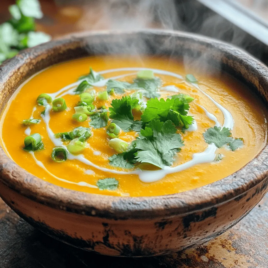 - 1 medium butternut squash - 1 tablespoon coconut oil - 1 onion, chopped - 3 cloves garlic, minced - 1 tablespoon fresh ginger, minced - 2 tablespoons red curry paste - 1 can (14 oz) coconut milk - 4 cups vegetable broth - Salt and pepper - 1 tablespoon lime juice - Fresh cilantro for garnish - Chopped scallions for garnish To make Coconut Curry Butternut Squash Soup, I focus on fresh, quality ingredients. Start with a medium butternut squash. It should be firm and heavy for its size. The coconut oil gives a rich base. I always use fresh onion, garlic, and ginger. They enhance the soup's flavor. Red curry paste adds warmth. It is key in making this soup taste bold. The coconut milk creates a creamy texture. I prefer the full-fat version for richness. Vegetable broth adds depth. I use low-sodium broth so I can control the salt. Don’t forget lime juice; it brightens the dish. Fresh cilantro and chopped scallions make great garnishes. They add color and freshness. This simple list of ingredients makes a delightful soup. For the full recipe, check out the details in the section above. 1. First, grab a large pot. Heat 1 tablespoon of coconut oil over medium heat. 2. Next, add 1 chopped onion. Sauté it for about 5 minutes until it looks clear. 3. Now, stir in 3 minced garlic cloves and 1 tablespoon of fresh minced ginger. Cook this mix for 1-2 minutes. It will smell great! 4. After that, add 2 tablespoons of red curry paste. Stir it well to blend with the onion mix. Cook for another 2 minutes. 5. Now, it’s time to add the star of the show! Toss in 1 medium butternut squash, peeled and cubed. Stir well to coat it in the curry mix. 1. Pour in 1 can of coconut milk and 4 cups of vegetable broth. Bring this to a gentle boil. 2. Lower the heat to a simmer. Cover the pot and let it cook for about 20 minutes. Check if the butternut squash is soft. 3. After the squash is tender, blend the soup until smooth. You can use an immersion blender or a regular blender. 4. If needed, return the soup to heat. Stir in 1 tablespoon of lime juice. Season with salt and pepper to taste. 1. Ladle the soup into bowls. Garnish with fresh cilantro and chopped scallions for a pop of color. 2. This soup pairs well with warm bread or a light salad. Enjoy the rich flavors! 3. For a fun twist, add a slice of lime on the side for extra zest. You can find the full recipe in the [Full Recipe]. For a smooth soup, I recommend using an immersion blender. It blends the soup right in the pot. If you don't have one, a countertop blender works too. Just blend in batches to avoid spills. To ensure the perfect texture, cook the squash until it is tender. This makes blending easier. You want it soft but not mushy. Adjusting spice levels is simple. Start with a small amount of red curry paste. You can always add more later if you want heat. Balancing flavors is key. Use lime juice to brighten the soup. Salt can help enhance sweetness from the squash. Taste as you go to find the right mix. Making this soup vegan is easy. Just check that your vegetable broth contains no animal products. If you want to make it gluten-free, use a gluten-free broth and ensure all your ingredients meet that need. To reduce calories, use light coconut milk instead of regular. This keeps the soup creamy but with fewer calories and less fat. For the full recipe and more tips, check out the [Full Recipe]. {{image_2}} You can switch up the squash in this recipe. Try acorn squash or pumpkin. These options work well too. Each squash gives a different flavor and texture. For a non-dairy twist, use almond or oat milk. This will keep the soup creamy without coconut. If you want a nut-free version, try soy milk instead. Feel free to add herbs and spices for extra flavor. Fresh basil or cilantro can brighten the soup. You can also add a pinch of cumin or coriander for warmth. Want to be adventurous? Infuse the soup with lemongrass. This adds a fresh, zesty note that pairs well with coconut and curry. Use seasonal veggies for a fresh touch. In winter, add carrots or sweet potatoes. In summer, try zucchini or bell peppers. They can enhance the soup’s flavor and nutrition. Cooking with local, seasonal ingredients not only tastes great but also supports your community. This makes your coconut curry butternut squash soup even more special. For the Full Recipe, check the link above. To keep your Coconut Curry Butternut Squash Soup fresh, store it in an airtight container. This helps prevent it from absorbing other flavors in the fridge. You can store the soup for about 3 to 5 days. Just make sure it cools down before you store it. If you want to keep the soup longer, freezing is a great option. Pour the cooled soup into freezer-safe containers or bags. Leave some space for expansion. The soup will last for about 2 to 3 months in the freezer. When ready to eat, thaw it in the fridge overnight. You can also use the microwave for quick thawing. To reheat your soup, use gentle heat to keep the flavors intact. You can warm it on the stovetop over low heat, stirring often. If you use the microwave, heat it in short bursts, stirring in between. This method keeps the soup creamy and tasty. Adding a splash of coconut milk while reheating can enhance the flavor too. For the full recipe, check out the detailed instructions above! What can I serve with Coconut Curry Butternut Squash Soup? You can enjoy this soup with crusty bread or naan. It pairs well with a fresh salad too. For a hearty meal, add grilled chicken or shrimp. How do I make it spicier or milder? To spice it up, add more red curry paste or include fresh chili peppers. For a milder taste, reduce the curry paste and add more coconut milk. Taste as you go to find your perfect balance. Can I make this soup ahead of time? Yes, you can make this soup a day ahead. Store it in the fridge and reheat it when ready. The flavors will deepen, making it even more delicious. Overview of calories per serving Each serving of this soup contains about 200 calories. This makes it a light yet filling option. Breakdown of key nutrients The soup is rich in vitamins A and C from the butternut squash. It also provides healthy fats from the coconut milk. You get fiber, which helps digestion, too. How long does it take to make Coconut Curry Butternut Squash Soup? This soup takes about 40 minutes to make. You will spend 10 minutes on prep and 30 minutes cooking. Can I speed up the cooking process? To save time, use pre-cut butternut squash. You can also cook the soup in a pressure cooker. This method reduces cooking time to about 10 minutes. In this blog post, we covered how to make Coconut Curry Butternut Squash Soup. We detailed the key ingredients, step-by-step cooking instructions, and tips for enhancing flavors. I shared how to store, freeze, and reheat leftovers to keep them tasty. Finally, I addressed common questions and provided important nutritional information. This soup is a warm, comforting dish. With its rich flavors and simple prep, you can enjoy it anytime. Give it a try and warm up your day!