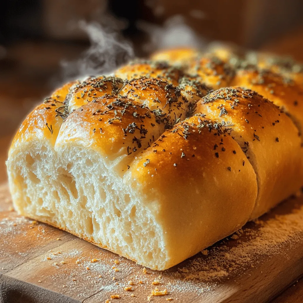To make Savory Herb Crusty Bread, you need these simple ingredients: - 4 cups all-purpose flour - 1 tablespoon instant yeast - 2 teaspoons salt - 1 tablespoon sugar - 1 ¾ cups warm water (about 110°F) - 2 tablespoons olive oil - 2 tablespoons mixed dried herbs (such as rosemary, thyme, and oregano) - 1 teaspoon garlic powder - 1 teaspoon onion powder - Cornmeal (for dusting) Each ingredient plays a key role. The all-purpose flour gives the bread structure. Instant yeast makes it rise quickly. Salt adds flavor, while sugar helps with browning. Warm water activates the yeast, and olive oil adds moisture and richness. The mixed dried herbs bring a burst of flavor. Garlic and onion powders deepen the taste. Cornmeal adds a nice texture to the crust. Gather these ingredients before you start. This makes the process easy and fun. For the full recipe, check out the Savory Herb Crusty Bread section. Happy baking! To make the dough, start by mixing the dry ingredients. In a large bowl, combine 4 cups of all-purpose flour, 1 tablespoon of instant yeast, 2 teaspoons of salt, 1 tablespoon of sugar, 2 tablespoons of mixed dried herbs, 1 teaspoon of garlic powder, and 1 teaspoon of onion powder. Stir until everything is mixed well. Next, add the wet ingredients. Pour in 1 ¾ cups of warm water and 2 tablespoons of olive oil. Use a wooden spoon or your hands to mix until the dough comes together. You want a rough dough that is not too sticky. Now it's time to knead the dough. Transfer it to a floured surface. Knead the dough for about 8 to 10 minutes. The goal is to make it smooth and elastic. If it feels too sticky, add a little more flour, but keep it light to ensure a crusty texture. After kneading, shape your dough into a ball. Place it in a lightly greased bowl. Cover it using a damp cloth or plastic wrap. Set it in a warm place to rise for about 1 to 1.5 hours. You want it to double in size during this time. Once the dough has risen, it's time to punch it down. This helps to release air bubbles. Next, shape the dough into a loaf. You can make it round or oval based on your preference. Prepare for baking by placing the loaf on a baking sheet lined with parchment paper. Dust the paper with cornmeal to prevent sticking. Cover the loaf with a cloth and let it rise again for about 30 to 40 minutes. It should look puffy when ready. While the dough rises, preheat your oven to 450°F (230°C). To get a nice crust, place a shallow pan with hot water on the bottom rack of the oven. Before baking, score the top of the loaf with a sharp knife. This allows it to expand while baking. Optionally, sprinkle some dried herbs on top for extra flavor. Bake the bread for about 25 to 30 minutes. You know it's done when it turns golden brown and sounds hollow when tapped. Once baked, let it cool on a wire rack before slicing. For more details, check the Full Recipe. Enjoy your Savory Herb Crusty Bread warm with butter or as a side dish! To get that crusty top, steam is key. Steam helps the bread rise and forms a nice crust. You can create steam by placing a shallow pan with hot water in the oven. This simple step makes a big difference. Scoring the dough is also crucial. Use a sharp knife to make slashes on top of your loaf. This allows the bread to expand while baking. Without scoring, your loaf might crack in unexpected places. Kneading the dough well is important for a fluffy inside. Knead for about 8 to 10 minutes until the dough feels smooth and elastic. If the dough sticks too much, add a small amount of flour. Moisture affects the dough's texture. Too much water makes it soggy, while too little makes it dry. Aim for a dough that feels soft but not sticky. You want it to hold its shape well. For a burst of flavor, use fresh herbs. Fresh herbs give a brighter taste than dried ones. You can mix in herbs like basil, parsley, or chives to elevate your bread. Adding ingredients like cheese or olives can also enhance flavor. Cheese adds richness, while olives give a nice briny touch. Feel free to experiment with your favorite additions. Try to balance flavors so they complement the bread. For the full recipe, check out the complete guide. {{image_2}} You can change the flavor of your Savory Herb Crusty Bread by using different herbs. An Italian herb blend gives a classic taste. This mix usually includes basil, oregano, and parsley. These herbs bring a warm, rich flavor to your bread. For a Mediterranean-style twist, try using herbs like dill, fennel, and thyme. These herbs add a fresh, vibrant taste. They pair well with olive oil, making the bread perfect for dips or spreads. If you seek a healthier option, consider using whole wheat flour. Whole wheat adds more fiber and nutrients. It also gives the bread a nutty flavor that is delightful. However, you might need to add a bit more water to the dough. For gluten-free adaptations, use a gluten-free all-purpose flour blend. Make sure the mix contains xanthan gum to help the bread rise. This will help you enjoy crusty bread without gluten. To create even more taste, add seeds like sesame or poppy. These seeds give a nice crunch and enhance the bread's look. You can sprinkle them on top before baking for a lovely finish. Roasted garlic or sundried tomatoes also make great add-ins. Roasted garlic adds a sweet, mellow flavor. Sundried tomatoes bring a tangy taste that brightens every bite. Mix these extras into the dough for a flavor-packed loaf. For the full recipe, check the earlier section. Enjoy your baking adventure! To keep your Savory Herb Crusty Bread fresh, store it at room temperature. Use a bread box or a paper bag. This helps the bread breathe. Avoid plastic bags as they trap moisture and make the crust soft. If you want to keep the bread longer, wrap it in plastic wrap. Then place it in the fridge. This slows down mold growth. However, cold storage can affect the crust's crunchiness. Freezing is a great way to save bread. To freeze your Savory Herb Crusty Bread, let it cool completely. Then wrap it tightly in plastic wrap. You can also use aluminum foil for extra protection. This keeps the bread from getting freezer burn. When it's time to eat, take the bread out and let it thaw. Leave it at room temperature for a few hours. For a warm treat, you can pop it in the oven for a few minutes. This refreshes the crust and brings back that fresh-baked taste. Making this bread takes about 2 hours and 20 minutes. Here’s the breakdown: - Prep time: 20 minutes - First rise: 1 to 1.5 hours - Second rise: 30 to 40 minutes - Baking: 25 to 30 minutes This timing allows the dough to rise well and develop flavor. Yes, you can use active dry yeast. The main difference is that active dry yeast needs to be dissolved in water first. To substitute, follow these steps: - Use the same amount of active dry yeast as instant yeast. - Mix the yeast with warm water (110°F) and a pinch of sugar. - Let it sit for about 5-10 minutes until it foams before adding to the dough. This process wakes up the yeast, ensuring it works effectively. This bread pairs well with many dishes. Here are some great options: - Soups: Perfect with a warm bowl of tomato or minestrone. - Salads: Great alongside a fresh green salad. - Cheese: Try it with a cheese platter for a fun snack. - Dips: Serve with olive oil, balsamic vinegar, or hummus. Enjoy your Savory Herb Crusty Bread with these tasty options for a complete meal! You can find the full recipe above. In this post, I shared how to make Savory Herb Crusty Bread. You learned about the key ingredients and step-by-step instructions. Tips helped you get a perfect crust and a soft inside. We explored variations and storage methods too. Baking bread at home can be fun and satisfying. Experiment with herbs or add-ins to make it your own. Enjoy this tasty bread fresh or stored for later!