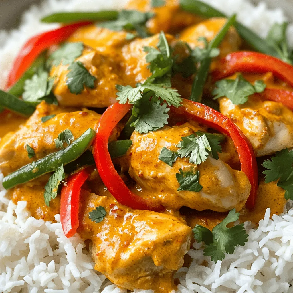 To make Coconut Curry Chicken, you need a few key ingredients. Each one adds its own flavor. Here’s what you’ll need: - 1.5 lbs chicken thighs, boneless and skinless, cut into bite-sized pieces - 1 can (13.5 oz) coconut milk - 2 tablespoons red curry paste - 1 tablespoon ginger, minced - 3 cloves garlic, minced - 1 onion, diced - 1 red bell pepper, sliced - 1 cup green beans, trimmed - 2 tablespoons fish sauce - 1 tablespoon brown sugar - 1 tablespoon lime juice - Fresh cilantro, for garnish - Cooked jasmine rice, for serving - Salt and pepper to taste - 2 tablespoons vegetable oil These ingredients create a rich and creamy dish. The chicken thighs provide great flavor and tenderness. Coconut milk gives it a creamy texture, while the red curry paste adds a warm kick. The fresh vegetables bring color and crunch. With these ingredients, you can follow the Full Recipe to a delicious Coconut Curry Chicken that everyone will love. 1. Sautéing the onion and aromatics Start by heating 2 tablespoons of vegetable oil in a large pot over medium heat. Once the oil is hot, add 1 diced onion. Cook for about 3-4 minutes until it turns soft and clear. Next, add 3 minced garlic cloves and 1 tablespoon of minced ginger. Stir for 1-2 minutes until you smell a great aroma. 2. Cooking the chicken with curry paste Now, stir in 2 tablespoons of red curry paste. Mix it well with the onion, garlic, and ginger. Let it cook for another 2 minutes. This helps bring out the rich flavors. Then, add 1.5 lbs of bite-sized chicken thighs to the pot. Stir to coat the chicken with the curry paste. Season with salt and pepper. Cook for 5-6 minutes until the chicken is browned on all sides. 3. Simmering with coconut milk and vegetables Pour in 1 can of coconut milk, 2 tablespoons of fish sauce, and 1 tablespoon of brown sugar. Bring everything to a gentle simmer. Reduce the heat to low and cover the pot. Let it simmer for about 15 minutes. After this time, add 1 sliced red bell pepper and 1 cup of trimmed green beans. Cover again and cook for another 10 minutes until the vegetables are tender and bright. Finally, stir in 1 tablespoon of lime juice. Taste and adjust the seasoning if needed. Serve your Coconut Curry Chicken warm over jasmine rice, garnished with fresh cilantro. For the complete recipe, check out the Full Recipe. To achieve perfect chicken tenderness, start with good quality chicken thighs. They stay juicy and cook well. Cut the chicken into bite-sized pieces. This helps them cook evenly. Avoid cooking the chicken too long; it can dry out. Brown it well, then simmer gently in coconut milk. Common mistakes in curry cooking include not sautéing the aromatics enough. Always cook your onions, garlic, and ginger until fragrant. This builds a strong flavor base. Also, don’t skip the simmering step. Let the flavors meld together for a rich taste. To add spice levels, consider adjusting the red curry paste. Start with less if you prefer a mild curry. You can always add more later. Another option is to throw in fresh chili peppers. They add heat and a fresh flavor. Balancing sweetness and acidity is key. The brown sugar adds sweetness, while lime juice gives bright acidity. Taste as you go. If your curry is too sweet, add more lime juice. If it’s too tart, a pinch more sugar can help. This balance makes the dish sing! For the full recipe, check out the Coconut Curry Chicken recipe above. {{image_2}} If you want to switch things up, there are many great options. For a plant-based dish, try using tofu. Cut it into cubes and add it like chicken. Tofu takes on flavors well and adds protein to your meal. Another option is shrimp. Cook it quickly to keep it tender. For those who need dairy-free and gluten-free options, coconut milk is perfect. It adds creaminess without dairy. Ensure the curry paste you choose is gluten-free. You can usually find this in the store. Just check the label. The world of coconut curry is vast. Thai and Indian coconut curries each have their own taste. Thai curry often uses fresh herbs like basil and lime leaves. It leans on sweet flavors, thanks to coconut milk and sugar. Indian curry, on the other hand, has a deeper spice mix. It often includes cumin, coriander, and turmeric. Local ingredients shape each region's curry too. In Thailand, you might find bamboo shoots and eggplants. In India, look for chickpeas and lentils. These local touches make every bowl unique. For the full recipe, check out the [Full Recipe]. To store leftovers, let your Coconut Curry Chicken cool first. Transfer it to an airtight container. This keeps it fresh and safe. Place it in the fridge right away. Make sure to eat the leftovers within three days for the best taste. If you want to keep it longer, consider freezing it. When you’re ready to enjoy your leftovers, reheat them gently. Use a saucepan over low heat. Stir often to keep the chicken moist. You can also microwave it. Cover the dish with a microwave-safe lid or wrap. Heat it in short intervals, stirring in between. This way, your curry stays tasty and the chicken remains tender. For the best flavor, serve it hot over fresh jasmine rice. Check out the Full Recipe for more details! What is the best curry paste to use? The best curry paste for this dish is red curry paste. It gives rich flavor and warmth. You can find it at most grocery stores. Some brands may vary in heat, so adjust to your taste. Can I freeze Coconut Curry Chicken? Yes, you can freeze Coconut Curry Chicken. Just cool it completely before packing it in airtight containers. It can last up to three months in the freezer. When ready to eat, thaw in the fridge overnight and reheat gently on the stove. How to adjust the recipe for dietary needs? To adjust for dietary needs, you can swap chicken for tofu or shrimp. For gluten-free, make sure your curry paste does not have gluten. You can also use less sugar for a low-sugar option. What to serve with coconut curry chicken? Coconut Curry Chicken pairs well with jasmine rice. You can also serve it with quinoa or cauliflower rice. A side of steamed broccoli or a fresh salad adds a nice crunch. How long does it take to cook coconut curry chicken? The total cooking time is about 50 minutes. This includes 15 minutes of prep time and 35 minutes of cooking time. It’s a quick dish that offers a lot of flavors! For the full recipe, feel free to check the [Full Recipe]. This blog post covers the essential elements of making a delicious coconut curry chicken. You learned about key ingredients like chicken thighs, coconut milk, and fresh vegetables. I shared step-by-step instructions for preparation and important tips to ensure tender chicken and balanced flavors. You also discovered variations and how to properly store and reheat your dish. In conclusion, making coconut curry chicken can be simple and fun. Enjoy experimenting with flavors and ingredients to make it your own!
