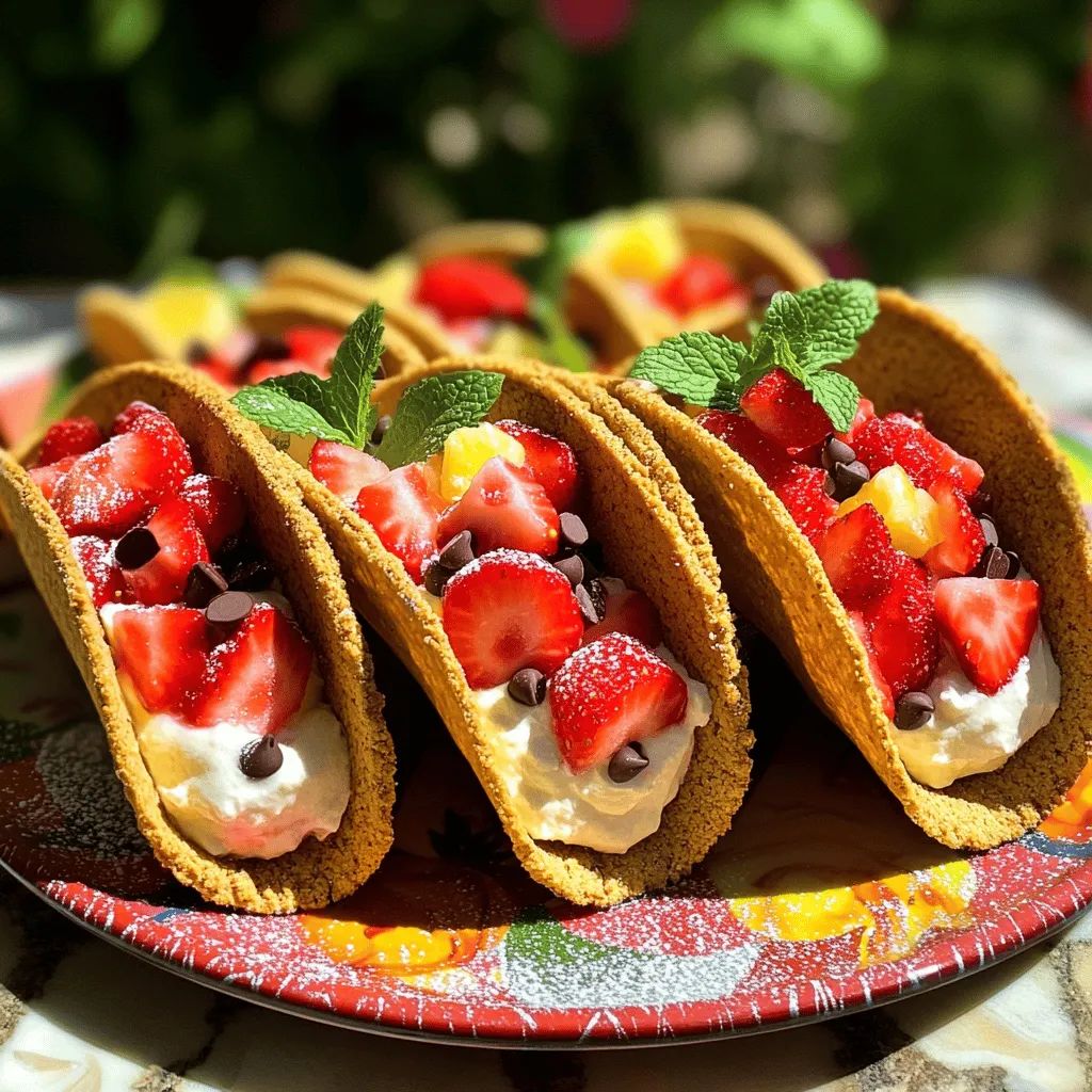 To make delightful Strawberry Cheesecake Tacos, gather these key ingredients: - 1 cup graham cracker crumbs - 2 tablespoons sugar - 1/4 cup unsalted butter, melted - 8 ounces cream cheese, softened - 1/2 cup powdered sugar - 1 teaspoon vanilla extract - 1/2 cup whipped cream - 1 cup fresh strawberries, diced - 1 tablespoon lemon juice - 6 small flour tortillas - 1/4 cup chocolate chips (optional)