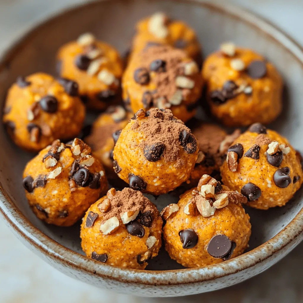 - 1 cup rolled oats - 1/2 cup pumpkin puree - 1/3 cup nut butter (almond or peanut) - 1/4 cup honey or maple syrup - 1 teaspoon vanilla extract - 1 teaspoon pumpkin spice (or a mix of cinnamon, nutmeg, and ginger) - 1/4 teaspoon salt - 1/2 cup chocolate chips or dried cranberries - 1/4 cup chopped nuts (almonds, walnuts, or pecans) I love using simple ingredients to make delicious snacks. The base of these bites is rolled oats, which give a hearty texture. Pumpkin puree adds moisture and flavor. Nut butter, like almond or peanut, binds it all while giving healthy fats. Honey or maple syrup adds sweetness, making them taste great. A splash of vanilla extract enhances the flavor. The pumpkin spice blend brings that cozy fall taste, too. You can get creative with optional add-ins. Chocolate chips or dried cranberries add a fun twist. Chopped nuts give extra crunch and flavor. Feel free to mix and match these ingredients based on what you have at home. For the full recipe, check the section above. - Combine dry ingredients in a large mixing bowl. - Mix wet ingredients until smooth. Start by taking your large mixing bowl. Add 1 cup of rolled oats to it. Next, spoon in 1/2 cup of pumpkin puree. Then, add 1/3 cup of nut butter, like almond or peanut. Drizzle in 1/4 cup of honey or maple syrup. Mix these well until everything blends smoothly. - Stir in spice and salt. - Fold in optional add-ins. Now, add 1 teaspoon of pumpkin spice to the bowl. If you like, you can use a mix of cinnamon, nutmeg, and ginger instead. Sprinkle in 1/4 teaspoon of salt. Stir all these together until they are evenly mixed. If you want to add some fun, fold in 1/2 cup of chocolate chips or dried cranberries. You can also mix in 1/4 cup of chopped nuts, like almonds or walnuts. - Roll into tablespoon-sized balls. - Chill if mixture is sticky. - Refrigerate to set. Use your hands to scoop out portions. Roll them into tablespoon-sized balls. If the mixture feels sticky, chill it in the fridge for about 15-20 minutes. This makes it easier to roll. After rolling, place the energy bites on a baking sheet lined with parchment paper. Refrigerate them for at least 30 minutes to set. Enjoy your tasty Pumpkin Spice Energy Bites! For more details, check the Full Recipe. To make the best pumpkin spice energy bites, start by checking the texture. Make sure the mixture isn’t too dry or too wet. A good mix holds together but is moist. If it feels too sticky while rolling, use cold hands. This will help keep the mixture from sticking to your skin. If needed, chill the mix in the fridge for a bit before rolling. Presentation matters! Arrange your energy bites in a festive bowl. This adds a fun touch to your snack table. For an extra flair, sprinkle some pumpkin spice on top. It makes them look fancy and delicious. These energy bites are great for many occasions. Enjoy them as a quick breakfast when you're in a hurry. They also work well as a healthy snack throughout the day. You can grab one anytime you need a boost! For the full recipe, check out the [Full Recipe]. {{image_2}} You can change the flavor of your energy bites easily. Swap pumpkin spice with apple pie spice for a sweet twist. This will give you a warm, cozy taste. Another idea is to add vanilla protein powder. This boosts the nutrition in your snack. It makes them even better for you. If you need a nut-free option, replace nut butter with sunflower seed butter. This works well and keeps the bites creamy. For a vegan version, use agave syrup instead of honey. It still keeps the bites sweet and delicious. For a fun treat, dip the energy bites in melted dark chocolate. This adds a rich flavor that many love. After dipping, roll them in shredded coconut. This gives a nice texture and adds a tropical feel. You can find the full recipe above to try these variations! Keep your pumpkin spice energy bites in an airtight container in the refrigerator. This helps keep them fresh. You can enjoy these tasty bites for up to one week. After that, they may lose their flavor and texture. To store your energy bites for a longer time, freezing is a great option. First, place them in a single layer on a baking sheet. Freeze them for about an hour. Then, transfer the frozen bites to an airtight container or a freezer bag. This method prevents them from sticking together. When you want to enjoy your frozen energy bites, take them out and let them thaw at room temperature. This usually takes about 15-20 minutes. You can also microwave them for a few seconds if you're in a hurry. Enjoy your delicious pumpkin spice energy bites any time! For the full recipe, check out the complete instructions above. Pumpkin spice energy bites stay fresh for about a week in the fridge. Store them in an airtight container. If you want to keep them longer, freeze the bites. They can last up to three months in the freezer. Just remember to thaw them in the fridge before eating. Yes, you can easily make these energy bites vegan! Simply replace honey with maple syrup. Use almond or peanut butter if they are vegan-friendly. This keeps the flavor rich and creamy. Check the labels to ensure all ingredients are plant-based. If you don't have pumpkin puree, you can use mashed sweet potatoes. They give a similar texture and sweetness. You can also try unsweetened applesauce, but it will change the flavor a bit. Each option keeps your energy bites moist and tasty. These energy bites are simple and tasty. We started with key ingredients like oats, pumpkin puree, and nut butter. Then, I shared how to mix and form them. Tips helped perfect your bites, while variations offered flavor choices. For a quick snack or breakfast, they work great. Remember to store them right for best taste. Make them your own with substitutions or toppings. Enjoy making these easy, healthy treats!