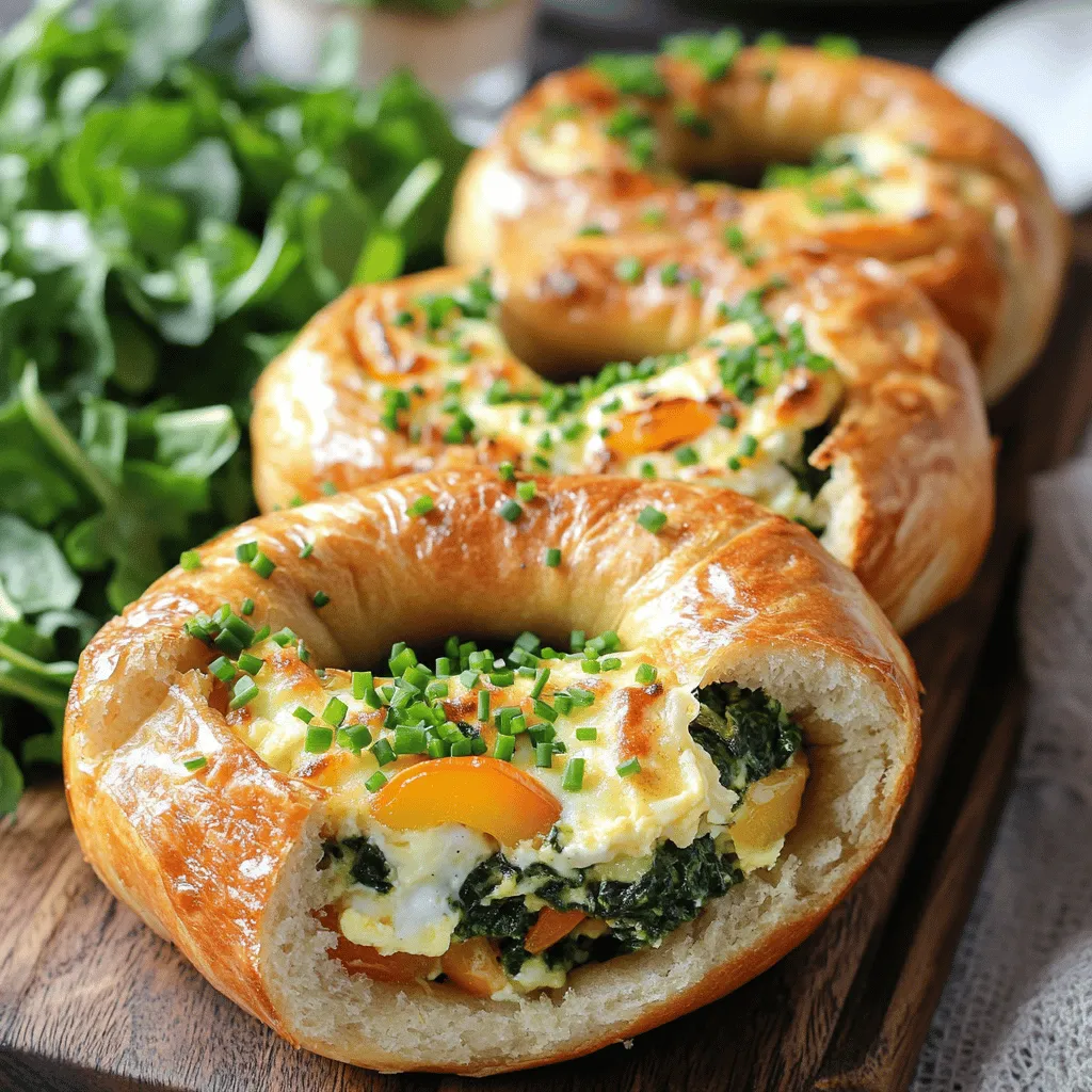 To make delicious quiche stuffed bagels, you need: - 4 plain bagels, sliced in half - 6 large eggs - 1 cup heavy cream - 1 cup shredded cheese (cheddar or Swiss) - 1 cup diced vegetables (spinach, bell peppers, and onions)