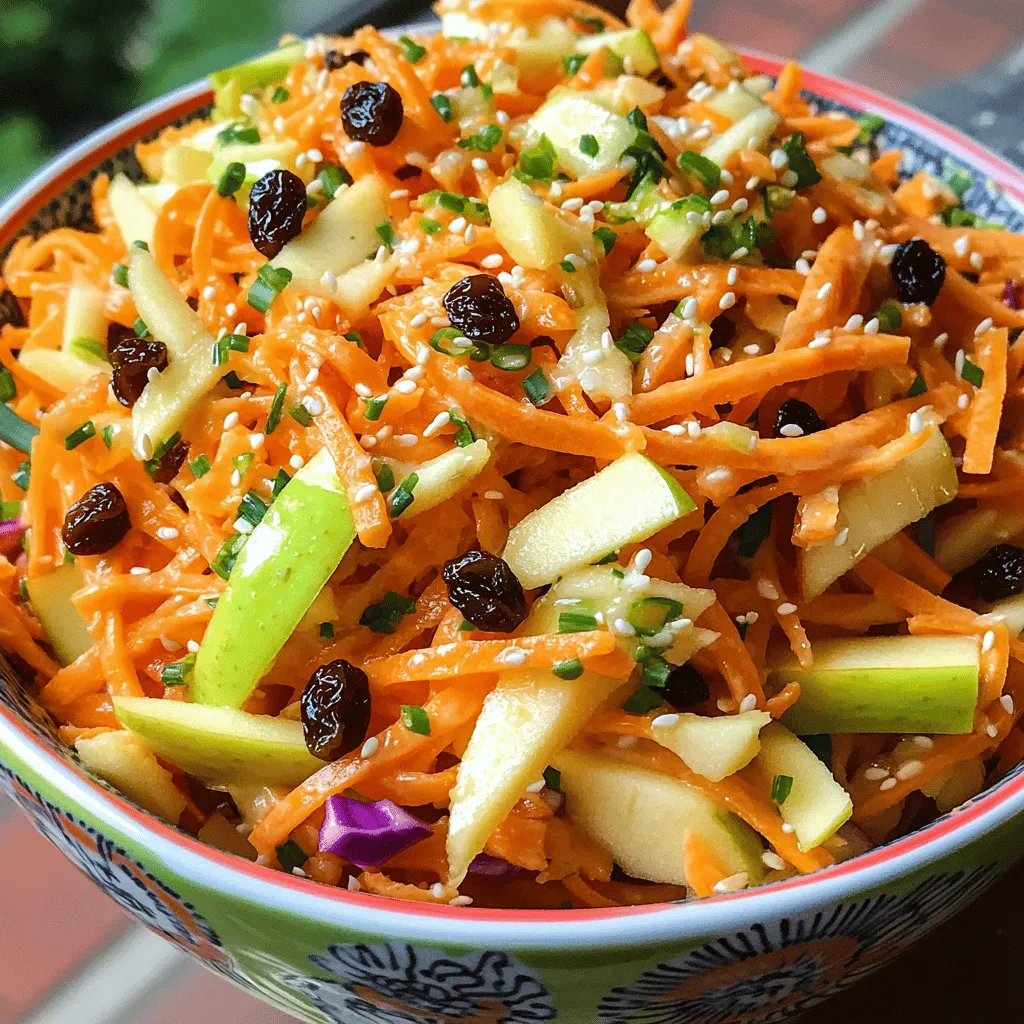 - 2 cups shredded carrots - 1 large apple (like Granny Smith), grated - 1 cup red cabbage, finely shredded - 1/2 cup raisins or dried cranberries - 1/4 cup green onions, chopped - 1/2 cup plain Greek yogurt - 2 tablespoons apple cider vinegar - 1 tablespoon honey or maple syrup - 1 teaspoon Dijon mustard - Salt and pepper to taste