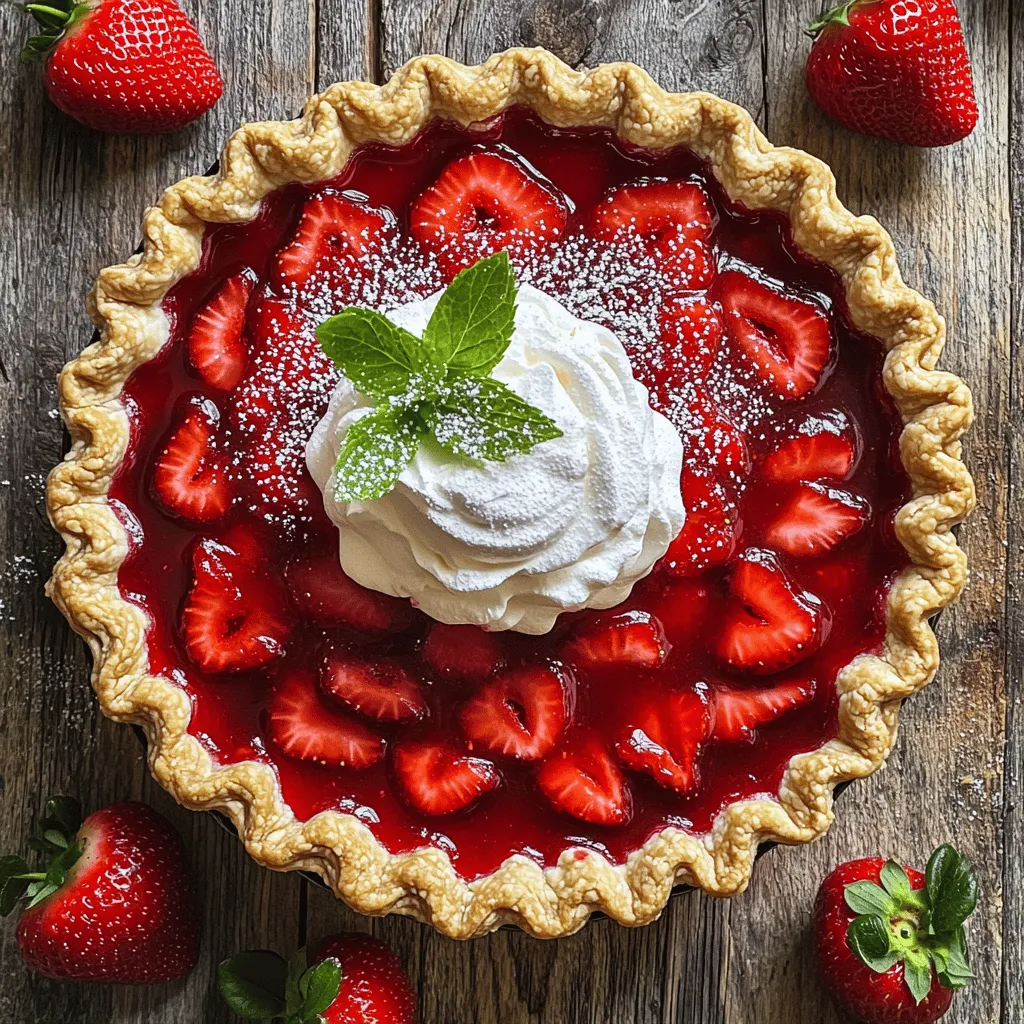 For the best strawberry pie, start with fresh strawberries. Look for bright red berries that feel firm and smell sweet. You need <strong>3 cups of fresh strawberries</strong>, hulled and halved. This gives your pie a vibrant look and taste. Fresh strawberries make all the difference in flavor.” /></p>
</p>
<h2>Variations</h2>
</p>
<h3>No-Bake Strawberry Pie</h3>
<p>You can make a simple no-bake version of strawberry pie. This is perfect for hot days. Start with a ready-made graham cracker crust. Mix fresh strawberries, sugar, and cornstarch. Use a blender to puree half of the strawberries. Stir this puree into the chopped strawberries. Pour this mix into the crust. Chill it for several hours. This pie is light and refreshing, perfect for summer.</p>
</p>
<h3>Gluten-Free Options</h3>
<p>If you need a gluten-free option, use a gluten-free pie crust. Many stores sell these. You can also make your own crust using almond flour or crushed gluten-free cookies. For the filling, stick to the basic recipe. Just ensure all ingredients are gluten-free. This way, everyone can enjoy your pie without worry.</p>
</p>
<h3>Swapping Ingredients for Flavor</h3>
<p>You can swap some ingredients to change the flavor. For a tangy twist, add lime juice instead of lemon juice. You can also mix in other fruits, like raspberries or blueberries. If you want a richer taste, try using brown sugar instead of white sugar. Each swap makes the pie unique, so feel free to experiment. Try the Full Recipe to see how these changes work.</p>
</p>
</p>
<h2>Storage Info</h2>
</p>
<h3>Best Practices for Refrigerating</h3>
<p>To keep your pie fresh, store it in the fridge. Use a pie cover or plastic wrap. This prevents the pie from drying out. It also stops other smells in the fridge from affecting the flavor. If you want to keep it longer, place it in an airtight container. Make sure to chill your pie before covering it.</p>
</p>
<h3>How Long Does Strawberry Pie Last?</h3>
<p>A homemade strawberry pie lasts about 3 to 4 days in the fridge. Always check for any signs of spoilage, like a change in smell or texture. If you keep it wrapped well, it can stay fresh longer. However, it’s best enjoyed fresh. The sooner you eat it, the better the taste!</p>
</p>
<h3>Freezing Strawberry Pie</h3>
<p>You can freeze your strawberry pie for later. Wrap it tightly in plastic wrap and aluminum foil. This helps prevent freezer burn. A frozen pie can last for up to 3 months. To enjoy it, thaw it in the fridge overnight before serving. Just know that the texture may change slightly after freezing, but the flavor will still be great! For the best results, it’s better to freeze the pie before adding whipped cream. Add the cream after thawing for the best taste.</p>
</p>
<h2>FAQs</h2>
</p>
<h3>Can I use frozen strawberries for the Best Strawberry Pie?</h3>
<p>Yes, you can use frozen strawberries. They work well in pies. Just thaw them first. Drain the liquid to avoid a soggy pie. Frozen strawberries may be softer than fresh ones. This can change the texture a bit. Still, the taste will be great!</p>
</p>
<h3>How do I make my pie crust from scratch?</h3>
<p>Making pie crust from scratch is easy. You need just a few ingredients. Here’s a simple method:</p>
</p>
<p>– 1 ½ cups all-purpose flour</p>
<p>– ½ teaspoon salt</p>
<p>– ½ cup cold butter, cut into small pieces</p>
<p>– 4-5 tablespoons ice water</p>
</p>
<p>1. In a bowl, mix the flour and salt.</p>
<p>2. Add the cold butter. Use a fork or pastry cutter to mix.</p>
<p>3. When it looks like crumbs, add ice water, one tablespoon at a time.</p>
<p>4. Mix until it forms a dough. Don’t overwork it!</p>
<p>5. Shape it into a disk and chill for 30 minutes.</p>
<p>6. Roll it out, then fit it into your pie dish.</p>
</p>
<p>This crust is flaky and perfect for your strawberry pie!</p>
</p>
<h3>What is the best way to garnish a strawberry pie?</h3>
<p>Garnishing your strawberry pie adds flair. Here are some fun ideas:</p>
</p>
<p>– Use fresh mint leaves for color.</p>
<p>– Add a dollop of whipped cream on each slice.</p>
<p>– Arrange sliced strawberries on top for a pretty look.</p>
<p>– Drizzle some chocolate or caramel sauce for extra flavor.</p>
</p>
<p>These garnishes make your pie look as good as it tastes! For the full recipe, check out the Divine Strawberry Dream Pie.</p>
</p>
<p>This blog post covered how to make a delicious strawberry pie. We talked about choosing fresh strawberries, different pie crust options, and how to make whipped cream. You learned step-by-step instructions for prepping, cooking, and serving. We shared tips for picking the best strawberries and ideas for variations, like making it gluten-free. Lastly, we discussed storage tips to keep your pie fresh. Enjoy making your pie, and share it with friends!</p>
</div>