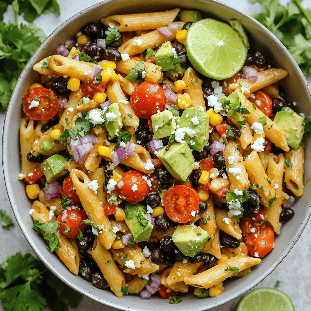 - 8 ounces penne pasta - 1 can (15 ounces) black beans, rinsed and drained - 1 cup cherry tomatoes, halved - 1 red bell pepper, diced - 1 avocado, diced - 1/2 cup corn (fresh, frozen, or canned) - 1/4 cup red onion, finely chopped - 1/4 cup fresh cilantro, chopped - 1/4 cup crumbled feta cheese (optional) - 1/4 cup olive oil - 2 tablespoons lime juice - 1 tablespoon chipotle sauce (adjust for spice preference) - 1 teaspoon cumin - Salt and pepper, to taste