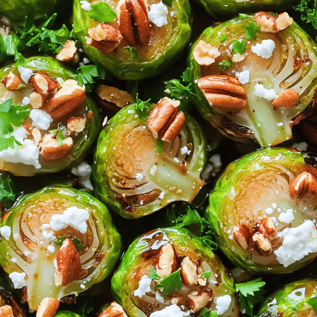 - 1 pound Brussels sprouts, trimmed and halved - 3 tablespoons balsamic vinegar - 2 tablespoons maple syrup - 2 tablespoons olive oil - 1 teaspoon Dijon mustard - 3 cloves garlic, minced - Salt and pepper to taste - 1/4 cup chopped pecans (toasted) - 2 tablespoons crumbled feta cheese (optional) - Fresh parsley, chopped (for garnish) - Baking sheet - Parchment paper - Large mixing bowl - Whisk The main players in this dish are Brussels sprouts. Their natural taste shines when roasted. Balsamic vinegar adds a tangy kick, while maple syrup brings sweetness. Olive oil helps everything crisp up nicely. Dijon mustard and garlic add depth and flavor. For extra crunch, I like to sprinkle toasted pecans on top. Feta cheese is optional but adds a nice creaminess. Fresh parsley gives a pop of color and freshness. Gather these ingredients, and you're ready to create a side that wows. This recipe is easy to follow and perfect for any meal. You can find the full recipe to get started right away. - Preheat the oven to 400°F (200°C). - Prepare the baking sheet by lining it with parchment paper. - Whisk together balsamic vinegar, maple syrup, olive oil, Dijon mustard, minced garlic, salt, and pepper. - Toss Brussels sprouts in the balsamic mixture. Spread them on the baking sheet. Roast for 20-25 minutes. - Stir halfway through for even cooking. These steps make your Brussels sprouts crispy and full of flavor. The balsamic glaze brings a sweet and tangy taste. When you pull them out of the oven, they will look amazing and smell incredible. Enjoy every bite! To get the best flavor, adjust the maple syrup. Add more if you want it sweeter. Use fresh garlic instead of dried. Fresh garlic gives a stronger taste that really shines. Watch the roasting time. If your Brussels sprouts are big, they may need more time. Smaller ones cook faster. Stir them halfway to ensure they cook evenly. Always serve the Brussels sprouts warm. Garnish with parsley for a fresh touch. This adds color and makes the dish look great. You can also sprinkle some toasted pecans on top for added crunch. Enjoy the blend of flavors! {{image_2}} You can make balsamic glazed Brussels sprouts even better by adding seasonal veggies. Try mixing in sliced carrots or cubed sweet potatoes. Both add color and a hint of sweetness. They pair well with the tangy balsamic glaze. You can roast them alongside the Brussels sprouts for a tasty dish. Want to spice things up? Add red pepper flakes for heat. A dash will wake up your taste buds. If you prefer a fresh twist, sprinkle lemon zest on top. It brightens the flavors and adds a nice zing. Both options can take your dish from good to great. If you're looking for a vegan option, swap feta cheese for a dairy-free alternative. You can also leave it out completely. This change gives a nutty flavor and keeps the dish plant-based. Plus, it lets the Brussels sprouts shine on their own. Store leftovers in an airtight container for up to 3 days. This keeps the flavors fresh. Make sure to let them cool before sealing. Reheat in the oven to retain crispiness. Set the oven to 350°F (175°C) for about 10 minutes. If you’re in a hurry, you can microwave them for quick meals. Just keep in mind they may not be as crunchy. Freezing is not recommended as texture may degrade upon thawing. The sprouts can become mushy, losing their delicious crunch. It’s best to enjoy them fresh! Yes, you can prepare and roast them and reheat before serving. Make sure to store them in a container. This way, they stay fresh and ready to eat. Yes, they are low in calories and high in vitamins and minerals. Brussels sprouts provide vitamin K, vitamin C, and fiber. Eating them can help support a healthy diet. They pair well with proteins like grilled chicken or steak. You can also serve them with fish or tofu for a tasty meal. Their sweet and tangy flavor complements many dishes. They should be crispy on the outside and tender when pierced with a fork. Check them around the 20-minute mark. If they are golden brown, they are ready. You can visit the "Full Recipe" section specifically for detailed instructions. This will guide you through each step for the best results. This blog post guides you through making balsamic glazed Brussels sprouts. You start with fresh ingredients like Brussels sprouts, balsamic vinegar, and garlic. The steps include mixing, roasting, and perfecting the glaze. Consider variations like seasonal veggies for added taste. Remember to store and reheat properly to enjoy leftovers. Balsamic glazed Brussels sprouts are a tasty and healthy side dish. You can impress your guests with this easy recipe and enjoy every bite.