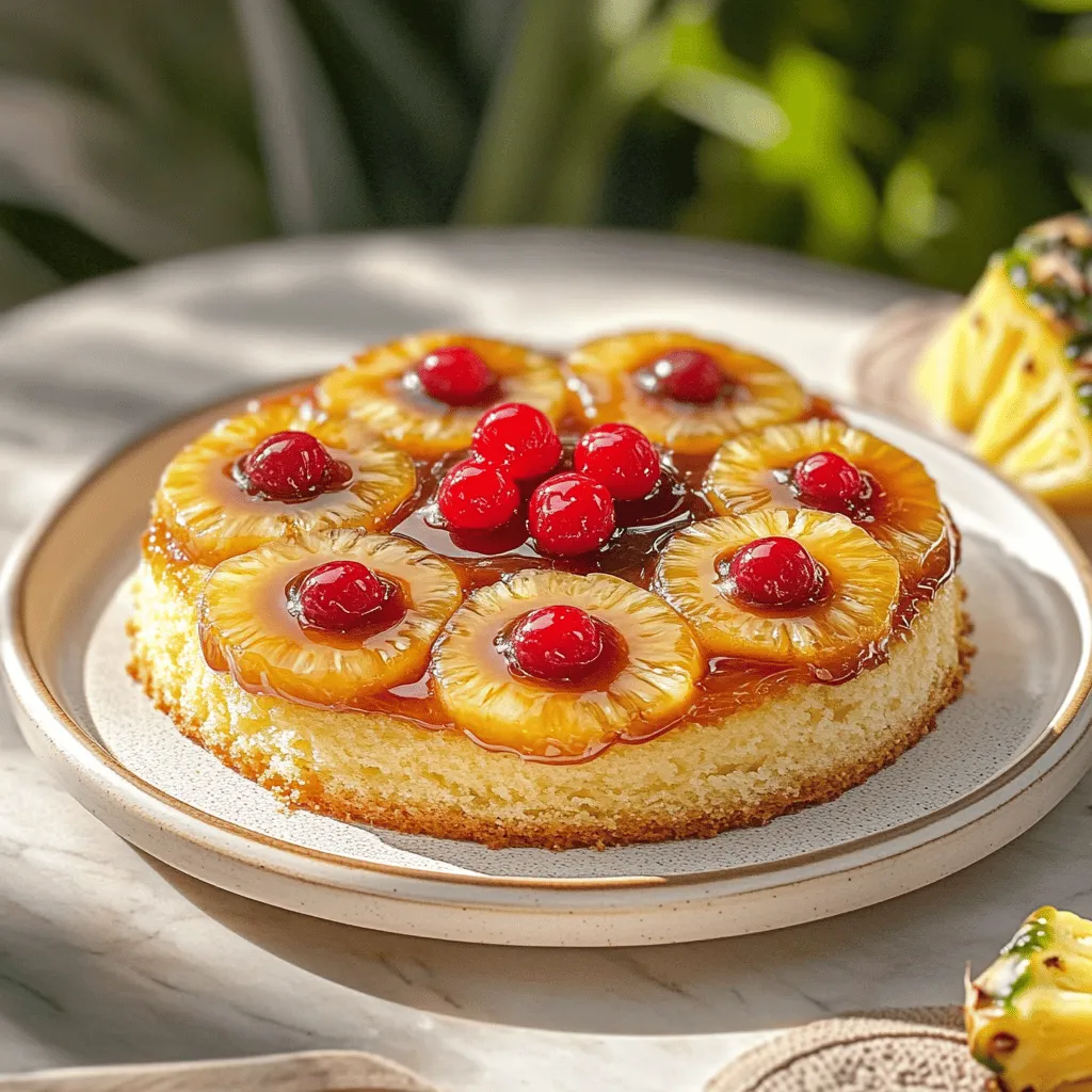 To make a delightful pineapple upside-down cake, gather these simple ingredients: - 1/4 cup unsalted butter - 1/2 cup brown sugar, packed - 1 can (20 oz) pineapple slices in juice, drained (reserve the juice) - Maraschino cherries, for garnish (optional) - 1 cup all-purpose flour - 1 cup granulated sugar - 1/2 cup milk (you can substitute with pineapple juice for a stronger flavor) - 1/4 cup vegetable oil - 3 large eggs - 1 1/2 teaspoons baking powder - 1 teaspoon vanilla extract - 1/4 teaspoon salt