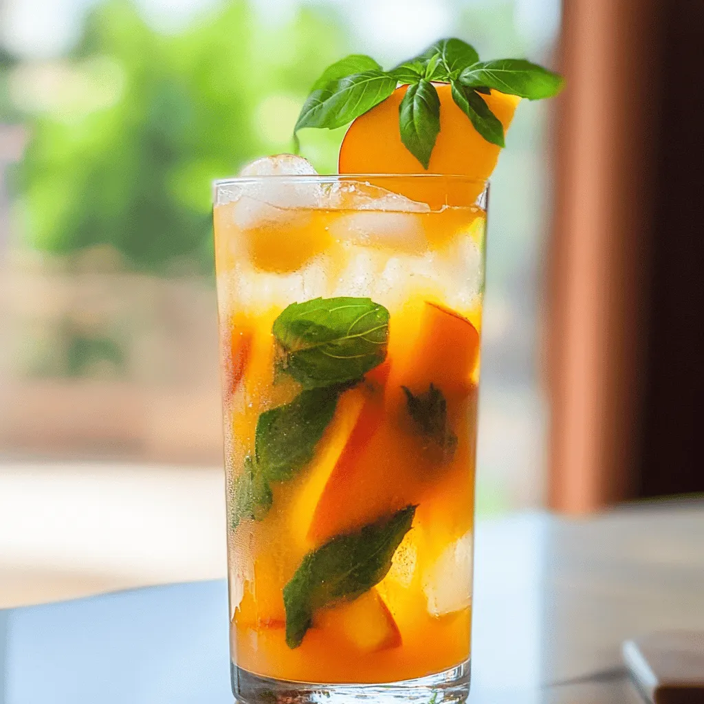 To make a great Peach Basil Iced Tea, you need fresh and tasty ingredients. Here’s what you will need: - 4 cups water - 4 black tea bags - 2 ripe peaches, pitted and diced - 1/4 cup fresh basil leaves, plus extra for garnish - 1/4 cup honey or agave syrup (adjust to taste) - Juice of 1 lemon - Ice cubes These ingredients work together to make a refreshing drink. The sweet peaches and fragrant basil add a nice twist to the classic iced tea. You can customize your Peach Basil Iced Tea with different ingredients. Here are some options: - Use green tea instead of black tea for a lighter flavor. - Swap honey for maple syrup or stevia for a different sweetness. - Add a splash of sparkling water for some fizz. - Try mint leaves if you want a fresh change instead of basil. These substitutions can give your drink a new taste while still being delicious. Black tea is the best choice for this recipe. It has a strong flavor that pairs well with the sweet peaches and basil. You can use other types of tea if you prefer, like green tea or herbal tea. Just remember that each type will change the taste a bit. Black tea gives a rich base, while other teas might be lighter or more floral. For the full recipe, check the section earlier. First, we need to make the tea. Start by boiling 4 cups of water in a medium saucepan. Once the water is boiling, remove it from heat. Place the 4 black tea bags in the water. Let the tea steep for 5 to 7 minutes. This time will change the flavor strength. If you like stronger tea, steep it longer. After steeping, take out the tea bags. Let the tea cool to room temperature. While the tea cools, we can make the peach-basil puree. In a blender, add the diced peaches, fresh basil leaves, honey or agave syrup, and lemon juice. Blend the mix until it is smooth. This will create a bright and tasty puree. To make sure the texture is nice, strain the mixture through a fine mesh sieve. This step removes any solid bits. Now, it’s time to mix everything together. In a large pitcher, combine the cooled tea with the peach-basil puree. Stir well to mix the flavors. Once combined, chill the mixture in the refrigerator for at least 1 hour. This helps the flavors meld together. When ready to serve, fill glasses with ice cubes. Pour the peach basil iced tea over the ice. You can garnish with a fresh basil leaf or a slice of peach if you want. Enjoy this refreshing drink on a hot day! To get the right mix, you need ripe peaches and fresh basil. The sweet taste of peaches pairs well with the herbal notes of basil. If your peaches are not sweet enough, add a bit more honey or agave. You can also try adding lemon juice. It adds a nice zing to the drink. When you steep the tea, timing is key. Remove the tea bags after 5-7 minutes. If you leave them in too long, the tea can turn bitter. Use boiling water to extract full flavor. Let the tea cool before mixing it with your peach-basil puree. Serve your peach basil iced tea in clear glasses. This way, the vibrant colors shine through. Add ice cubes for an extra chill. Garnish each glass with a fresh basil leaf and a peach slice for a lovely look. For a fun twist, try using a fun straw or a colorful rim. These little touches make your drink special. For the full recipe, check out the detailed steps above. {{image_2}} You can change the sweetness in Peach Basil Iced Tea. Honey is great, but you can try other sweeteners. Maple syrup adds a nice twist. You can also use stevia for a low-calorie option. Just remember to adjust the amount based on your taste. Want to enhance the flavor? Add a pinch of cinnamon or a splash of vanilla extract. Both can make your drink even more special. To make your tea sparkling, swap regular water for sparkling water. After mixing the cooled tea with the peach-basil puree, gently stir in the sparkling water. This keeps the bubbles alive. Serve it over ice, and watch the fizz. It’s a fun twist for summer parties. Peach Basil Iced Tea is tasty, but you can mix it up! In summer, try fresh berries like raspberries or strawberries. In fall, use apples or pears for a cozy feel. Just chop the fruit and blend it like the peaches. Each fruit adds its own flavor, making every batch unique. For the full recipe, check the link above. To store leftover peach basil iced tea, first cool it to room temperature. Then, pour it into a clean pitcher or jar. Be sure to cover it tightly with a lid or plastic wrap. This helps keep it fresh and tasty. You can store it in the fridge for up to three days. For a refreshing drink, serve the iced tea cold. Pour it over ice and add a peach slice or basil for flair. If you want to enjoy it warm, heat it gently in a saucepan. Use low heat to avoid boiling. Stir often and serve it warm with lemon slices. Peach basil iced tea can last in the fridge for three days. After that, it may lose flavor and freshness. Always check for any off smells or changes in color. If it smells funny or looks strange, it is best to toss it out. Keeping it in a sealed container helps prevent spills and keeps it fresh. The best type of peach for this recipe is a ripe freestone peach. Freestone peaches have flesh that separates easily from the pit. They are sweet and juicy, perfect for blending into the tea. Look for peaches that feel slightly soft and have a sweet aroma. You can also use yellow or white peaches, as both add a lovely flavor. You can use dried basil, but the flavor will differ. Fresh basil gives a bright and aromatic taste. Dried basil offers a more muted flavor. If using dried basil, use about one-third of the amount. So, instead of 1/4 cup of fresh, use about 1 tablespoon of dried. Add it to the tea while steeping for the best taste. To make this drink without added sugar, skip the honey or agave syrup. Instead, use ripe peaches for natural sweetness. The peach-basil puree will add flavor and sweetness without added sugar. You can also add a splash of lemon juice for tartness. This way, you enjoy a refreshing drink that is both tasty and healthy. For the full recipe, check out the detailed steps above. This blog post covered how to make Peach Basil Iced Tea. We looked at key ingredients and the best types of tea. You learned step-by-step how to prepare the tea base and make the puree. Helpful tips showed how to balance flavors and present your drink. We also explored variations, storage tips, and answered common questions. Enjoy experimenting with this drink. You can create a refreshing treat for any occasion.