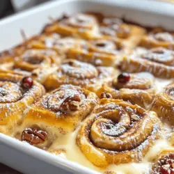 - 2 cans (12.4 oz each) refrigerated cinnamon rolls - 6 large eggs - 1 cup milk The main ingredients make this dish easy and fun. The cinnamon rolls give a sweet base. Eggs and milk create a custard that binds everything together. - 1 teaspoon vanilla extract - 1 teaspoon ground cinnamon - 1/4 teaspoon nutmeg Flavor enhancers take it to the next level. Vanilla extract adds warmth. Ground cinnamon deepens the spice, while nutmeg gives a hint of nutty flavor. - 1/2 cup maple syrup - 1/2 cup chopped pecans - 1/2 cup raisins or dried cranberries Add-ins let you customize your casserole. Maple syrup adds extra sweetness. Pecans give crunch, and raisins or cranberries bring a chewy texture. You can mix and match to fit your taste. For the complete recipe, refer to the [Full Recipe]. - Preheat your oven to 350°F (175°C). This helps the casserole cook evenly. - Grease a 9x13 inch casserole dish. Use butter or cooking spray to prevent sticking. - Open the cans of cinnamon rolls. Cut each roll into quarters. This makes them easy to layer. - Place the cinnamon roll pieces evenly in the greased dish. Make sure to spread them out. - In a large bowl, whisk together the eggs, milk, vanilla extract, ground cinnamon, nutmeg, and maple syrup. Mix until smooth and well combined. - Pour the egg mixture over the cinnamon roll pieces. Ensure every piece gets soaked in the liquid. - Bake in the preheated oven for about 25-30 minutes. Watch for a puffed and golden top. - Remove from the oven and let it cool for 5 minutes. Drizzle the included cream cheese icing over the top while warm for extra flavor. Follow the [Full Recipe] for more detailed instructions! To avoid sogginess in your cinnamon roll casserole, make sure you don’t soak the roll pieces too long. You want them to absorb the egg mixture but not turn to mush. Keep an eye on the cooking time. If you like a firmer texture, reduce the baking time by a few minutes. The casserole should puff up and turn golden brown. Spices can really elevate your dish. Besides cinnamon, try adding a pinch of cardamom or ginger for warmth. You could also mix in some vanilla bean paste for a richer taste. When it comes to toppings, fresh fruit like strawberries or blueberries pairs well. You can also add a drizzle of caramel sauce for an extra sweet kick. Serving your casserole warm makes it even more inviting. Dust the top with powdered sugar for a pretty finish. You can also add a dollop of whipped cream or a scoop of vanilla ice cream for a treat. If you want to impress, serve it in individual ramekins. It not only looks nice but makes it easy for guests to enjoy! {{image_2}} You can change up the flavors in your cinnamon roll casserole. Here are two fun ideas: - Chocolate Chip Cinnamon Roll Casserole: Add 1 cup of chocolate chips to the mixture. The chocolate melts and creates a gooey, sweet treat. This turns your breakfast into a dessert that kids and adults love! - Apple Cinnamon Roll Casserole: Fold in 1 cup of diced apples and a sprinkle of cinnamon. This gives a fresh twist and adds a fruity note. The apples soften and blend beautifully with the cinnamon rolls. If you need to make this dish fit your diet, there are easy swaps. - Gluten-Free Options: Use gluten-free cinnamon rolls available at stores. You can find many brands that taste great. Just be sure to check the baking instructions as they may differ. - Vegan Alternatives: Replace eggs with 1/2 cup of unsweetened applesauce. Use plant-based milk like almond or soy. You can also find vegan cinnamon rolls in stores for a complete vegan meal. You can also add seasonal flavors to your casserole. This makes it special for any time of year. - Adding Pumpkin Puree in Fall: Mix in 1 cup of pumpkin puree. This adds a warm flavor and pairs well with cinnamon. It's perfect for cozy autumn mornings. - Using Fresh Berries in Summer: Toss in 1 cup of fresh berries, like blueberries or strawberries. They add a burst of color and flavor. The berries create a refreshing twist for warm summer days. For the full recipe, check out the link earlier in the article! To store leftovers, wait until the casserole cools. Then, cover it with plastic wrap or foil. You can also use an airtight container. This keeps it fresh and tasty. Place it in the fridge. It should last about three to four days. For best cooling, let it sit at room temperature for about 30 minutes. Avoid putting hot food directly in the fridge. This keeps your fridge at a safe temperature. To prepare for freezing, cut the casserole into individual portions. Wrap each piece tightly in plastic wrap. Then, place them in a freezer-safe bag or container. Label the bags with the date. This helps you know how long it’s been frozen. For reheating, remove the casserole from the freezer. Let it thaw in the fridge overnight. You can also use the microwave for quick meals. Heat it on low power to ensure it warms evenly. Cinnamon roll casserole stays fresh for about three to four days in the fridge. In the freezer, it can last up to three months. Look for signs that it’s gone bad. If it has a sour smell or discoloration, it’s time to toss it. Mold is also a clear sign it’s no longer good. Always check before you enjoy your delicious treat! To check if your casserole is done, look for a few signs. First, the top should be golden brown and puffed up. You can insert a toothpick into the center. If it comes out clean, your casserole is ready. If it still has wet batter, let it bake for a few more minutes. Yes, you can prep this casserole ahead of time. Prepare the dish up to the point of baking. Cover it with plastic wrap and keep it in the fridge overnight. This way, you can bake it fresh in the morning. Just remember to add a few extra minutes to the baking time if it’s cold from the fridge. This casserole is great on its own, but you can add some tasty sides. Fresh fruit like berries or bananas makes a nice touch. You can also serve it with crispy bacon or sausage for a hearty breakfast. For drinks, consider coffee, tea, or fresh juice to complement the sweet flavors. Yes, you can make a gluten-free version of this casserole. Look for gluten-free cinnamon roll dough, which many brands now offer. Some good brands are Pillsbury and Bob’s Red Mill. You will need to adjust baking times slightly, so keep an eye on it as it cooks. This blog covered how to make a delicious cinnamon roll casserole. We explored the main ingredients, flavor enhancers, and optional add-ins that boost taste. The step-by-step instructions made prepping simple and clear. I shared tips for achieving the perfect texture and enhancing flavors. You can even try fun variations and learn storage methods for leftovers. Now, you have all you need to make this tasty dish. Enjoy the process, and share it with friends and family!