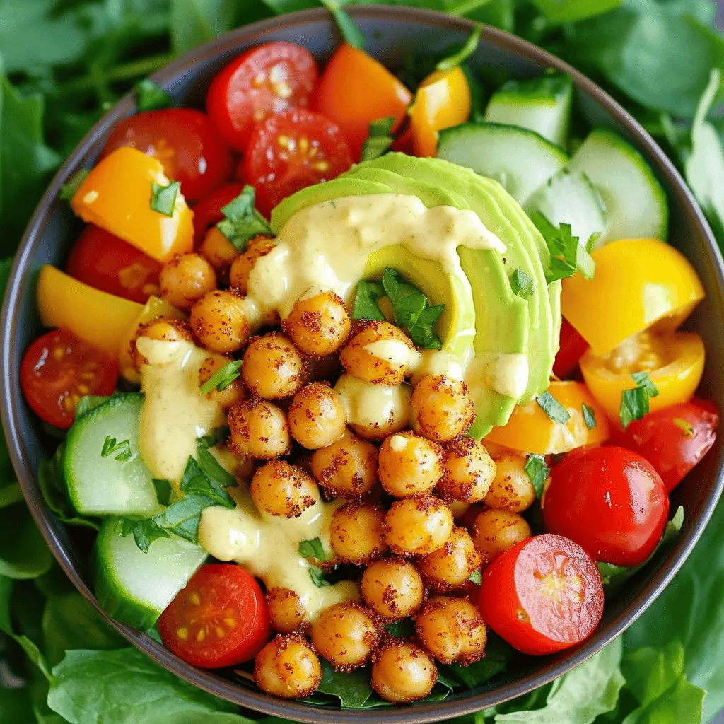 To make a Crispy Chickpea Salad, you need simple and fresh ingredients. Here is what you will need: - 1 can (15 oz) chickpeas, drained and rinsed - 2 tablespoons olive oil - 1 teaspoon smoked paprika - 1 teaspoon garlic powder - Salt and pepper to taste - 1 cup cherry tomatoes, halved - 1 cucumber, diced - 1 small red onion, finely chopped - 1 bell pepper (any color), diced - 2 cups mixed greens (arugula, spinach, or your choice) - 1 avocado, sliced - 2 tablespoons lemon juice - 2 tablespoons tahini (optional) These ingredients give the salad its great taste and texture. You can customize your salad with fun add-ins. For a crunch, try adding: - Radishes, sliced thin - Carrots, shredded - Olives, sliced If you want to change the greens, feel free to use kale or romaine. You can also swap chickpeas for black beans or lentils if you like. The dressing makes your salad pop. The basic option is lemon juice mixed with tahini. If you want more flavor, try these: - Balsamic vinaigrette - Yogurt dressing - A simple mix of olive oil and vinegar Each dressing brings a different taste to your salad. You can mix and match to find your favorite! For the full recipe, check out the steps I provided above. First, I preheat the oven to 400°F (200°C). This step is key for crispy chickpeas. I take one can of chickpeas, drain, and rinse them well. In a bowl, I mix the chickpeas with two tablespoons of olive oil. Then, I add one teaspoon of smoked paprika, one teaspoon of garlic powder, and salt and pepper to taste. Toss the chickpeas until they are fully coated. Next, I spread them in a single layer on a baking sheet lined with parchment paper. I bake them for 25 to 30 minutes. Halfway through, I shake the pan to cook them evenly. They should turn golden brown and crispy. While the chickpeas bake, I prepare the salad. In a large bowl, I combine one cup of halved cherry tomatoes, one diced cucumber, one finely chopped red onion, and one diced bell pepper. These fresh veggies add great color and crunch. Once the chickpeas are done, I let them cool for a few minutes. Then, I add them to my salad mixture. I also toss in two cups of mixed greens and one sliced avocado. Gently mixing everything together ensures each bite is full of flavor. For the dressing, I whisk together two tablespoons of lemon juice and, if I choose, two tablespoons of tahini in a small bowl. This dressing adds a nice tang to the salad. I drizzle it over the salad and toss again. At this point, I taste the salad and adjust the seasoning with more salt and pepper if needed. To make it look even better, I serve the salad in a large bowl or on individual plates. I like to garnish with fresh herbs or extra crispy chickpeas for a pop of color. Check out the Full Recipe for more details! To make your chickpeas crispy, start with dry ones. If you use canned chickpeas, drain and rinse them well. Then, dry them with a clean towel. Moisture makes them soggy. Spread them out in a single layer on a baking sheet. Use olive oil and spices for flavor. Bake them at 400°F for 25-30 minutes. Shake the pan halfway for even cooking. This helps them turn golden and crunchy. I love serving this salad with fresh greens and colorful veggies. You can try cherry tomatoes, cucumbers, and bell peppers. Add sliced avocado for creaminess. If you want extra crunch, sprinkle some seeds or nuts on top. You can also serve it with a side of warm pita bread. This makes a great lunch or dinner. Want to make this salad even healthier? Add more veggies! Try grated carrots or shredded red cabbage for extra fiber. You can also mix in some cooked quinoa for protein. Another tip is to use a variety of greens. Arugula and spinach add a peppery taste and nutrients. If you like, add a handful of fresh herbs for flavor. You can find the full recipe [here](#). {{image_2}} You can change your crispy chickpea salad based on the season. In spring, add fresh peas or radishes for a crunch. Summer is great for ripe, juicy peaches or sweet corn. In fall, use roasted butternut squash or apples for sweetness. Winter calls for hearty greens like kale or Brussels sprouts. Each season offers new flavors and colors, making your salad exciting all year. While lemon juice and tahini work well, you can try other dressings. A balsamic vinaigrette adds a sweet tang. Ranch dressing gives a creamy touch. You might enjoy a spicy chipotle dressing for a kick. Even a simple olive oil and vinegar mix can brighten the salad. Experiment to find your favorite! To make your salad more filling, add protein. Grilled chicken or shrimp pairs nicely with the chickpeas. For a vegetarian option, consider feta cheese or hard-boiled eggs. You can also add cooked quinoa or lentils for extra fiber. These proteins make the salad a complete meal, perfect for lunch or dinner. Check out the Full Recipe for more ideas! To keep your crispy chickpea salad fresh, store it in an airtight container. Place any leftovers in the fridge within two hours of serving. This helps keep the flavors and textures intact. Make sure to separate the chickpeas from the greens if you want them to stay crispy. The chickpeas can be stored in the same container, but they may lose some crunch. If you want to heat up the chickpeas, the oven is the best choice. Preheat your oven to 400°F (200°C). Spread the chickpeas on a baking sheet. Heat them for about 10-15 minutes, or until they are warm and crispy again. You can also use an air fryer for a quick reheat. Just a few minutes will do the trick. The chickpeas can last up to 3-5 days in the fridge. Other salad ingredients vary. Fresh greens may wilt after 2-3 days. Cherry tomatoes and cucumbers usually last up to a week. If you add avocado, it should be eaten within a day or two. For longer storage, consider freezing the chickpeas. They can last for several months in the freezer. For the full recipe, check out the Crispy Chickpea Salad instructions above. Yes, you can make this salad ahead of time. The chickpeas stay crispy for a while, but they taste best fresh. If you plan to eat it later, store the chickpeas and salad separately. The veggies will stay crispier this way. You can mix them just before serving. This keeps everything tasty and fresh. This recipe is already vegan-friendly! The chickpeas, veggies, and dressing have no animal products. If you choose to add tahini, it also fits. Just skip any cheese or meat toppings. This salad remains delicious and packed with flavor without animal ingredients. Crispy Chickpea Salad is great on its own or as a side. It pairs well with grilled veggies, quinoa, or rice. You can also serve it with pita bread or flatbreads for a tasty meal. For a protein boost, add some grilled tofu or seitan. Enjoy this salad with your favorite dips or sauces for extra flavor, too. For the full recipe, check out the recipe section. Crispy Chickpea Salad is a fun dish with many tasty options. You learned about key ingredients, easy steps, and helpful tips. Adding seasonal produce and different dressings can give each salad a unique touch. Remember to store any leftovers properly for later meals. With these guidelines, you can enjoy a healthy and delicious salad anytime. Get creative and make this salad your own! Your kitchen will thank you for it.