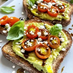 - Ripe avocados - Whole grain bread - Cherry tomatoes - Feta cheese - Olive oil - Balsamic glaze - Garlic powder - Salt and pepper - Fresh basil leaves Using the right ingredients makes this dish shine. Start with ripe avocados. They should feel soft but not mushy. Whole grain bread adds a nice crunch and flavor. Look for fresh cherry tomatoes; they should be bright and firm. Feta cheese brings a salty kick that pairs well with creamy avocado. Olive oil adds richness, while balsamic glaze gives a sweet tang. Garlic powder adds warmth without overpowering the other flavors. Salt and pepper enhance everything. Finally, fresh basil leaves add a pop of color and freshness. Each ingredient plays a role in creating a balanced and tasty dish. For the full recipe, check out Avocado Toast Delight with Feta and Tomatoes. To start, grab your whole grain bread. Place the slices in a toaster or on a skillet. Toast them until they turn golden brown and crispy. This step gives the base a nice crunch. A good toast makes a big difference in texture. Next, take your ripe avocados. Cut them in half and remove the pit. Use a spoon to scoop out the green flesh into a bowl. Mash the avocado with a fork until it’s nice and chunky. Add garlic powder, salt, and pepper to taste. This mix will add flavor to your toast. Now, let’s move on to the tomatoes. Take your halved cherry tomatoes and place them in a bowl. Drizzle with olive oil and sprinkle some salt and pepper. Toss the tomatoes gently to coat them. This step gives the tomatoes a fresh and tasty kick. Once your bread is toasted, it’s time to build your toast. Spread the mashed avocado generously on each slice. Make sure to cover the bread well. Next, add the seasoned cherry tomatoes on top. Don’t forget to distribute them evenly. Finally, sprinkle crumbled feta cheese over the top. For a sweet touch, drizzle some balsamic glaze. Top it off with fresh basil leaves. Serve it warm and enjoy each bite! To make great avocado toast, you need ripe avocados. Look for ones that are firm but yield slightly to pressure. If they feel too soft, they may be overripe. The color can also help. A darker skin usually means ripeness. If you need to ripen them faster, place them in a paper bag with a banana. The banana gives off gases that aid ripening. A crunchy toast makes the meal better. Use whole grain bread for added flavor and nutrients. Make sure to toast it until golden brown. You can use a toaster or an oven. If you want extra crunch, try grilling the bread on a skillet with a little olive oil. This gives it a nice, crispy texture. To add more flavor, sprinkle garlic powder when mashing the avocado. A drizzle of balsamic glaze adds sweetness. Use fresh herbs like basil or parsley for a fresh taste. You can also add a pinch of red pepper flakes for some heat. Each of these tips will make your avocado toast even better. For the full recipe, check out [Full Recipe]. {{image_2}} You can boost your avocado toast by adding protein. Eggs are a great choice. Try poached or scrambled eggs for a rich taste. If you enjoy seafood, smoked salmon adds a delicious flavor. It pairs well with both feta and tomatoes. These protein options make your meal heartier and more filling. Bread choice matters for your avocado toast. Whole grain bread is classic, but you can switch it up. Sourdough has a tangy taste that complements the creamy avocado well. If you need gluten-free options, many brands offer tasty gluten-free bread. Each type of bread can change your toast's flavor and texture. Get creative with toppings! Radishes add a nice crunch and a peppery taste. Microgreens are a trendy choice, bringing freshness to your dish. You might also sprinkle sesame seeds for a nutty flavor. These simple additions can make your avocado toast look beautiful and taste even better. Try different combinations to find your favorite! You can store leftover tomatoes and feta in the fridge. Place them in an airtight container. Make sure to separate the feta from the tomatoes to keep them fresh longer. For bread, keep it in a bread bag or container at room temperature. This way, it stays soft and tasty. To keep avocado fresh, store any leftover in the fridge. Place the avocado in an airtight container. You can also sprinkle lemon juice on the cut side to slow browning. This method helps keep its vibrant green color and fresh taste longer. Reheating toast can be tricky, but it's easy! Place the toast in a toaster for a few minutes. This helps restore its crispiness. You can also use an oven. Heat it at 350°F for about 5 to 7 minutes. This warms the toast without making it soggy. For best results, enjoy your avocado toast fresh right after making it. You can find the full recipe to help you get started. You can make avocado toast ahead of time, but keep it simple. Toast the bread first and store it in an airtight container. You can prepare the avocado mix too. Just mash the avocados and add salt and garlic powder. Keep this mix in the fridge. But don’t spread it on the toast yet. Do that right before serving. This keeps the bread crispy and the avocado fresh. To stop your avocados from turning brown, use a few tricks. First, add lemon juice to the mashed avocado. This acid helps slow down browning. Second, store the avocado in an airtight container. You can also cover the surface with plastic wrap. Press it down to touch the avocado. This limits air contact and helps keep it green longer. You can get creative with this toast! Try adding a poached egg on top for extra protein. You can also swap feta for goat cheese for a different taste. If you love spice, add crushed red pepper flakes or jalapeños for heat. Want more crunch? Top with some sliced radishes or microgreens. The options are endless, so feel free to make it your own! This guide covered how to make delicious avocado toast. We discussed key ingredients like ripe avocados and whole grain bread. I shared step-by-step instructions and helpful tips for choosing the best ingredients. You can also customize your toast with various proteins and toppings. Storing leftovers properly ensures your meal stays fresh. Remember, you can get creative with many variations. Enjoy making your perfect avocado toast!