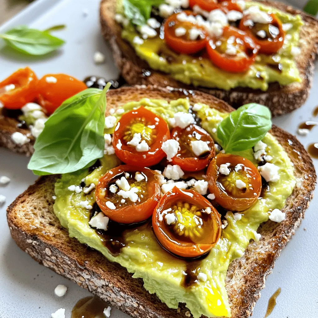 - Ripe avocados - Whole grain bread - Cherry tomatoes - Feta cheese - Olive oil - Balsamic glaze - Garlic powder - Salt and pepper - Fresh basil leaves Using the right ingredients makes this dish shine. Start with ripe avocados. They should feel soft but not mushy. Whole grain bread adds a nice crunch and flavor. Look for fresh cherry tomatoes; they should be bright and firm. Feta cheese brings a salty kick that pairs well with creamy avocado. Olive oil adds richness, while balsamic glaze gives a sweet tang. Garlic powder adds warmth without overpowering the other flavors. Salt and pepper enhance everything. Finally, fresh basil leaves add a pop of color and freshness. Each ingredient plays a role in creating a balanced and tasty dish. For the full recipe, check out Avocado Toast Delight with Feta and Tomatoes. To start, grab your whole grain bread. Place the slices in a toaster or on a skillet. Toast them until they turn golden brown and crispy. This step gives the base a nice crunch. A good toast makes a big difference in texture. Next, take your ripe avocados. Cut them in half and remove the pit. Use a spoon to scoop out the green flesh into a bowl. Mash the avocado with a fork until it’s nice and chunky. Add garlic powder, salt, and pepper to taste. This mix will add flavor to your toast. Now, let’s move on to the tomatoes. Take your halved cherry tomatoes and place them in a bowl. Drizzle with olive oil and sprinkle some salt and pepper. Toss the tomatoes gently to coat them. This step gives the tomatoes a fresh and tasty kick. Once your bread is toasted, it’s time to build your toast. Spread the mashed avocado generously on each slice. Make sure to cover the bread well. Next, add the seasoned cherry tomatoes on top. Don’t forget to distribute them evenly. Finally, sprinkle crumbled feta cheese over the top. For a sweet touch, drizzle some balsamic glaze. Top it off with fresh basil leaves. Serve it warm and enjoy each bite! To make great avocado toast, you need ripe avocados. Look for ones that are firm but yield slightly to pressure. If they feel too soft, they may be overripe. The color can also help. A darker skin usually means ripeness. If you need to ripen them faster, place them in a paper bag with a banana. The banana gives off gases that aid ripening. A crunchy toast makes the meal better. Use whole grain bread for added flavor and nutrients. Make sure to toast it until golden brown. You can use a toaster or an oven. If you want extra crunch, try grilling the bread on a skillet with a little olive oil. This gives it a nice, crispy texture. To add more flavor, sprinkle garlic powder when mashing the avocado. A drizzle of balsamic glaze adds sweetness. Use fresh herbs like basil or parsley for a fresh taste. You can also add a pinch of red pepper flakes for some heat. Each of these tips will make your avocado toast even better. For the full recipe, check out [Full Recipe]. {{image_2}} You can boost your avocado toast by adding protein. Eggs are a great choice. Try poached or scrambled eggs for a rich taste. If you enjoy seafood, smoked salmon adds a delicious flavor. It pairs well with both feta and tomatoes. These protein options make your meal heartier and more filling. Bread choice matters for your avocado toast. Whole grain bread is classic, but you can switch it up. Sourdough has a tangy taste that complements the creamy avocado well. If you need gluten-free options, many brands offer tasty gluten-free bread. Each type of bread can change your toast's flavor and texture. Get creative with toppings! Radishes add a nice crunch and a peppery taste. Microgreens are a trendy choice, bringing freshness to your dish. You might also sprinkle sesame seeds for a nutty flavor. These simple additions can make your avocado toast look beautiful and taste even better. Try different combinations to find your favorite! You can store leftover tomatoes and feta in the fridge. Place them in an airtight container. Make sure to separate the feta from the tomatoes to keep them fresh longer. For bread, keep it in a bread bag or container at room temperature. This way, it stays soft and tasty. To keep avocado fresh, store any leftover in the fridge. Place the avocado in an airtight container. You can also sprinkle lemon juice on the cut side to slow browning. This method helps keep its vibrant green color and fresh taste longer. Reheating toast can be tricky, but it's easy! Place the toast in a toaster for a few minutes. This helps restore its crispiness. You can also use an oven. Heat it at 350°F for about 5 to 7 minutes. This warms the toast without making it soggy. For best results, enjoy your avocado toast fresh right after making it. You can find the full recipe to help you get started. You can make avocado toast ahead of time, but keep it simple. Toast the bread first and store it in an airtight container. You can prepare the avocado mix too. Just mash the avocados and add salt and garlic powder. Keep this mix in the fridge. But don’t spread it on the toast yet. Do that right before serving. This keeps the bread crispy and the avocado fresh. To stop your avocados from turning brown, use a few tricks. First, add lemon juice to the mashed avocado. This acid helps slow down browning. Second, store the avocado in an airtight container. You can also cover the surface with plastic wrap. Press it down to touch the avocado. This limits air contact and helps keep it green longer. You can get creative with this toast! Try adding a poached egg on top for extra protein. You can also swap feta for goat cheese for a different taste. If you love spice, add crushed red pepper flakes or jalapeños for heat. Want more crunch? Top with some sliced radishes or microgreens. The options are endless, so feel free to make it your own! This guide covered how to make delicious avocado toast. We discussed key ingredients like ripe avocados and whole grain bread. I shared step-by-step instructions and helpful tips for choosing the best ingredients. You can also customize your toast with various proteins and toppings. Storing leftovers properly ensures your meal stays fresh. Remember, you can get creative with many variations. Enjoy making your perfect avocado toast!