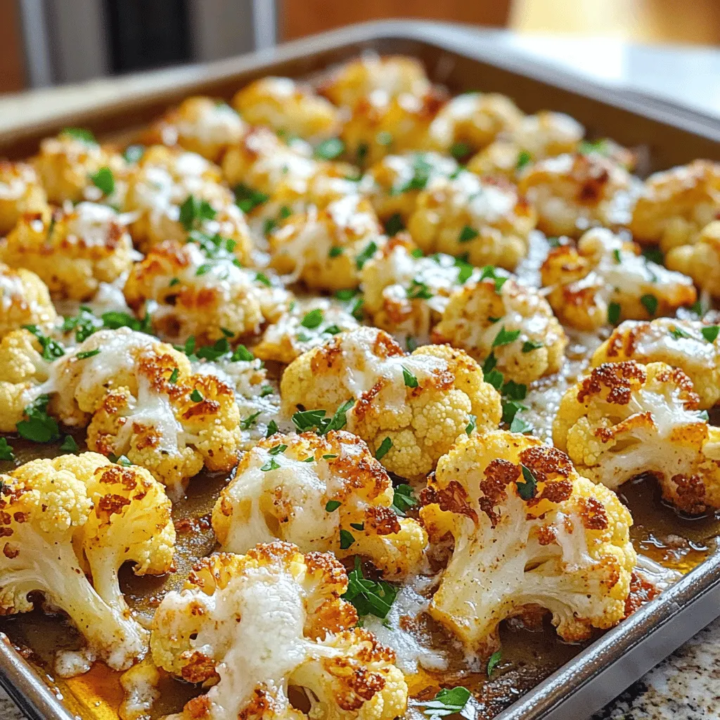 To make this dish, you need a few key items. Here’s what you’ll need: - 1 large head of cauliflower, cut into florets - 4 cloves garlic, minced - 1/2 cup grated Parmesan cheese - 1/4 cup olive oil - 1 teaspoon dried oregano - 1 teaspoon paprika - Salt and pepper to taste - Fresh parsley, chopped (for garnish) Each of these ingredients adds its own flavor. The garlic gives a strong kick, while the Parmesan adds richness. The olive oil helps the cauliflower roast nicely, making it crispy. You can also add some optional items for extra taste. Consider using: - Lemon juice for a zesty touch - Red pepper flakes for heat - Chopped green onions for a fresh bite These additions can take your dish to another level. Feel free to experiment and find what you like best. This dish is not just tasty; it is also healthy. Here are some quick facts: - Calories: About 150 per serving - Protein: 5g - Fat: 10g - Carbohydrates: 12g - Fiber: 4g Cauliflower is low in calories and high in vitamins. It makes a great side dish for any meal. You can find the full recipe for Garlic Parmesan Roasted Cauliflower within this article. Enjoy cooking! First, gather your ingredients. You need one large head of cauliflower, four cloves of minced garlic, half a cup of grated Parmesan cheese, a quarter cup of olive oil, a teaspoon of dried oregano, a teaspoon of paprika, salt, and pepper. You’ll also want some fresh parsley for garnish. Next, preheat your oven to 425°F (220°C). This heat will help the cauliflower roast perfectly. In a large bowl, add the cauliflower florets, minced garlic, olive oil, oregano, paprika, salt, and pepper. Toss everything together until each floret is well coated. Now, sprinkle half of the grated Parmesan cheese over the cauliflower. Toss it again to mix the cheese in well. This adds flavor and helps create a nice crust. Spread the coated cauliflower on a lined baking sheet. Make sure to place them in a single layer. This space between florets helps them roast evenly. Now, pop the baking sheet in the preheated oven. Roast the cauliflower for 20 to 25 minutes. Flip the florets halfway through to ensure they cook on all sides. You’ll know they are ready when they turn golden brown and feel tender when pierced with a fork. In the last five minutes, take the baking sheet out and sprinkle the remaining Parmesan cheese on top. Return it to the oven. Let it roast until the cheese melts and gets bubbly. Once done, take the baking sheet out of the oven. Let it cool for a minute. Then, garnish the cauliflower with chopped fresh parsley. This adds a pop of color and freshness. Serve your Garlic Parmesan Roasted Cauliflower right away. It pairs well with grilled meats or as a tasty snack. You can find the full recipe to make this delicious side dish. Enjoy! To get your cauliflower just right, start with a hot oven. Preheating to 425°F (220°C) is key. This helps the florets brown well. Make sure to spread the cauliflower on the baking sheet. Leaving space between the pieces helps them roast evenly. Flip the florets halfway through cooking. This ensures every side gets that nice golden color. You can play with flavors in this dish. Try using different cheeses like Pecorino or Asiago for a twist. Instead of olive oil, you might use melted butter for a richer taste. If you love spice, add red pepper flakes. Fresh herbs also work well. Basil or thyme can add a new layer of flavor. Garnishing makes your dish pop. Chop fresh parsley and sprinkle it on top before serving. This adds color and freshness. You can also drizzle a little extra olive oil for shine. A squeeze of lemon juice brightens the flavors too. Serve your garlic Parmesan roasted cauliflower in a nice bowl. It looks and tastes great! For the full recipe, check the section above. {{image_2}} Add some heat to your dish! For a spicy kick, mix in red pepper flakes. Start with one teaspoon and adjust to your taste. The heat pairs well with the rich garlic and cheese. You can also drizzle hot sauce on top after roasting. This gives you a zesty finish that is sure to please. You can easily make this dish vegan. Swap the Parmesan cheese for a vegan alternative. Nutritional yeast is a great option. It gives a cheesy flavor without dairy. You can also use cashew cheese for a creamy texture. Don’t forget to check the olive oil for any added ingredients. Explore other flavors to enhance your garlic Parmesan cauliflower. Add lemon zest for brightness. You can also include herbs like thyme or rosemary. These herbs will add depth and aroma. If you want a nutty taste, try adding toasted pine nuts. They add crunch and a lovely contrast. For the full recipe, check out [Full Recipe]. To store leftover Garlic Parmesan Roasted Cauliflower, let it cool first. Then, place it in an airtight container. Keep it in the fridge for up to three days. This helps keep the flavors fresh and tasty. When you're ready to eat the leftovers, preheat your oven to 350°F (175°C). Spread the cauliflower on a baking sheet. Heat it for about 10 to 15 minutes. This method keeps the cauliflower crispy and warm. You can also microwave it, but it may lose some crunch. If you want to freeze the leftover cauliflower, it's best to do this before reheating. Place the cooled cauliflower in a freezer-safe bag. Remove as much air as you can before sealing. It can last up to three months in the freezer. When ready to enjoy, thaw it in the fridge overnight. Then, reheat it in the oven for the best taste and texture. For the full recipe, check out the previous sections. Yes, you can prepare this dish ahead of time. Cut the cauliflower and mix it with the garlic, olive oil, and spices. Store it in the fridge for up to 24 hours. When ready to cook, just add the cheese and roast. This makes it convenient for busy weeknights or gatherings. Absolutely! Grilling adds a nice smokey flavor. Simply toss the cauliflower in the same mixture and place it in a grill basket. Cook it over medium heat, turning occasionally. Aim for about 15-20 minutes. You’ll get a tasty, charred finish. Garlic Parmesan Roasted Cauliflower pairs well with many dishes. Here are some ideas: - Grilled chicken or steak - Salmon fillets - Quinoa or rice - A fresh garden salad These options balance the rich flavors of the cauliflower. Check for a golden brown color and tender texture. When you pierce a floret with a fork, it should go in easily. The edges should be crispy but not burnt. If you want extra cheese, sprinkle it on in the last few minutes of roasting. This will give you a delicious, bubbly top. For the full recipe, check out the detailed steps above. This blog post covers the essentials for making tasty Garlic Parmesan Roasted Cauliflower. We explored key ingredients, step-by-step instructions, helpful tips, and delicious variations. You learned how to achieve that perfect roast and keep leftovers fresh. Remember, cooking is about fun and creativity. Don’t hesitate to experiment and make this dish your own. Enjoy the flavors and the process, and share your results with friends!