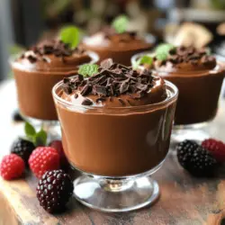 To make the rich and creamy chocolate avocado mousse, you will need the following ingredients: - Ripe avocados - Unsweetened cocoa powder - Pure maple syrup (or honey) - Almond milk (or any milk of choice) - Vanilla extract - Sea salt - Garnish options (dark chocolate shavings or cacao nibs) The ripe avocados give a smooth texture and healthy fats. Unsweetened cocoa powder adds deep chocolate flavor without extra sugar. You can sweeten the mousse with pure maple syrup or honey. Almond milk makes it creamy, but you can use any milk you like. A touch of vanilla extract enhances the taste, while sea salt balances the sweetness. For a beautiful finish, top with dark chocolate shavings or cacao nibs. Gather these ingredients before you start. This will help you make the mousse quickly and easily. You can find the full recipe above for detailed steps. Enjoy the process of making this delightful treat! Preparing the avocados First, take two ripe avocados. Cut them in half and remove the pits. Scoop the green flesh into a food processor. Make sure to get all the good stuff! Blending the ingredients Next, add the unsweetened cocoa powder, pure maple syrup, almond milk, vanilla extract, and a pinch of sea salt to the processor. Blend everything on high until it becomes smooth and creamy. This will take about 2-3 minutes. Scrape down the sides as needed to mix it well. Transferring to serving bowls Once the mousse is smooth, transfer it into individual serving bowls or ramekins. You want to make sure each serving looks appealing. Chilling the mousse Cover the bowls with plastic wrap. Place them in the fridge for at least 30 minutes. This helps the mousse set and brings out the flavors. For the full recipe, check out the instructions above. Enjoy your rich and creamy Chocolate Avocado Mousse! To get the best texture for your chocolate avocado mousse, you must ensure a smooth blend. Start by using ripe avocados. They should be soft but not overly mushy. Cut them in half and scoop out the flesh. Place it in a food processor with the other ingredients. Blend on high speed for about 2-3 minutes. Scrape the sides to mix well. This step is key to a creamy texture. Adjusting sweetness to taste is also important. After blending, taste your mousse. If you want it sweeter, add more maple syrup. Blend again briefly to mix it in. This way, you can make the mousse just right for your sweet tooth. Refrigeration time is crucial for the best flavor. After you prepare your mousse, transfer it to bowls. Cover them with plastic wrap and chill in the fridge for at least 30 minutes. This helps the mousse set and the flavors combine beautifully. For a stunning presentation, serve your mousse in elegant glass cups. This lets the rich, creamy texture show through. You can also add fresh berries on top for a pop of color. Mint leaves give a nice touch too. A light dusting of cocoa powder can enhance the look and taste. Additional garnishing ideas include dark chocolate shavings or cacao nibs. These not only look great but also add a rich chocolate flavor. With these tips, your chocolate avocado mousse will impress at any gathering. For the full recipe, check out the detailed steps provided earlier. {{image_2}} You can use honey or maple syrup for sweetening. Both options work well. Honey has a rich flavor, while maple syrup adds a hint of caramel. If you want a lighter taste, choose maple syrup. Both will give you a sweet mousse, but the choice is yours. For a dairy-free mousse, use almond milk or coconut milk. These types of milk blend perfectly with the other ingredients. If you want it vegan, ensure your sweetener is also vegan. Maple syrup is always a safe choice. Just check the labels on milk and sweeteners to avoid any dairy. You can boost the flavor with extracts. Try adding peppermint extract for a fresh twist. A few drops of orange extract can bring a bright note. These small changes can make your mousse unique. You can mix and match flavors to find your favorite. Avocados pack a lot of nutrients. They are rich in healthy fats, fiber, and vitamins. One avocado contains about 300 calories, but they also have many good things for our bodies. - Healthy Fats: They have monounsaturated fats which help our hearts. - Fiber: It helps with digestion and keeps us full. - Vitamins: Avocados are high in vitamins E, K, and B6. Choosing chocolate avocado mousse over traditional desserts can be smart. Many desserts are high in sugar and unhealthy fats. This mousse is creamy and rich, but it also has good fats and less sugar. It’s a great way to satisfy your sweet tooth while being kind to your body. The mousse recipe makes about four servings. Each serving has around 150 calories. Here’s a quick look at the nutrients per serving: - Calories: 150 - Fat: 9g - Carbohydrates: 18g - Protein: 2g For portion control, I suggest using small bowls. This helps with serving sizes. If you are watching calories, you can enjoy half a serving. If you want to treat yourself, you can go for a full serving. Adjust based on your needs and enjoy! Yes, you can make this mousse ahead of time. It is best to chill it in the fridge. I recommend making it the day before you plan to serve it. This gives the flavors time to blend well. Cover the mousse tightly with plastic wrap or a lid. This keeps it fresh and prevents it from absorbing other smells in your fridge. Chocolate avocado mousse lasts about three days in the fridge. After that, it may lose its texture and flavor. To keep it fresh, always store it in an airtight container. If you see any changes in color or smell, it is best to throw it away. Yes, you can freeze chocolate avocado mousse. To do this, place it in an airtight container. It can stay in the freezer for about one month. When you want to eat it, take it out and thaw it in the fridge overnight. After thawing, mix it well for a creamy texture. If it seems too thick, add a little almond milk to smooth it out. In this blog post, we explored how to make a delicious chocolate avocado mousse. We covered each ingredient and shared step-by-step instructions for preparing it. You learned tips for texture and presentation to impress your guests. We also discussed variations and the health benefits of avocados. This mousse is a great way to enjoy dessert while staying healthy. It's simple, tasty, and perfect for any diet. Try it out and enjoy the rich flavors without guilt. Your taste buds will thank you!