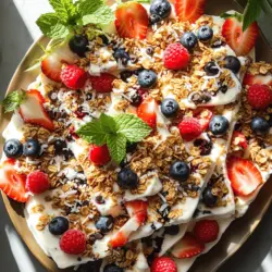 - 2 cups plain Greek yogurt - 2 tablespoons honey or maple syrup - 1 teaspoon vanilla extract For this frozen yogurt bark, I use Greek yogurt. It gives a creamy and thick texture. Honey or maple syrup adds a touch of sweetness. The vanilla extract enhances the flavor. - 1/2 cup mixed berries (strawberries, blueberries, raspberries) - 1/4 cup granola - 2 tablespoons shredded coconut (optional) - 1 tablespoon chocolate chips (optional) I love to add mixed berries for a burst of flavor. Granola gives a great crunch. You can sprinkle on coconut or chocolate chips if you like. These toppings make each bite special. Each serving of this frozen yogurt bark has about: - Calories: 150 - Fat: 5g - Protein: 8g - Sugars: 10g This snack is low in calories but high in protein. It offers a nice balance of nutrients. Enjoy this treat without feeling guilty! First, gather your ingredients. You will need: - 2 cups plain Greek yogurt - 2 tablespoons honey or maple syrup - 1 teaspoon vanilla extract In a mixing bowl, combine the yogurt, honey, and vanilla extract. Stir until it is smooth. Next, line your baking sheet with parchment paper. This makes it easy to remove the bark later. Now, pour the yogurt mixture onto the baking sheet. Use a spatula to spread it out evenly. Aim for about 1/2 inch thick. This thickness gives you the best texture when frozen. Time to add your toppings! Distribute about 1/2 cup of mixed berries over the yogurt. You can use strawberries, blueberries, or raspberries. Next, sprinkle 1/4 cup of granola on top. If you like, add 2 tablespoons of shredded coconut and 1 tablespoon of chocolate chips. These add great crunch and flavor. Place the baking sheet in the freezer. Freeze it for at least 4 hours or until solid. Once frozen, take it out and break it into pieces. You can use your hands or a sharp knife for this. Enjoy your frozen yogurt bark right away or store it in an airtight container in the freezer. This recipe is quick and easy, perfect for a hot day or a snack anytime! For the full recipe, check out [Full Recipe]. You can change up your frozen yogurt bark in many fun ways. Here are some ideas: - Flavor Variations: Add 2 tablespoons of peanut butter for a nutty taste. You can also mix in 1 tablespoon of cocoa powder for a chocolatey twist. - Alternative Toppings: Try sliced bananas, kiwi, or even nuts if you want a different crunch. You can also sprinkle cinnamon for an extra kick. Serving your frozen yogurt bark nicely makes it even more fun to eat. Here’s how to do it: - Attractive Serving: Use a large platter to show off the colorful pieces. Arrange them in a neat row or circle for a pretty look. - Creative Garnishing: Add fresh mint leaves on top for a pop of green. You can also drizzle melted dark chocolate over the bark before freezing for a gourmet touch. Frozen yogurt bark has many health perks. Greek yogurt is full of protein and calcium, which helps build strong bones. Fresh fruit adds vitamins and fiber, keeping you full and happy. Together, they make a tasty treat that is good for you. {{image_2}} You can get really creative with frozen yogurt bark. Try a tropical twist by adding diced mango and pineapple. For a chocolate lover's dream, mix in cocoa powder and top with chocolate chips. If you like nuts, add chopped almonds or walnuts. Each flavor mix will give you a new and exciting treat. If you want a dairy-free version, substitute Greek yogurt with coconut yogurt or almond yogurt. Both options give a creamy texture without the dairy. You can still add honey or maple syrup for sweetness. This way, everyone can enjoy this tasty snack. Change the toppings based on the season. In spring, use fresh strawberries and kiwi. In summer, add peaches and blueberries for a burst of flavor. In fall, think about apples and cinnamon. For winter, try pomegranate seeds and dark chocolate. Using seasonal fruits makes your bark fresh and fun. For the complete recipe, check out the [Full Recipe]. To keep your frozen yogurt bark fresh, use an airtight container. This helps avoid freezer burn. Make sure to layer pieces with parchment paper. This way, they won’t stick together. You can also wrap the bark in plastic wrap before placing it in the container. This extra step keeps it safe and tasty. Frozen yogurt bark can last in the freezer for up to three months. After this time, it may lose some flavor and texture. Always check for any signs of freezer burn or off smells. If it looks and smells good, it is still safe to eat. If you thaw your frozen yogurt bark, eat it within a day. Do not refreeze it after thawing. Refreezing can affect texture and taste. Serve thawed bark cold for a refreshing snack. If you want, you can add fresh toppings right before serving for extra flavor. To make frozen yogurt bark, you start with Greek yogurt. Mix the yogurt with honey and vanilla until smooth. Next, line a baking sheet with parchment paper. Spread the yogurt mixture evenly on the sheet. Top it with mixed berries, granola, coconut, and chocolate chips. Freeze this for at least four hours. When it's solid, break it into pieces. You can find the Full Recipe for specific details. Yes, you can use many fruits! Try bananas, peaches, or even kiwi. Fresh or frozen fruits work well. You can even mix and match to find your favorite flavors. Be creative with what you have on hand. The yogurt bark will still taste great. Frozen yogurt bark is a healthy snack. It has protein from Greek yogurt and vitamins from fruits. The honey adds a bit of sweetness without too much sugar. Just watch the toppings. Granola and chocolate chips can add calories. Using fresh fruits keeps it light and nutritious. The frozen yogurt bark needs at least four hours to freeze. This time helps it get firm enough to break into pieces. If you want a firmer bark, you can freeze it longer. Just make sure it’s fully frozen before you try to cut it. This frozen yogurt bark is easy to make and fun to customize. You mix yogurt, sweetener, and vanilla. Add your favorite fruit and nuts. Freeze it and enjoy a tasty treat. This snack is simple, healthy, and perfect for any season. Whether you choose fruity or nutty, you can't go wrong. Store it well to keep it fresh and tasty. Try different flavors. Get creative! Enjoy your delicious frozen yogurt bark today.