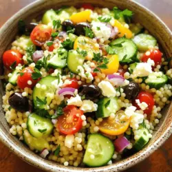 For this tasty dish, you will need: - 1 cup couscous - 1 1/4 cups vegetable broth - 1 small cucumber, diced - 1 cup cherry tomatoes, halved - 1/2 red onion, finely chopped - 1/2 cup black olives, pitted and sliced - 1/2 cup feta cheese, crumbled To make the dressing, gather these items: - 2 tablespoons olive oil - 2 tablespoons lemon juice - 1 teaspoon dried oregano - Salt and pepper to taste You can add these for extra flavor: - 1/4 cup fresh parsley, chopped - Additional feta cheese or olives When you mix these ingredients, the salad becomes vibrant and fresh. The couscous brings a lovely texture. The veggies add crunch and color. The olives and feta give it a salty kick. This salad is perfect for summer picnics or a light meal. You can find the full recipe above for step-by-step details. Enjoy making this Mediterranean Couscous Salad! First, bring the vegetable broth to a boil in a medium saucepan. Once boiling, stir in the couscous. After that, cover the pot and remove it from the heat. Let it sit for about 5 minutes. This step allows the couscous to absorb the broth. After 5 minutes, fluff the couscous with a fork and let it cool. Next, you’ll need to prepare the vegetables. Start by dicing the cucumber into small pieces. Then, halve the cherry tomatoes. Chop the red onion finely. Finally, slice the black olives. These fresh ingredients add crunch and flavor to your salad. In a large mixing bowl, combine the diced cucumber, halved cherry tomatoes, chopped onion, sliced olives, and crumbled feta cheese. Once mixed, add the cooled couscous to the bowl. Now, let’s prepare the dressing. In a small bowl, whisk together the olive oil, lemon juice, dried oregano, salt, and pepper. Pour this dressing over your salad. Toss everything gently to mix well. Finally, fold in the fresh parsley for a burst of color and taste. Let the salad sit for at least 15 minutes before serving. This waiting time allows the flavors to meld together beautifully. For the full recipe, check out the complete instructions included above. To make your couscous salad shine, let it sit for a bit. This step helps the flavors blend well. I usually recommend about 15 minutes. It’s like giving the salad a chance to party before serving. Fluff your couscous properly. After it sits, use a fork to fluff it. This gives it a light texture, making it easier to mix with the veggies. Fresh herbs add a lovely touch. I often use parsley or mint. They make the salad taste fresh and bright. You can also play with the dressing. If you want more zing, add extra lemon juice. If you like it richer, add a bit more olive oil. Choose a large mixing bowl. A wide bowl allows you to toss everything without spilling. It also makes mixing easier. For chopping, use a sharp knife and a sturdy cutting board. This setup helps you chop veggies finely and safely. Good tools make a big difference in your kitchen. By following these tips, you’ll create a delicious Mediterranean Couscous Salad. For the full recipe, check out the section on ingredients! {{image_2}} You can add crumbled feta cheese to your salad for a rich flavor. Feta brings a creamy texture that contrasts with the crunchy veggies. It also adds a salty kick that enhances the whole dish. Try using different types of feta, like herbed or aged, to change the taste. This twist makes it more exciting and lets you explore new flavors. To make a vegan version, simply replace the feta with avocado or tofu. Both options give great creaminess without dairy. Avocado adds healthy fats and a smooth texture. Tofu can soak up the dressing flavors, making it a great substitute. This variation still keeps the salad fresh and filling. If you need a gluten-free choice, swap couscous for quinoa. Quinoa is packed with protein and has a nutty taste. It also works well with all the veggies and dressing. Just cook the quinoa the same way as couscous. This way, you can still enjoy a delicious Mediterranean salad while meeting dietary needs. For the full recipe, check out the Mediterranean Couscous Salad details above. To keep your Mediterranean couscous salad fresh, store it in an airtight container. Make sure the lid fits tightly to stop air from getting in. Place the container in the refrigerator right after serving. This helps keep the veggies crisp and tasty. Your salad will stay good for about 3 to 5 days in the fridge. After that, the vegetables may get mushy. Always check for any off smells or changes in color before eating. If it looks or smells bad, it's best to toss it out. Reheating couscous salad can be tricky. I suggest not heating it at all. The salad tastes best cold. If you must warm it, do it gently on low heat. Add a splash of olive oil or lemon juice to keep the flavors bright and fresh. Avoid overheating, as this can ruin the texture. Yes, you can! Making Mediterranean Couscous Salad ahead of time is a great idea. It allows the flavors to blend and taste even better. I suggest preparing it a few hours or even a day in advance. Just keep it in the fridge until you're ready to serve. This salad can last up to three days in the fridge. Keep in mind, it tastes fresh when you serve it cold. If you don't have couscous, don't worry! You can use quinoa or bulgur instead. Both are great options. Quinoa is high in protein, and bulgur has a nice nutty flavor. You can cook them just like couscous. Follow the package directions for best results. This way, you still get a delicious and healthy salad, no matter what base you choose. Yes, Mediterranean Couscous Salad is very healthy! It includes fresh veggies, healthy fats, and protein. The cucumbers, tomatoes, and parsley provide vitamins and minerals. Feta adds calcium, while olives offer healthy fats. Couscous itself is low in fat and a good source of carbs. This salad is not just tasty; it's also a smart choice for your meals. Mediterranean couscous salad is a tasty and healthy dish. You can make it with simple ingredients like couscous, fresh veggies, feta, and a light dressing. With these steps, you can enjoy a meal rich in flavor and nutrients. Remember, letting it sit boosts the taste. Feel free to try different options like vegan or gluten-free versions. This salad is perfect for meal prep and easy to store. Enjoy this refreshing dish and adjust it to your liking for a delightful experience!