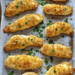 - 1 pound chicken breast tenders - 1 cup buttermilk - 1 cup breadcrumbs (panko recommended) I love using chicken breast tenders for this recipe. They are tender and cook evenly. Soaking them in buttermilk is key. It adds flavor and keeps them juicy. You should try using panko breadcrumbs. They give the tenders a nice crunch. - ½ cup all-purpose flour - 1 teaspoon garlic powder - 1 teaspoon onion powder - 1 teaspoon smoked paprika - ½ teaspoon cayenne pepper (adjust for spice level) - Salt and pepper to taste - 2 tablespoons olive oil For the coating, I mix flour with spices. Garlic powder and onion powder add great taste. Smoked paprika gives a nice smoky flavor. Adjust the cayenne pepper based on how spicy you want it. Drizzling olive oil helps with crispiness. - Chopped fresh parsley Chopped parsley is a great garnish. It adds color and freshness. You can sprinkle it on right before serving. For the full recipe, check out the detailed steps to make these tenders. - Preheat your oven to 425°F (220°C) and line a baking sheet with parchment paper. - Soak the chicken tenders in buttermilk for at least 30 minutes. This adds flavor and helps tenderize the meat. - In a bowl, mix breadcrumbs, flour, garlic powder, onion powder, smoked paprika, cayenne pepper, salt, and pepper. This is your seasoning mix. - Remove the chicken from the buttermilk. Let any extra buttermilk drip off. Coat each chicken tender in the breadcrumb mixture. Press firmly so the coating sticks well. - Place the coated chicken tenders on your prepared baking sheet. Make sure they are spaced out. - Drizzle olive oil over the tenders. This helps them get crispy. - Bake in the oven for 20 to 25 minutes. They should turn golden brown and reach an internal temperature of 165°F (74°C). - For extra crispiness, broil the tenders for another 2 to 3 minutes. Watch them closely to avoid burning. This method ensures you get crispy baked chicken tenders that are full of flavor. For detailed ingredients and instructions, check the Full Recipe. Soaking chicken in buttermilk is key. This step makes the meat juicy and tender. It also adds flavor. Aim to soak for at least 30 minutes. For the best crunch, choose panko breadcrumbs. These breadcrumbs create a light, crisp outside. Regular breadcrumbs work, but panko offers a better bite. Set your oven to 425°F (220°C). This heat helps the chicken get crispy. Space the tenders on the baking sheet to allow air flow. For a golden finish, use the broiling technique. Broil for 2-3 minutes at the end. Watch closely to prevent burning. Dips make a great pairing with chicken tenders. Consider ranch, honey mustard, or barbecue sauce. These flavors enhance each bite. Serve the tenders hot for the best taste. Enjoy them right from the oven for a crispy treat. For extra flair, garnish with fresh parsley. Check the [Full Recipe] for more details on preparation. {{image_2}} You can change the taste of your chicken tenders easily. Adding spices or herbs gives new flavors. Try adding Italian herbs like oregano or basil. For a spicy kick, add chili powder or cayenne. You can also mix in some parmesan cheese for a cheesy crust. Experimenting with different types of breadcrumbs can make a big difference. Panko gives a crunchier texture, while regular breadcrumbs provide a softer bite. You can even use crushed cornflakes for a fun twist. Want to make your chicken tenders healthier? Use whole grain breadcrumbs instead of regular ones. This adds fiber and makes them more filling. For the marinade, substitute buttermilk with low-fat yogurt. This keeps the chicken moist while cutting calories. You can also add herbs to the yogurt for extra flavor. These swaps create a tasty dish that feels lighter without losing taste. How you serve your chicken tenders can change the meal. Serve them on top of a fresh salad for a healthy twist. Toss greens, veggies, and your tenders together. Drizzle with your favorite dressing for added flavor. You can also wrap the tenders in tortillas for delicious wraps. Add some lettuce, tomatoes, and sauce for a quick meal. Both styles make your chicken tenders fun and versatile. For the full recipe, check out the detailed steps above. To keep your chicken tenders fresh, refrigerate them as soon as they cool. Place them in airtight containers. This prevents moisture loss and keeps out odors. Use them within three days for the best taste. To reheat and keep your tenders crispy, use the oven. Preheat it to 375°F (190°C). Place the tenders on a baking sheet and heat for about 10-15 minutes. This method revives their crunch. If you're in a hurry, the microwave works too. Heat on medium for 1-2 minutes but note that they may lose some crunch. You can freeze both raw and cooked tenders. For raw tenders, place them in a freezer bag and remove as much air as possible. Cooked tenders can also be frozen in airtight containers. To thaw, move them to the fridge overnight. For raw tenders, cook them straight from frozen, but add extra cooking time. Yes, you can easily make these chicken tenders gluten-free. For flour, use almond flour or coconut flour. As for breadcrumbs, try gluten-free panko or crushed cornflakes. These swaps keep the crunch while making the dish gluten-free. Leftovers can last up to three days in the fridge. Store them in an airtight container to keep them fresh. To enjoy later, make sure to reheat them properly for the best taste. You can serve chicken tenders with many tasty sides. Here are a few ideas: - French fries - Coleslaw - Sweet potato wedges - Mixed veggies - Dipping sauces like ranch, BBQ, or honey mustard These pairings make your meal even more fun and delicious! For the full recipe, check out the link provided. Crispy baked chicken tenders are easy and fun to make. You learned about the key ingredients, like chicken and buttermilk. The step-by-step guide helps you prepare, coat, and bake them to perfection. You can customize flavors or serve them in creative ways. Remember to store leftovers properly for later enjoyment. With these tips, you can enjoy mouth-watering tenders that impress family and friends. Now get cooking and savor every crispy bite!