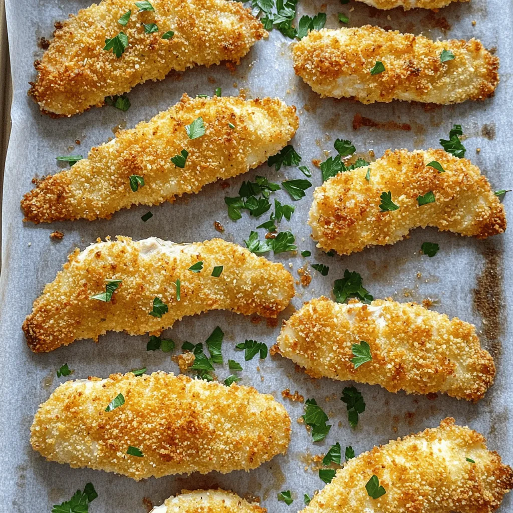 - 1 pound chicken breast tenders - 1 cup buttermilk - 1 cup breadcrumbs (panko recommended) I love using chicken breast tenders for this recipe. They are tender and cook evenly. Soaking them in buttermilk is key. It adds flavor and keeps them juicy. You should try using panko breadcrumbs. They give the tenders a nice crunch. - ½ cup all-purpose flour - 1 teaspoon garlic powder - 1 teaspoon onion powder - 1 teaspoon smoked paprika - ½ teaspoon cayenne pepper (adjust for spice level) - Salt and pepper to taste - 2 tablespoons olive oil For the coating, I mix flour with spices. Garlic powder and onion powder add great taste. Smoked paprika gives a nice smoky flavor. Adjust the cayenne pepper based on how spicy you want it. Drizzling olive oil helps with crispiness. - Chopped fresh parsley Chopped parsley is a great garnish. It adds color and freshness. You can sprinkle it on right before serving. For the full recipe, check out the detailed steps to make these tenders. - Preheat your oven to 425°F (220°C) and line a baking sheet with parchment paper. - Soak the chicken tenders in buttermilk for at least 30 minutes. This adds flavor and helps tenderize the meat. - In a bowl, mix breadcrumbs, flour, garlic powder, onion powder, smoked paprika, cayenne pepper, salt, and pepper. This is your seasoning mix. - Remove the chicken from the buttermilk. Let any extra buttermilk drip off. Coat each chicken tender in the breadcrumb mixture. Press firmly so the coating sticks well. - Place the coated chicken tenders on your prepared baking sheet. Make sure they are spaced out. - Drizzle olive oil over the tenders. This helps them get crispy. - Bake in the oven for 20 to 25 minutes. They should turn golden brown and reach an internal temperature of 165°F (74°C). - For extra crispiness, broil the tenders for another 2 to 3 minutes. Watch them closely to avoid burning. This method ensures you get crispy baked chicken tenders that are full of flavor. For detailed ingredients and instructions, check the Full Recipe. Soaking chicken in buttermilk is key. This step makes the meat juicy and tender. It also adds flavor. Aim to soak for at least 30 minutes. For the best crunch, choose panko breadcrumbs. These breadcrumbs create a light, crisp outside. Regular breadcrumbs work, but panko offers a better bite. Set your oven to 425°F (220°C). This heat helps the chicken get crispy. Space the tenders on the baking sheet to allow air flow. For a golden finish, use the broiling technique. Broil for 2-3 minutes at the end. Watch closely to prevent burning. Dips make a great pairing with chicken tenders. Consider ranch, honey mustard, or barbecue sauce. These flavors enhance each bite. Serve the tenders hot for the best taste. Enjoy them right from the oven for a crispy treat. For extra flair, garnish with fresh parsley. Check the [Full Recipe] for more details on preparation. {{image_2}} You can change the taste of your chicken tenders easily. Adding spices or herbs gives new flavors. Try adding Italian herbs like oregano or basil. For a spicy kick, add chili powder or cayenne. You can also mix in some parmesan cheese for a cheesy crust. Experimenting with different types of breadcrumbs can make a big difference. Panko gives a crunchier texture, while regular breadcrumbs provide a softer bite. You can even use crushed cornflakes for a fun twist. Want to make your chicken tenders healthier? Use whole grain breadcrumbs instead of regular ones. This adds fiber and makes them more filling. For the marinade, substitute buttermilk with low-fat yogurt. This keeps the chicken moist while cutting calories. You can also add herbs to the yogurt for extra flavor. These swaps create a tasty dish that feels lighter without losing taste. How you serve your chicken tenders can change the meal. Serve them on top of a fresh salad for a healthy twist. Toss greens, veggies, and your tenders together. Drizzle with your favorite dressing for added flavor. You can also wrap the tenders in tortillas for delicious wraps. Add some lettuce, tomatoes, and sauce for a quick meal. Both styles make your chicken tenders fun and versatile. For the full recipe, check out the detailed steps above. To keep your chicken tenders fresh, refrigerate them as soon as they cool. Place them in airtight containers. This prevents moisture loss and keeps out odors. Use them within three days for the best taste. To reheat and keep your tenders crispy, use the oven. Preheat it to 375°F (190°C). Place the tenders on a baking sheet and heat for about 10-15 minutes. This method revives their crunch. If you're in a hurry, the microwave works too. Heat on medium for 1-2 minutes but note that they may lose some crunch. You can freeze both raw and cooked tenders. For raw tenders, place them in a freezer bag and remove as much air as possible. Cooked tenders can also be frozen in airtight containers. To thaw, move them to the fridge overnight. For raw tenders, cook them straight from frozen, but add extra cooking time. Yes, you can easily make these chicken tenders gluten-free. For flour, use almond flour or coconut flour. As for breadcrumbs, try gluten-free panko or crushed cornflakes. These swaps keep the crunch while making the dish gluten-free. Leftovers can last up to three days in the fridge. Store them in an airtight container to keep them fresh. To enjoy later, make sure to reheat them properly for the best taste. You can serve chicken tenders with many tasty sides. Here are a few ideas: - French fries - Coleslaw - Sweet potato wedges - Mixed veggies - Dipping sauces like ranch, BBQ, or honey mustard These pairings make your meal even more fun and delicious! For the full recipe, check out the link provided. Crispy baked chicken tenders are easy and fun to make. You learned about the key ingredients, like chicken and buttermilk. The step-by-step guide helps you prepare, coat, and bake them to perfection. You can customize flavors or serve them in creative ways. Remember to store leftovers properly for later enjoyment. With these tips, you can enjoy mouth-watering tenders that impress family and friends. Now get cooking and savor every crispy bite!
