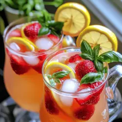 To make a refreshing strawberry basil lemonade, gather these fresh ingredients: - 1 cup fresh strawberries, hulled and sliced - 1/4 cup fresh basil leaves, packed - 1/2 cup fresh lemon juice (about 3-4 lemons) - 1/2 cup granulated sugar (adjust to taste) - 4 cups cold water - Ice cubes - Lemon slices and basil sprigs for garnish The quantities ensure a balanced flavor. Use 1 cup of strawberries for sweetness. A quarter cup of basil adds a fresh taste. The half cup of lemon juice gives it that tang. The sugar helps balance the tartness. Four cups of cold water keep it light and refreshing. Each ingredient plays a vital role. Strawberries are the star, providing sweetness and color. Basil adds a unique herbal note that surprises the palate. Fresh lemon juice gives the drink its bright, zesty flavor. Sugar balances the tartness, making it enjoyable. Cold water dilutes the mixture and enhances the refreshment. Lastly, the ice and garnishes make it visually appealing and fun to drink. This recipe is truly a delight for your taste buds. For the full recipe, check the section above. Start with one cup of fresh strawberries. Hull and slice them. Put the strawberries in a medium bowl. Add a quarter cup of granulated sugar. Use a fork to gently mash the strawberries. This helps release their sweet juices. Let this mix sit for about 10 to 15 minutes. This waiting time allows the sugar to dissolve and blend with the fruit. Next, take a quarter cup of fresh basil leaves. Place them in a blender. Add one cup of cold water. Blend until the basil gets finely chopped. This releases the basil's fresh taste into the water. The basil-infused water is now ready to add to your lemonade. After the strawberries have marinated, grab a fine mesh strainer. Strain the strawberry mixture into a pitcher. This removes any solids and gives you a smooth syrup. Now it’s time to add flavor! Pour in the fresh lemon juice, about half a cup. Add the basil-infused water. Mix all the ingredients well. Pour in three more cups of cold water. Stir again and taste your lemonade. If it needs more sweetness, add extra sugar. Serve it over ice cubes. Garnish with lemon slices and basil sprigs for a beautiful touch. For the full recipe, refer to the beginning section. You may want your lemonade sweeter or less sweet. Start with the 1/2 cup of sugar. Taste it after mixing. If it’s too tangy, add more sugar. Mix well until fully dissolved. You can also try honey or agave syrup for a different flavor. Serve your lemonade in tall glasses filled with ice cubes. Add lemon slices and basil sprigs on top. This not only looks nice but also adds flavor. For a fun twist, try adding sparkling water. It gives a nice fizz and extra refreshment. Garnishing makes your drink special. Use fresh basil sprigs for a pop of green. Lemon slices add brightness and color. You can also add whole strawberries on the rim for a cute touch. Remember, the way you serve matters. A pretty drink makes every sip better. Enjoy your Strawberry Basil Lemonade with friends! {{image_2}} You can change your strawberry basil lemonade by adding other fruits. Mint offers a cool taste. Lime adds a zesty twist, while watermelon brings a juicy sweetness. Just chop or blend these fruits and mix them in. Each fruit gives a new flavor, making your drink special. Try adding a cup of chopped watermelon for a fun summer treat. Herbs can change the taste of your drink too. Besides basil, try using mint or rosemary. Both herbs pair well with strawberries. Just add a few leaves to the blender with the basil. You can also mix basil with mint for a fresh flavor boost. This way, you can find a blend that you love. Want a fizzy kick? You can make your lemonade sparkling. Simply replace some cold water with soda or sparkling water. This adds bubbles and fun to your drink. You can use lemon-lime soda for extra sweetness or stick to plain sparkling water. Just add it right before serving so the bubbles stay fresh. Enjoy your refreshing strawberry basil lemonade with these fun changes! For the full recipe, check out the [Full Recipe]. To keep your Strawberry Basil Lemonade fresh, use a clean pitcher or jar. Pour any leftover lemonade into the container. Seal it tightly with a lid. Store it in the fridge. This method helps preserve the taste and freshness. Homemade lemonade lasts about 5 to 7 days in the fridge. If you want to keep it longer, consider freezing it. Pour the lemonade into ice cube trays or freezer-safe bags. When you freeze it, it can last for up to 3 months. Just remember to leave space in the container, as liquids expand when frozen. If your lemonade loses some flavor after storage, don't worry! You can revive it easily. Add a splash of fresh lemon juice or a bit of sugar to enhance the taste. If it tastes flat, mix in some sparkling water for fun fizz. Serve it over ice for a refreshing treat. You can use honey, agave syrup, or maple syrup. These options add natural sweetness. They also bring unique flavors to your drink. If you want a low-calorie option, try stevia or erythritol. Just adjust the amount based on your taste. Yes, you can prepare it ahead of time. Make it up to a day before you plan to serve it. Store it in the fridge for the best taste. Just remember to add ice only when serving. This keeps it from getting watery. Strawberry Basil Lemonade has many health benefits. Strawberries are rich in vitamins and antioxidants. They help boost your immune system. Basil also has anti-inflammatory properties. It can aid digestion and provide a fresh taste. This drink is hydrating and refreshing, perfect for hot days. Enjoy it guilt-free! For the complete recipe, check the Full Recipe. What makes Strawberry Basil Lemonade special? It blends sweet strawberries with fresh basil. This drink is perfect for summer days. Start with fresh strawberries. You need one cup of hulled and sliced strawberries. Add a quarter cup of granulated sugar. Use a fork to mash the strawberries gently. This step lets the juice mix with the sugar. Let the mix sit for about 10-15 minutes. The sugar will draw out the strawberry juices. This creates a sweet syrup. Take a blender and add fresh basil leaves. You need a quarter cup of packed basil. Add one cup of cold water to the blender. Blend until the basil is finely chopped. This will infuse the water with the basil flavor. The aroma will be amazing! After the strawberries have rested, strain the mixture into a pitcher. Use a fine mesh strainer to remove solids. Next, add the fresh lemon juice to the pitcher. You will need half a cup of fresh lemon juice. Pour in the basil-infused water next. Stir well to mix all the flavors together. Add the remaining three cups of cold water. Taste the lemonade and adjust the sweetness. If it needs more sugar, add it little by little. This Strawberry Basil Lemonade is a simple and fun drink to make. Serve it over ice, and add lemon slices and basil sprigs for a beautiful touch. You can follow the [Full Recipe] for all the details! You now have all the skills to make refreshing Strawberry Basil Lemonade. We covered fresh ingredients, step-by-step instructions, and helpful tips. You learned about fun variations and how to store leftovers. This drink is not only tasty but healthy too. Don't hesitate to experiment with flavors and make it your own. Enjoy your lemonade on a sunny day or any time you need a refresh. It’s sure to impress everyone who tries it.