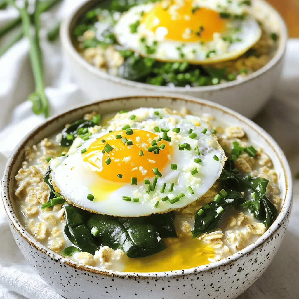 Savory Oatmeal with Spinach and Egg is easy to make with a few simple ingredients. Here’s what you need: - 1 cup rolled oats - 2 cups vegetable broth - 1 cup fresh spinach, roughly chopped - 1 large egg - 1 tablespoon olive oil - 1 garlic clove, minced - 1/4 teaspoon red pepper flakes (optional) - Salt and pepper to taste - Grated Parmesan cheese (for garnish) - Fresh chives or green onions, chopped (for garnish) These ingredients work together to create a warm, hearty meal. The oats provide a nice base, while the spinach adds nutrients and flavor. Using vegetable broth instead of water enhances the taste. The egg adds protein and richness, making this dish perfect for breakfast or lunch. You can find the full recipe in the earlier section. It’s quick to prepare and full of flavor. Enjoy exploring the balance of textures and tastes in each bite! - First, bring 2 cups of vegetable broth to a boil in a medium saucepan. - Once boiling, add 1 cup of rolled oats. Reduce the heat to low. - Simmer the oats for about 5 minutes, stirring occasionally until they are creamy and tender. - While the oats cook, heat 1 tablespoon of olive oil in a small skillet over medium heat. - Add 1 minced garlic clove and sauté for about 30 seconds until fragrant. - If you like a bit of heat, toss in 1/4 teaspoon of red pepper flakes now. - Next, add 1 cup of roughly chopped fresh spinach to the skillet. Cook it for 2-3 minutes until it wilts. - Season with salt and pepper to taste, then take it off the heat. - In the same skillet, crack 1 large egg and cook it to your preference. You can make it sunny-side up, over-easy, or scrambled. - Once your oats are ready, divide them into bowls. - Top each bowl with the spinach mixture and the cooked egg. - For a gourmet touch, sprinkle with grated Parmesan cheese and chopped chives or green onions. This dish is a great way to enjoy a warm and filling meal, with flavors that balance beautifully. For the full recipe, check out the cooking instructions above. To get the best texture, adjust the cooking time. If you like your oats creamier, cook them longer. For firmer oats, reduce the time. You can also experiment with broth flavors. Swap vegetable broth for chicken broth or mushroom broth. Each option gives a new taste to your dish. Using high-quality olive oil adds richness to your savory oatmeal. It makes a big difference in taste. You can also add extra seasonings or herbs. Try a pinch of smoked paprika or fresh basil. These small touches can elevate the dish. For a beautiful look, layer your ingredients. Start with oats at the bottom, then add the spinach and egg on top. This creates height and interest. Drizzle a bit of olive oil on top for shine. Garnish with black pepper or fresh herbs for color and flavor. It’s all about making your meal inviting! For the full recipe, check out the details above. {{image_2}} Savory oatmeal is versatile. You can change it up based on what you like or have at home. Here are some fun ideas. - You can swap the egg for tofu or tempeh. These will give you a nice texture and flavor. - If you want more protein, add cooked bacon or sausage. This will make your meal heartier. - Feel free to include other greens like kale or arugula. They add extra nutrients and flavor. - Diced tomatoes or bell peppers work great too. They bring a fresh taste and color to your dish. - For a different taste, try feta cheese instead of Parmesan. It adds a nice tang. - If you like heat, splash some hot sauce on top. It will give your oatmeal a spicy kick. These variations let you make your savory oatmeal just how you like it. For more ideas, check out the Full Recipe. To store savory oatmeal, cool it first. Place it in an airtight container. This keeps flavors fresh. You can store it in the fridge for up to three days. If you plan to eat it later, make sure it cools completely before sealing. When it's time to enjoy your leftovers, reheat them gently. The best way is to use the stove. Add a splash of broth or water to restore creaminess. Stir often until heated through. You can also use a microwave. Heat on medium power, stirring every 30 seconds. You can freeze savory oatmeal, but it may change texture. To freeze, let it cool completely. Place it in a freezer-safe container. Label it with the date. It will last for about three months. To thaw, move it to the fridge overnight. Reheat it as mentioned before. Enjoy your delicious meal anytime, thanks to these storage tips! If you don't have vegetable broth, you can use chicken broth instead. Water is another option. It works well, but may lack flavor. To boost taste, add herbs or spices to your water. This will help enhance the dish without the broth. Yes, you can easily make this recipe vegan. Just skip the egg and use tofu instead. Cook the tofu until golden for a nice texture. Replace the Parmesan cheese with nutritional yeast for a cheesy flavor. These swaps keep the dish tasty and plant-based. To increase protein, consider adding legumes like chickpeas or lentils. These are great options that blend well. You can also sprinkle hemp seeds or nuts on top for extra crunch and protein. They won’t change the flavor much but will boost nutrition. In this blog post, we explored a savory oatmeal recipe packed with healthy ingredients. You learned how to prepare rolled oats with broth, sauté fresh spinach, and cook the egg. We also shared tips for enhancing flavor and presentation. There are many variations and storage tips to keep this dish fresh. Dive into savory oatmeal and customize it to your taste. It's a simple, nutritious option that's easy to make and delicious to eat. Enjoy creating your own version of this versatile meal!