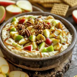 - 8 oz cream cheese, softened - 1 cup powdered sugar - 1 cup sour cream - 1 cup caramel sauce - 1 large apple, diced To make this dip creamy and sweet, I start with softened cream cheese. It gives a smooth texture that blends well with other ingredients. I add sour cream for tanginess and powdered sugar for sweetness. The caramel sauce adds a rich flavor that ties everything together. Lastly, I mix in diced apples for a fresh crunch. - 1/2 cup chopped pecans or walnuts - Graham crackers or sliced apples for dipping If you want a bit of crunch, add chopped pecans or walnuts. They bring a nice texture to the dip. For dipping, I suggest using graham crackers or extra apple slices. Both options complement the dip's flavors perfectly. - Mixing bowl - Hand mixer - Serving dish To make this treat, you’ll need a mixing bowl and a hand mixer. These tools help you blend the ingredients quickly. Finally, have a serving dish ready to showcase your delicious dip. 1. Combining cream cheese and powdered sugar Start with 8 oz of softened cream cheese. Place it in a mixing bowl. Add 1 cup of powdered sugar. Beat these together using a hand mixer. Mix until smooth and creamy. This step is key for a rich base. 2. Mixing in sour cream and cinnamon Next, add 1 cup of sour cream. Then, include 1 teaspoon of vanilla extract and 1 teaspoon of ground cinnamon. Mix again until the ingredients blend well. The sour cream adds a nice tang. 3. Folding in diced apple Take 1 large diced apple and gently fold it into the mixture. Make sure not to mash the apple pieces. This adds crunch and flavor to your dip. 1. Transferring to a serving dish Spoon the cheesecake mixture into a serving dish. Use a spatula to smooth the top. This makes it look nice and ready to serve. 2. Drizzling with caramel sauce Now it's time for the caramel! Drizzle 1 cup of caramel sauce generously over the top. This adds sweetness and makes it look tempting. 1. Dipping options Serve the dip with graham crackers or sliced apples. These make perfect dippers. You can also use pretzels for a salty twist. 2. Presentation tips For a fun touch, sprinkle 1/2 cup of chopped pecans or walnuts on top. This adds crunch and a nice look. Arrange your dippers around the dip for an inviting display. Follow these steps, and you'll have a creamy and sweet delight ready in no time! For the full recipe, check out the previous section. To get the best texture for your caramel apple cheesecake dip, start with soft cream cheese. Let it sit out for about 30 minutes before using. This helps it mix well. If you're in a hurry, you can microwave it for about 10 seconds. Just be careful not to melt it. When mixing, use a hand mixer on medium speed. This helps blend the ingredients well. Mix until your dip looks smooth and fluffy. If your dip feels too thick, you can add a little more sour cream. This makes it creamier. To make your dip even better, consider adding spices. A pinch of nutmeg or allspice can bring out warm flavors. You can also try a little ginger for a zesty kick. For toppings, think outside the box. Instead of just caramel, you can drizzle chocolate sauce. Chopped nuts, like pecans or walnuts, add a nice crunch. You can even add a sprinkle of sea salt for a sweet and salty twist. If you want to prepare the dip a day ahead, do it! Just mix all the ingredients as usual. Cover it tightly with plastic wrap and store it in the fridge. This allows the flavors to blend nicely. Before serving, give it a quick stir. If it looks a bit thick, add a splash of milk or more sour cream. Keep it stored in an airtight container for up to three days. This way, you can enjoy your dip without stress. For the full recipe, check out the instructions above. {{image_2}} You can have fun with different flavors in your Caramel Apple Cheesecake Dip. Here are two of my favorites: - Chocolate Caramel Apple Cheesecake Dip: Add 1/2 cup of cocoa powder to the cream cheese mix. This gives a rich chocolate taste that pairs well with the apple and caramel. - Pumpkin Spice Cheesecake Dip: For a fall twist, mix in 1 teaspoon of pumpkin pie spice. This adds warmth and makes it perfect for autumn gatherings. You can easily adjust this dip to fit different diets: - Vegan version using plant-based cream cheese: Swap the cream cheese with your favorite vegan cream cheese. Use coconut yogurt instead of sour cream for a creamy texture. - Gluten-free options for dippers: Choose gluten-free graham crackers or fresh fruit like apple slices or pears. This way, everyone can enjoy the dip without worry. Make your dip special for different times of the year: - Fall-themed ingredients: Add chopped pecans for crunch or even dried cranberries for a sweet touch. These flavors remind you of the fall season. - Special occasion variations: For holidays, add colorful sprinkles on top or serve with festive cookie cutters for the dippers. It makes the dip more fun and eye-catching. Try these variations to keep things fresh and exciting! For the full recipe, check out the detailed instructions above. Caramel apple cheesecake dip stays fresh in the fridge for up to five days. To keep it tasty, seal it well. Use an airtight container to prevent it from absorbing other smells. You can also cover it with plastic wrap. Just press the wrap down onto the dip to keep air out. You can freeze the dip for up to three months. To freeze, place it in a freezer-safe container. Leave some space at the top, as it may expand. Thaw it in the fridge overnight before serving. If you have extra ingredients, like diced apples or nuts, store them separately. This keeps them fresh and crunchy. If the dip seems a bit thick after storage, stir in a splash of sour cream. This will help refresh the texture. For serving leftovers, consider warming it slightly in the microwave. Just heat it for 10-15 seconds at a time. Serve it with fresh graham crackers or sliced apples for a delightful treat. Enjoy every bite! To make your dip thicker, you can add more cream cheese. Start with an extra ounce or two. Mixing in some extra sour cream helps too. If you want a denser texture, try adding powdered sugar. This will sweeten the dip while thickening it. Remember to blend everything well. A smooth mix helps keep the dip creamy. Yes, you can use different apples! Granny Smith gives a nice tart taste. Honeycrisp adds sweetness and crunch. Fuji apples are also a great choice for their crispness. If you want a softer bite, try Gala apples. Each type will change the flavor a bit, so feel free to experiment. If you need a substitute for cream cheese, try using Greek yogurt. It gives a nice texture and tang. Another option is using dairy-free cream cheese. This works well for vegan diets. Silken tofu blended until smooth can also be a good choice. All these options will keep your dip creamy. You can find pre-made caramel apple dips at most grocery stores. Look for brands like Marzetti or Kraft. These dips are often near the fruit section. You might also find them in the snack aisle. If you want something special, local farmers' markets may have homemade dips. This blog post detailed how to make a delicious Caramel Apple Cheesecake Dip. You learned about key ingredients like cream cheese, sour cream, and caramel sauce. I provided step-by-step instructions to create the dip and shared tips for flavor and texture. In the end, this flavorful dip is easy to make and fun to share. Feel free to explore different variations or make it ahead of time. Enjoy creating and savoring this treat!