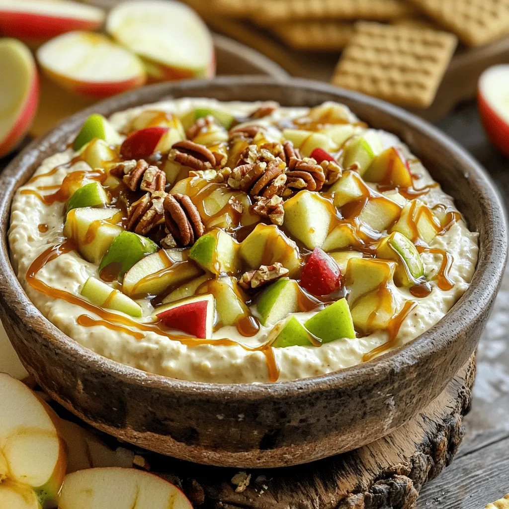 - 8 oz cream cheese, softened - 1 cup powdered sugar - 1 cup sour cream - 1 cup caramel sauce - 1 large apple, diced To make this dip creamy and sweet, I start with softened cream cheese. It gives a smooth texture that blends well with other ingredients. I add sour cream for tanginess and powdered sugar for sweetness. The caramel sauce adds a rich flavor that ties everything together. Lastly, I mix in diced apples for a fresh crunch. - 1/2 cup chopped pecans or walnuts - Graham crackers or sliced apples for dipping If you want a bit of crunch, add chopped pecans or walnuts. They bring a nice texture to the dip. For dipping, I suggest using graham crackers or extra apple slices. Both options complement the dip's flavors perfectly. - Mixing bowl - Hand mixer - Serving dish To make this treat, you’ll need a mixing bowl and a hand mixer. These tools help you blend the ingredients quickly. Finally, have a serving dish ready to showcase your delicious dip. 1. Combining cream cheese and powdered sugar Start with 8 oz of softened cream cheese. Place it in a mixing bowl. Add 1 cup of powdered sugar. Beat these together using a hand mixer. Mix until smooth and creamy. This step is key for a rich base. 2. Mixing in sour cream and cinnamon Next, add 1 cup of sour cream. Then, include 1 teaspoon of vanilla extract and 1 teaspoon of ground cinnamon. Mix again until the ingredients blend well. The sour cream adds a nice tang. 3. Folding in diced apple Take 1 large diced apple and gently fold it into the mixture. Make sure not to mash the apple pieces. This adds crunch and flavor to your dip. 1. Transferring to a serving dish Spoon the cheesecake mixture into a serving dish. Use a spatula to smooth the top. This makes it look nice and ready to serve. 2. Drizzling with caramel sauce Now it's time for the caramel! Drizzle 1 cup of caramel sauce generously over the top. This adds sweetness and makes it look tempting. 1. Dipping options Serve the dip with graham crackers or sliced apples. These make perfect dippers. You can also use pretzels for a salty twist. 2. Presentation tips For a fun touch, sprinkle 1/2 cup of chopped pecans or walnuts on top. This adds crunch and a nice look. Arrange your dippers around the dip for an inviting display. Follow these steps, and you'll have a creamy and sweet delight ready in no time! For the full recipe, check out the previous section. To get the best texture for your caramel apple cheesecake dip, start with soft cream cheese. Let it sit out for about 30 minutes before using. This helps it mix well. If you're in a hurry, you can microwave it for about 10 seconds. Just be careful not to melt it. When mixing, use a hand mixer on medium speed. This helps blend the ingredients well. Mix until your dip looks smooth and fluffy. If your dip feels too thick, you can add a little more sour cream. This makes it creamier. To make your dip even better, consider adding spices. A pinch of nutmeg or allspice can bring out warm flavors. You can also try a little ginger for a zesty kick. For toppings, think outside the box. Instead of just caramel, you can drizzle chocolate sauce. Chopped nuts, like pecans or walnuts, add a nice crunch. You can even add a sprinkle of sea salt for a sweet and salty twist. If you want to prepare the dip a day ahead, do it! Just mix all the ingredients as usual. Cover it tightly with plastic wrap and store it in the fridge. This allows the flavors to blend nicely. Before serving, give it a quick stir. If it looks a bit thick, add a splash of milk or more sour cream. Keep it stored in an airtight container for up to three days. This way, you can enjoy your dip without stress. For the full recipe, check out the instructions above. {{image_2}} You can have fun with different flavors in your Caramel Apple Cheesecake Dip. Here are two of my favorites: - Chocolate Caramel Apple Cheesecake Dip: Add 1/2 cup of cocoa powder to the cream cheese mix. This gives a rich chocolate taste that pairs well with the apple and caramel. - Pumpkin Spice Cheesecake Dip: For a fall twist, mix in 1 teaspoon of pumpkin pie spice. This adds warmth and makes it perfect for autumn gatherings. You can easily adjust this dip to fit different diets: - Vegan version using plant-based cream cheese: Swap the cream cheese with your favorite vegan cream cheese. Use coconut yogurt instead of sour cream for a creamy texture. - Gluten-free options for dippers: Choose gluten-free graham crackers or fresh fruit like apple slices or pears. This way, everyone can enjoy the dip without worry. Make your dip special for different times of the year: - Fall-themed ingredients: Add chopped pecans for crunch or even dried cranberries for a sweet touch. These flavors remind you of the fall season. - Special occasion variations: For holidays, add colorful sprinkles on top or serve with festive cookie cutters for the dippers. It makes the dip more fun and eye-catching. Try these variations to keep things fresh and exciting! For the full recipe, check out the detailed instructions above. Caramel apple cheesecake dip stays fresh in the fridge for up to five days. To keep it tasty, seal it well. Use an airtight container to prevent it from absorbing other smells. You can also cover it with plastic wrap. Just press the wrap down onto the dip to keep air out. You can freeze the dip for up to three months. To freeze, place it in a freezer-safe container. Leave some space at the top, as it may expand. Thaw it in the fridge overnight before serving. If you have extra ingredients, like diced apples or nuts, store them separately. This keeps them fresh and crunchy. If the dip seems a bit thick after storage, stir in a splash of sour cream. This will help refresh the texture. For serving leftovers, consider warming it slightly in the microwave. Just heat it for 10-15 seconds at a time. Serve it with fresh graham crackers or sliced apples for a delightful treat. Enjoy every bite! To make your dip thicker, you can add more cream cheese. Start with an extra ounce or two. Mixing in some extra sour cream helps too. If you want a denser texture, try adding powdered sugar. This will sweeten the dip while thickening it. Remember to blend everything well. A smooth mix helps keep the dip creamy. Yes, you can use different apples! Granny Smith gives a nice tart taste. Honeycrisp adds sweetness and crunch. Fuji apples are also a great choice for their crispness. If you want a softer bite, try Gala apples. Each type will change the flavor a bit, so feel free to experiment. If you need a substitute for cream cheese, try using Greek yogurt. It gives a nice texture and tang. Another option is using dairy-free cream cheese. This works well for vegan diets. Silken tofu blended until smooth can also be a good choice. All these options will keep your dip creamy. You can find pre-made caramel apple dips at most grocery stores. Look for brands like Marzetti or Kraft. These dips are often near the fruit section. You might also find them in the snack aisle. If you want something special, local farmers' markets may have homemade dips. This blog post detailed how to make a delicious Caramel Apple Cheesecake Dip. You learned about key ingredients like cream cheese, sour cream, and caramel sauce. I provided step-by-step instructions to create the dip and shared tips for flavor and texture. In the end, this flavorful dip is easy to make and fun to share. Feel free to explore different variations or make it ahead of time. Enjoy creating and savoring this treat!