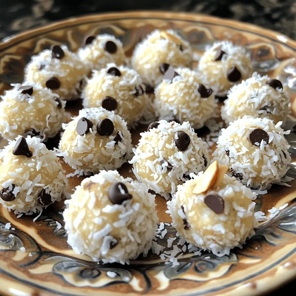 To make Almond Joy Energy Bites, you will need: - 1 cup rolled oats - ½ cup almond butter - ¼ cup honey or maple syrup - ¼ cup unsweetened shredded coconut - ¼ cup dark chocolate chips - ⅓ cup chopped almonds - 1 teaspoon vanilla extract - A pinch of sea salt Each ingredient plays a key role in making these bites both tasty and healthy. The rolled oats give a great base and add fiber. Almond butter brings creaminess and healthy fats. Honey or maple syrup sweetens the bites without being too sugary. Unsweetened shredded coconut adds a chewy texture and flavor. Dark chocolate chips provide that sweet chocolate kick we love. Chopped almonds add crunch and nutty notes. Vanilla extract enhances all the flavors, while sea salt balances the sweetness. You can switch up ingredients if you want to try something different: - Alternative nut butters: Use peanut butter, cashew butter, or sun butter for variety. - Sweetener options: Try agave syrup or coconut sugar instead of honey or maple syrup. - Different types of chocolate: If you prefer, use milk chocolate or white chocolate chips. These swaps make the recipe flexible and fun. You can tailor it to your taste and dietary needs. Make sure to check the labels for added sugars or other ingredients to maintain a healthy snack. Happy snacking! For the full recipe, see the section above, where I outline the steps to create these delicious bites. Making Almond Joy Energy Bites is quick and easy. You will need about 10 minutes to prep and 40 minutes total. This recipe yields about 12 bites. For this task, grab a mixing bowl and a baking sheet lined with parchment paper. These tools will help you create these tasty snacks. 1. In your mixing bowl, combine: - 1 cup rolled oats - ½ cup almond butter - ¼ cup honey or maple syrup - 1 teaspoon vanilla extract Stir these ingredients well until they mix smoothly. 2. Next, add in: - ¼ cup unsweetened shredded coconut - ¼ cup dark chocolate chips - ⅓ cup chopped almonds - A pinch of sea salt Mix everything together until well combined. Each bite will have a great taste! 3. Now, it’s time to roll the mixture into shapes. Use your hands to form small balls, about 1 inch in size. If the mixture sticks to your hands, just wet them lightly. This makes rolling easier. Once you have rolled all the bites, place them on your baking sheet. Now, put the sheet in the refrigerator for at least 30 minutes. This step helps the energy bites firm up nicely. For storage, transfer the bites to an airtight container. They will stay fresh in the fridge for up to a week. Enjoy these tasty, healthy snacks anytime! For the full recipe, check it out to enjoy more delicious details. To get the best Almond Joy Energy Bites, focus on the consistency. You want the mix to be moist but not too sticky. If it feels wet, add more oats. If it’s dry, a touch of almond butter or honey can help. When storing your energy bites, avoid stickiness. Use an airtight container. If you stack them, place parchment paper between layers. This keeps them from sticking together. Want more flavor? Add spices like cinnamon or nutmeg. These spices bring warmth and depth. Just a pinch can make a big difference. You can also infuse other flavors. A bit of espresso powder can add a nice kick. Or try a splash of vanilla for extra sweetness. These little tweaks can change each batch of bites! Presentation makes a snack special. Arrange the energy bites on a nice plate. Sprinkle extra coconut or chopped almonds on top. This adds color and texture. Pair your bites with drinks like smoothies or coffee. The creamy drinks balance the chewy bites. They make a great snack for any time of day! For the full recipe, check out the [Full Recipe]. {{image_2}} You can easily adapt Almond Joy Energy Bites to fit different diets. For a gluten-free option, use certified gluten-free oats. This ensures that you avoid any unwanted gluten. If you want a vegan version, simply swap honey for maple syrup. Both options maintain the delicious flavor and texture. Want to mix things up? Try a tropical twist! Add dried fruits like pineapple or mango, and switch nuts for cashews or walnuts. This gives a fun, fruity taste. If you crave crunch, use rice cereal instead of oats. This adds a delightful crunch while keeping it light. Celebrate the seasons with these bites! In the fall, add pumpkin spice to the mix. It brings warmth and coziness to your snack. During summer, brighten things up with citrus zest, like lemon or lime. This adds a refreshing zing to your energy bites. For the full recipe, check out the detailed steps above! Store your Almond Joy Energy Bites in an airtight container. This keeps them fresh longer. You can also use glass jars, but make sure they seal well. Always refrigerate the energy bites if you want them to last. They hold their shape and taste better when cold. If you leave them at room temperature, they might soften too much and lose their great texture. These energy bites last about one week in the fridge. If you notice any change in smell or color, throw them away. A dry or crumbly texture is also a sign they are no longer good. To freeze Almond Joy Energy Bites, place them in a single layer on a baking sheet first. Once they are frozen solid, you can move them to a freezer bag. This helps keep them from sticking together. When you want to eat them, simply take out the number you need. Allow them to thaw in the fridge overnight for the best texture. You can eat them cold or let them sit at room temp for a bit. For the full recipe, check out the detailed instructions above! Almond Joy Energy Bites can last up to one week in the fridge. Store them in an airtight container to keep them fresh. If you want to keep them longer, you can freeze them. They will stay good for about three months in the freezer. Just make sure to thaw them in the fridge before eating. Yes, you can use different nut butters! Almond butter gives a nice flavor, but peanut butter works too. Cashew butter or sunflower seed butter are great choices as well. Each nut butter adds a unique taste and texture. Just remember that the flavor will change based on what you choose. Yes, these bites are quite healthy! They contain oats, which provide fiber and energy. Almonds add protein and healthy fats, while dark chocolate brings antioxidants. Using honey or maple syrup gives a natural sweetness. They are a great snack for a quick energy boost without added junk. Absolutely! You can prepare Almond Joy Energy Bites in advance. Make a batch on the weekend and enjoy them throughout the week. Just store them in the fridge and grab a bite when you need a snack. This makes meal prep easy and stress-free. Check out the Full Recipe for more details! In this post, we explored how to make delicious Almond Joy Energy Bites. We covered the ingredients needed and even provided substitutions. You learned step-by-step instructions to create these tasty snacks. We also shared tips for perfecting them and ideas for variations. These energy bites are fun to make and easy to enjoy. Whether you choose classic options or seasonal twists, you can customize them to fit your taste. Now, you’re ready to whip up these snacks and enjoy them any time!