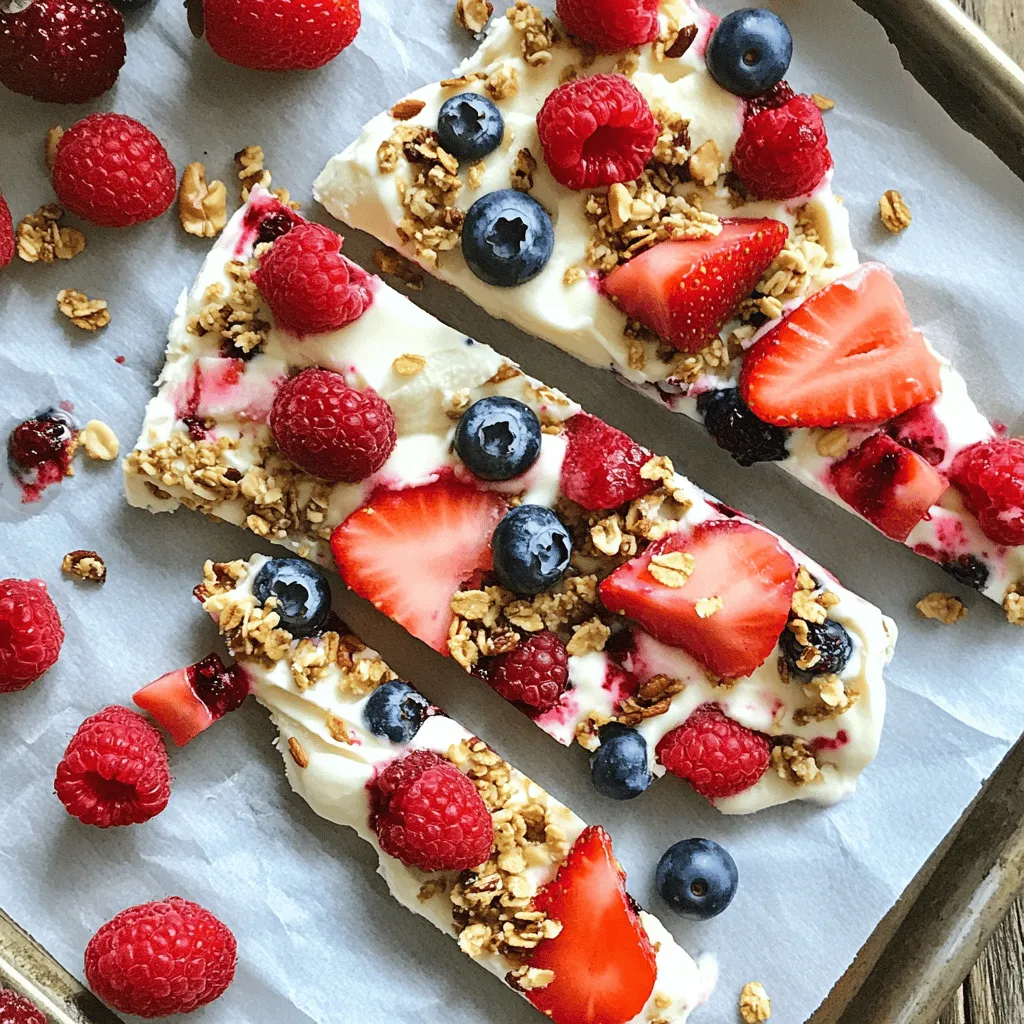 To make frozen yogurt bark, you need a few key ingredients. These are simple and easy to find. Here’s what you’ll need: - 2 cups plain Greek yogurt - 2 tablespoons honey (or maple syrup for a vegan option) - 1 teaspoon vanilla extract - 1 cup mixed berries (strawberries, blueberries, raspberries) - 1/4 cup granola - Optional: 2 tablespoons of chopped nuts (almonds or walnuts) The Greek yogurt gives a creamy base that holds everything together. Honey adds just the right amount of sweetness. Vanilla extract enhances the flavor, making it rich and comforting. Mixed berries not only taste great but also add vibrant color. Granola brings a nice crunch, and nuts can add some extra texture. You can get creative with your frozen yogurt bark! Here are some fun add-ins to try: - Sliced bananas - Chopped dark chocolate - Coconut flakes - Seeds like chia or flaxseed Feel free to mix and match! You can switch out the berries for your favorite fruits or even try new flavors of yogurt. This makes your treat unique and fun. This frozen yogurt bark is not just yummy; it’s also healthy! Here are some benefits of the main ingredients: - Greek Yogurt: This is high in protein. It helps keep you full longer. - Berries: They are packed with vitamins and antioxidants. They support your immune system. - Honey: A natural sweetener, honey has antibacterial properties. It can soothe a sore throat. - Granola: This provides fiber, which is great for digestion. It also adds crunch and flavor. - Nuts: They contain healthy fats and protein, which are good for your heart. Using these ingredients makes your frozen yogurt bark a smart choice for a treat. Each bite is delicious and good for you! To make frozen yogurt bark, you start with simple steps. First, gather your ingredients. You will need: - 2 cups plain Greek yogurt - 2 tablespoons honey (or maple syrup for a vegan option) - 1 teaspoon vanilla extract - 1 cup mixed berries (strawberries, blueberries, raspberries) - 1/4 cup granola - Optional: 2 tablespoons of chopped nuts (almonds or walnuts) Now, line a baking sheet with parchment paper. This helps with easy removal later. In a mixing bowl, combine the Greek yogurt, honey, and vanilla extract. Stir until everything blends well. Next, spread this yogurt mixture evenly over the prepared baking sheet. Aim for a thickness of about 1/2 inch. This thickness helps it freeze evenly. Now, scatter the mixed berries on top. Press them lightly into the yogurt. This way, they stick well. Finally, sprinkle granola and optional nuts over the top. This adds a nice crunch. Once you finish preparing it, place the baking sheet in the freezer. Let the yogurt bark freeze for at least 4 hours. This will ensure it becomes solid. When it is fully frozen, take it out. Break the bark into pieces. You can enjoy it right away or store it. Keep it in an airtight container in the freezer for later. For serving, place the yogurt bark on a chilled platter. You can garnish it with extra berries for a pop of color. - Gather Ingredients: Keep everything together for easy access. - Mixing: Use a whisk or spoon to blend the yogurt smoothly. - Spreading: Use a spatula to spread the yogurt evenly. - Berry Placement: Press berries down so they don't fall off. - Freezing: Make sure the baking sheet is flat in the freezer. These visual tips help ensure your frozen yogurt bark turns out great. For the full recipe, refer to the earlier section. Enjoy making this easy and fun treat! To get a creamy and smooth texture, use full-fat Greek yogurt. This yogurt has a rich taste and a thick consistency. Mix it well with honey and vanilla. This blend helps keep the bark soft after freezing. Spread the yogurt mixture evenly on your baking sheet. Aim for a thickness of about 1/2 inch. This width helps it freeze evenly. If you want more sweetness, add more honey or maple syrup. Start with one tablespoon, then taste. You can stop when it meets your needs. If you prefer less sugar, use plain yogurt. Fresh fruits add natural sweetness. Always remember to balance flavors. A little salt can also enhance the sweetness in the yogurt. Presentation matters when serving your frozen yogurt bark. Cut it into fun shapes or bite-sized pieces. Use a chilled platter to keep it fresh. Garnish with extra berries or mint leaves for color. You can also drizzle some honey on top for added flair. This makes it look even more inviting. For the full recipe, check out the Berry Bliss Frozen Yogurt Bark . {{image_2}} You can change the flavor of your frozen yogurt bark easily. Instead of plain Greek yogurt, try flavored yogurts. You can use strawberry, vanilla, or even coconut yogurt. Each flavor adds a unique twist to your bark. If you want a tangy taste, lemon yogurt works great too. The colorful flavors make your treat more fun and exciting! While berries are tasty, don’t stop there! You can mix in bananas, peaches, or mangoes for a fruity blast. Consider using dried fruits like cranberries or apricots for a chewy texture. You can also try tropical fruits like kiwi or pineapple for a refreshing change. Each fruit brings a new flavor and makes your bark delightful. To make your frozen yogurt bark vegan, choose dairy-free yogurt. Almond, soy, or coconut yogurt are good options. Use maple syrup instead of honey to keep it plant-based. You can also add nut butter for creaminess. This way, everyone can enjoy your tasty treat, no matter their diet. Check out the Full Recipe for details on how to create this treat! To freeze your yogurt bark, first cool it completely. Make sure it is flat and even. I suggest using a baking sheet with parchment paper. This helps in easy removal later. Once you spread the yogurt mix, freeze it for at least four hours. This time ensures it becomes solid. If you want, you can cover it with plastic wrap for extra protection. After you break the bark into pieces, store them in an airtight container. Layer parchment paper between pieces to prevent sticking. This keeps each piece intact. If you plan to eat it later, return it to the freezer right away. Avoid leaving it out too long, or it will melt. Frozen yogurt bark lasts up to two months in the freezer. After that, it may lose some taste and texture. Always check for ice crystals. If you see them, it may not be as fresh. For the best taste, eat your bark within the first month. Enjoy your Berry Bliss Frozen Yogurt Bark from the [Full Recipe] when it's at its peak flavor! Yes, you can use frozen berries. They work well in the yogurt bark. Just thaw them slightly before adding. This way, they won't be too icy. They still give great flavor and color. Frozen yogurt bark lasts about two months in the freezer. Store it in an airtight container. This helps keep it fresh and tasty. Just remember to check for freezer burn before eating. You can add many fun toppings! Try chocolate chips for sweetness or coconut flakes for a tropical twist. You might like crushed cookies for crunch. Dried fruits also make a tasty addition. Just be creative with your choices! For the full recipe, check out the Berry Bliss Frozen Yogurt Bark section. In this post, we explored how to make delicious frozen yogurt bark. We covered key ingredients, from main components to fun add-ins. You learned step-by-step instructions for preparation and freezing. Tips for the best texture and sweetness adjustments were shared as well. Variations showed you unique flavors and dietary options. Finally, we discussed how to store leftovers effectively. Have fun creating your own bark at home! Enjoy experimenting with flavors and toppings to make it your own.