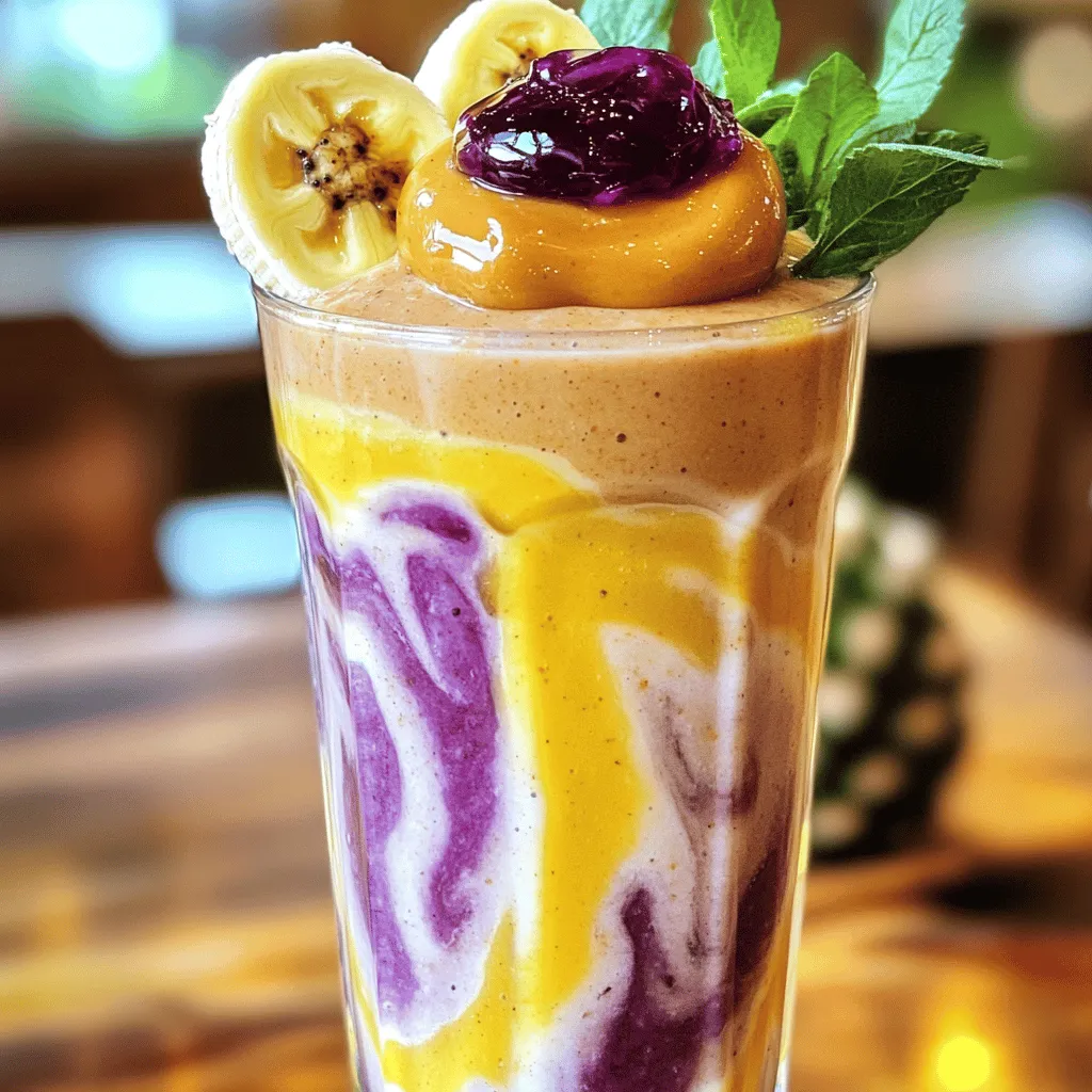 To make the Peanut Butter and Jelly Smoothie, gather these ingredients: - 1 ripe banana, sliced - 1 cup almond milk (or any milk of choice) - 2 tablespoons natural peanut butter - 1/4 cup grape jelly (or any fruit jam) - 1/2 cup Greek yogurt (optional for creaminess) - 1 tablespoon honey or maple syrup (optional for added sweetness) - 1/2 cup ice cubes This recipe is quick and easy. The banana adds natural sweetness and creaminess. Almond milk keeps it light and smooth. Natural peanut butter gives you that rich flavor. Grape jelly, of course, brings the classic PB&J taste. Greek yogurt adds protein and thickness, but it’s optional. Honey or maple syrup can sweeten it up more if you like. Ice cubes make it refreshing. This smoothie is about 300 calories without the yogurt. It has around 15 grams of fat, 10 grams of protein, and 30 grams of carbs. You can adjust these numbers based on your choices. Using Greek yogurt increases protein, while swapping out regular jelly for a sugar-free version lowers calories. Check out the Full Recipe for more details on making this delicious drink! - Step 1: Combine banana and almond milk Start by slicing the ripe banana. Place the banana slices in your blender. Pour in one cup of almond milk. Blend until the mixture is smooth. - Step 2: Add peanut butter and grape jelly Next, add two tablespoons of natural peanut butter. Then, mix in a quarter cup of grape jelly. This step gives the smoothie that classic flavor. - Step 3: Incorporate Greek yogurt (if desired) If you like a creamy texture, add half a cup of Greek yogurt. This will make your smoothie rich and delicious. - Step 4: Blend and add sweeteners Blend the mixture again. If you want it sweeter, add a tablespoon of honey or maple syrup. Blend until all ingredients combine well. - Step 5: Mix in ice cubes and achieve desired consistency Now, throw in half a cup of ice cubes. Blend again until the smoothie is thick and frothy. You can adjust the ice amount based on how cold you want it. - Step 6: Pour and garnish Finally, pour the smoothie into a tall glass. For a fun touch, you can add a dollop of peanut butter on top. Drizzle some jelly for extra flair. Enjoy your Peanut Butter and Jelly Smoothie! For more details, check out the Full Recipe. To make a great peanut butter and jelly smoothie, blending well is key. Start by adding the softer ingredients first. This helps the blender work better. Use a high-speed blender for the smoothest mix. For creaminess, frozen fruits are perfect. They add thickness without needing more ingredients. If you want a thicker smoothie, try adding Greek yogurt or extra banana. You can also use less milk if you like it thick. You can mix up the flavors by trying different jams. Strawberry, raspberry, or blueberry jams can change the taste. If you want more protein, add a scoop of your favorite protein powder. This boosts nutrition without changing much of the flavor. If you prefer less sugar, use unsweetened jam or nut butter. This way, you have better control over the sweetness level. Adjust to what your taste buds enjoy. For the full recipe, check the detailed steps listed above. {{image_2}} You can switch up the nut butter. Try almond or cashew butter for a new taste. These butters add their own unique flavors while keeping the creamy texture you love. If you want to change the fruit, bananas are not the only choice. You can use strawberries or blueberries instead. They bring a nice sweetness and a pop of color to your smoothie. For those who prefer non-dairy options, almond milk is not the only choice. Soy or oat milk also works well. Each type of milk gives a different flavor and texture. Looking for a healthier option? You can use sugar-free jelly. It still adds sweetness without the extra sugar. This way, you keep the classic flavor of peanut butter and jelly. If you want to skip dairy, you can swap Greek yogurt for a dairy-free alternative. Coconut or almond yogurt gives a creamy texture while keeping it light. Lastly, consider using low-calorie sweeteners instead of honey or maple syrup. This keeps your smoothie sweet without adding too many calories. You can control the sweetness to fit your taste. For the full recipe, check out the Peanut Butter and Jelly Smoothie. To store your leftover peanut butter and jelly smoothie, use an airtight container. This keeps it fresh in the fridge. You can enjoy it for up to two days. If you want to freeze your smoothie, pour it into ice cube trays or freezer bags. This allows you to enjoy it later. Thaw it in the fridge overnight when you want a quick treat. For storage containers, I recommend glass jars or BPA-free plastic containers. They seal well and do not hold onto odors. Always leave a little space at the top for expansion during freezing. In the fridge, your smoothie stays fresh for about 48 hours. Keep an eye out for any changes in smell or color. If it looks or smells off, it’s best to toss it. A good rule is to trust your senses. If it doesn’t taste right, don’t drink it. Smoothies with yogurt may spoil faster, so always check them closely. Can I make this smoothie ahead of time? Yes, you can make this smoothie ahead of time. Just blend it, pour it into a container, and store it in the fridge. I suggest drinking it within 24 hours for the best taste and freshness. How can I make it vegan? To make this smoothie vegan, simply swap the Greek yogurt for a dairy-free yogurt. You can also use maple syrup instead of honey, as honey is not vegan. Can I use other types of fruit jams? Absolutely! You can use any fruit jam you like. Strawberry, raspberry, or even blueberry jams work great. Each jam adds its unique flavor to the smoothie. What are the health benefits of this smoothie? This smoothie offers a mix of protein, fiber, and healthy fats. The banana gives you potassium, while the peanut butter adds protein. Yogurt (if used) adds probiotics for gut health. How can I make it less sweet? You can reduce the amount of jelly or omit the honey. Using unsweetened almond milk also helps cut down on sweetness. Why is my smoothie too thick/runny? If your smoothie is too thick, try adding more almond milk. For a runnier smoothie, add ice cubes or blend for longer to break down the ingredients. What can I add for extra protein? You can add protein powder, chia seeds, or more Greek yogurt. Each option boosts the protein content without changing the flavor too much. Can I substitute ingredients based on allergies? Yes, you can easily substitute ingredients. Use sun butter or soy nut butter for nut allergies. Choose a non-dairy yogurt for dairy allergies. Is this smoothie safe for children? Yes, this smoothie is safe for children. The ingredients are wholesome and packed with nutrients. Just watch the sweetness based on their preferences. You have all the tools to make a great smoothie. Start with ripe bananas and almond milk. Add peanut butter and grape jelly for a tasty blend. You can make it creamier with Greek yogurt and sweeten it to your taste. Experiment with different fruits and nut butters to find what you love. Remember to follow storage tips for freshness. With these simple steps and ideas, you can enjoy healthy and delicious smoothies every day. Enjoy your blending adventure!