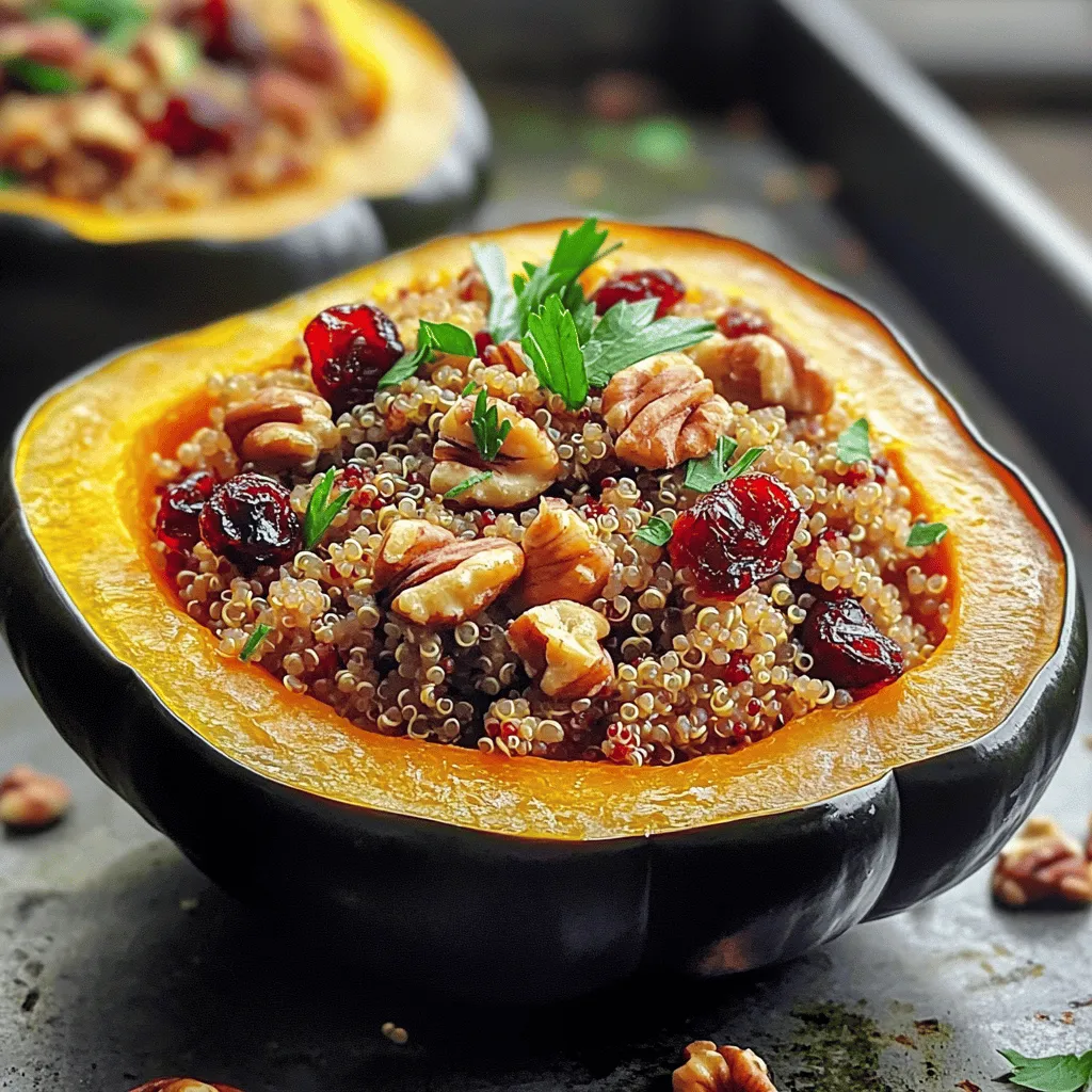 To make stuffed acorn squash with quinoa, you need fresh and healthy ingredients. Here’s what you will need: - 2 medium acorn squashes, halved and seeds removed - 1 cup quinoa, rinsed - 2 cups vegetable broth - 1/2 cup dried cranberries - 1/2 cup walnuts, chopped - 1 small onion, finely chopped - 2 cloves garlic, minced - 1 teaspoon dried thyme - 1/2 teaspoon cinnamon - Salt and pepper to taste - 2 tablespoons olive oil - Fresh parsley for garnish Each ingredient plays a key role. The acorn squash serves as a sweet and tender shell. Quinoa adds protein and a nice texture. Dried cranberries bring a sweet touch, while walnuts add crunch. The onion and garlic provide depth of flavor. Herbs like thyme and spices like cinnamon brighten the dish. Olive oil helps everything blend nicely. For the full recipe, refer to the previous section. You will enjoy making this hearty and healthy dish. - Preheat the oven to 400°F (200°C). - Cut the acorn squashes in half and remove the seeds. - Brush the cut sides with olive oil. - Sprinkle salt and pepper on the squashes. - Place them cut side down on a baking sheet. - Roast for about 25-30 minutes until tender. - In a medium pot, combine quinoa and vegetable broth. - Bring to a boil, then reduce heat to simmer. - Cover and cook for 15-20 minutes until broth is absorbed. - Fluff the quinoa with a fork and set aside. - While the quinoa cooks, heat olive oil in a skillet. - Add the chopped onion and minced garlic. - Sauté for 3-4 minutes until softened. - Stir in dried cranberries and chopped walnuts. - Add dried thyme and cinnamon. - Season the mixture with salt and pepper. - Cook for an additional 2-3 minutes, mixing well. - Fold the cooked quinoa into the skillet mixture. - Stir until everything is fully combined. - Remove the acorn squashes from the oven. - Carefully flip them over and fill each half. - Stuff them generously with the quinoa filling. - Return the stuffed squashes to the oven. - Bake for an additional 10-15 minutes until heated through. - Once done, let cool slightly. - Garnish with fresh parsley before serving. For the full recipe, check the details above. When picking acorn squash, look for ones that feel heavy for their size. The skin should be dark green, firm, and free of soft spots or blemishes. A ripe squash has a nice sheen and is dense, indicating a good flavor. I prefer organic produce when possible. Organic squashes often taste better, as they grow without harmful pesticides. This choice is better for you and the earth. To get a perfect quinoa texture, rinse it well before cooking. This removes the bitter coating called saponin. Cook quinoa in vegetable broth for added flavor. The water-to-quinoa ratio is important; use two cups of broth for one cup of quinoa. For extra taste, try adding spices like cumin or paprika. You can also swap walnuts for almonds or use dried figs instead of cranberries. These changes can really elevate the dish. Stuffed acorn squash looks great on any table. Pair it with a fresh green salad or roasted veggies for a complete meal. You can also serve it with a drizzle of balsamic glaze. For presentation, arrange the stuffed squash on a large platter. Garnish with fresh parsley for color. This makes the dish pop and adds a fresh touch. You can find the full recipe in the earlier section. {{image_2}} You can easily make this dish vegan. Just use vegetable broth and skip any animal products. The quinoa filling is already plant-based, so it works well for vegans. For gluten-free options, quinoa is a great choice. It's naturally gluten-free, making this recipe safe for those with gluten allergies. Always check labels if you use packaged ingredients. To change the taste, try adding spices like cumin or paprika. Fresh herbs like basil or parsley can also brighten the dish. If you want a kick, add some red pepper flakes. Feel free to swap out nuts and dried fruits. Almonds, pecans, or hazelnuts can add a crunchy texture. Dried apricots or figs can bring a sweet twist. You can use an Instant Pot for a quicker meal. Cook the quinoa and squash at the same time. This method saves time and keeps your kitchen cool. If you love grilled flavors, try grilling the acorn squashes. This method adds a nice smoky taste. Just make sure to watch them closely to avoid burning. For lazy days, a slow cooker can be your friend. Simply combine all ingredients and let them cook slowly. This method makes the flavors blend nicely. Check out the Full Recipe for more details on making this dish! After enjoying your stuffed acorn squash, cool it down first. Place leftovers in an airtight container. Store it in the fridge. Your tasty dish will stay fresh for about 3 to 5 days. Make sure to label the container. This helps you remember when you made it. To freeze stuffed squashes, let them cool completely. Wrap each half tightly in plastic wrap. Place them in a freezer-safe bag. Squeeze out as much air as possible. You can freeze them for up to 3 months. When you're ready to eat, take them out. Thaw them in the fridge overnight. For quick thawing, use the microwave on low. For the best taste, reheat in the oven. Set it to 350°F (175°C). Place the stuffed squash in a baking dish with a little water to keep it moist. Bake for about 20 minutes. You can also use the microwave. However, microwaving might make the squash a bit soggy. If you prefer quick heat, use the microwave on medium power for 3 to 5 minutes. Always check the center to ensure it's warm. For the full recipe, check out the main article. Yes, you can swap quinoa for other grains. Brown rice, farro, or barley work well. Each grain offers a unique taste and texture. Remember to adjust cooking times and water amounts based on the grain you choose. For example, brown rice usually takes longer to cook than quinoa. Explore different grains to find your favorite. You can check if the acorn squash is done by poking it with a fork. If it goes in easily, the squash is cooked. The skin should look slightly wrinkled and the flesh tender. Roasting typically takes 25-30 minutes at 400°F. Always check for tenderness to ensure it’s ready for stuffing. Stuffed acorn squash pairs well with many sides. Consider serving it with: - A fresh green salad - Roasted Brussels sprouts - Garlic bread - Steamed broccoli - A light soup These sides complement the flavors of the squash and add texture to your meal. Absolutely! You can prepare the filling a day before. Just store it in the fridge. You can also roast the acorn squashes ahead of time. When ready to serve, stuff them and bake. This makes it easy for busy weeknights or gatherings. Toppings can really elevate your dish. Here are some ideas: - Crumbled feta cheese - Toasted pumpkin seeds - A drizzle of balsamic glaze - Fresh herbs like cilantro or chives - A sprinkle of chili flakes for heat These toppings can add a burst of flavor and texture to your stuffed acorn squash. For the full recipe, check out the link above. This recipe offers a tasty way to enjoy acorn squash. You learned how to select the right squash, prepare a flavorful filling, and bake them. I shared tips for storage, serving suggestions, and various adaptations. Now, you can impress anyone with this dish. Try different flavors and ingredients for fun. Cooking should be enjoyable, so make it your own! Happy cooking!