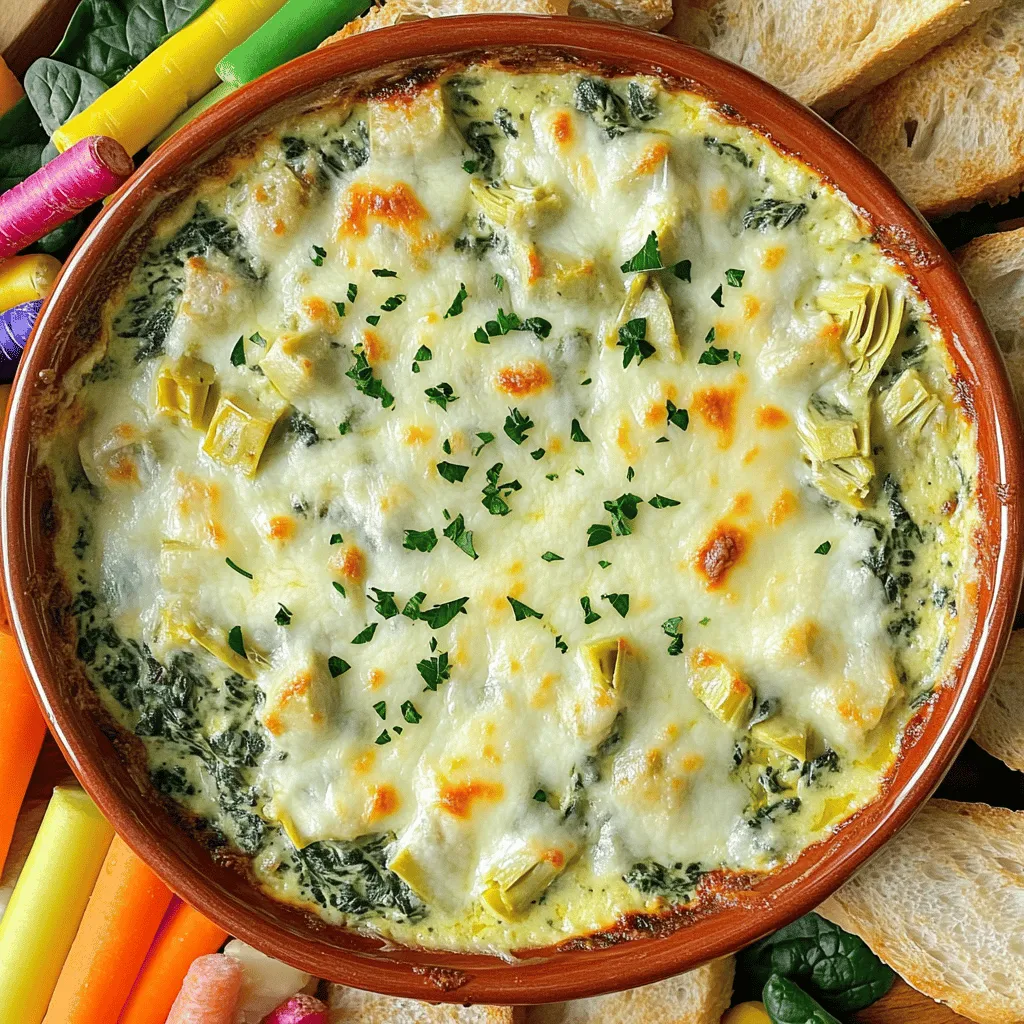 - 1 cup frozen spinach, thawed and drained - 1 cup canned artichoke hearts, drained and chopped - 1 cup cream cheese, softened - ½ cup sour cream - ½ cup mayonnaise - 1 cup shredded mozzarella cheese - ½ cup grated Parmesan cheese - 2 cloves garlic, minced - 1 teaspoon onion powder - 1 teaspoon garlic powder - Salt and pepper to taste - Optional: Crushed red pepper flakes for a spicy kick Spinach is a superfood. It is low in calories and high in nutrients. You get a boost of vitamins A, C, and K. These help your body stay healthy. Spinach is also rich in iron, which is great for blood health. It can help keep you strong and full of energy. Artichokes have great benefits too. They are high in fiber, which aids digestion. Eating artichokes can help lower cholesterol and improve liver health. They also add a unique flavor to the dip. The combination of spinach and artichokes makes this dip not just tasty but healthy. If you don’t have frozen spinach, fresh spinach works well too. Just cook it down to remove excess water. For artichokes, you can use marinated artichokes for added flavor. Cream cheese can be swapped with Greek yogurt for a lighter dip. If you need a dairy-free option, use cashew cream instead of cream cheese. You can also try using nutritional yeast for a cheesy flavor without dairy. These substitutes keep the essence of the dip while catering to different diets. Start by gathering all your ingredients. You will need: - 1 cup frozen spinach, thawed and drained - 1 cup canned artichoke hearts, drained and chopped - 1 cup cream cheese, softened - ½ cup sour cream - ½ cup mayonnaise - 1 cup shredded mozzarella cheese - ½ cup grated Parmesan cheese - 2 cloves garlic, minced - 1 teaspoon onion powder - 1 teaspoon garlic powder - Salt and pepper to taste - Optional: Crushed red pepper flakes for a spicy kick Make sure the spinach is fully thawed and drained. This prevents a watery dip. Chop the artichoke hearts into small pieces. This helps them mix well into the dip. In a large mixing bowl, combine the softened cream cheese, sour cream, and mayonnaise. Mix them until smooth. This forms the creamy base of your dip. Next, add the chopped artichoke hearts and the thawed spinach. Stir well to make sure everything combines nicely. Then, add the minced garlic, onion powder, garlic powder, salt, and pepper. Taste as you go to adjust the seasoning. Finally, fold in the shredded mozzarella and grated Parmesan. Save a small amount of mozzarella for later. This will be the topping for your dip. Now, transfer the mixture into a baking dish. Spread it evenly. Sprinkle the reserved mozzarella on top for a cheesy finish. Preheat your oven to 350°F (175°C). Once it's ready, bake the dip for 25-30 minutes. You want it to be bubbly and golden on top. For extra browning, you can broil it for 2-3 minutes. Keep a close eye on it to avoid burning. Once done, remove it from the oven. Let it cool for a few minutes before serving. Serve warm with baguette slices, tortilla chips, or veggie sticks. Enjoy this flavorful party treat! For the full recipe, check out the details above. To make your creamy spinach artichoke dip even better, try these tips. First, use fresh spinach instead of frozen. Fresh spinach gives a bright taste. You can also add some crushed red pepper flakes for a little heat. This will spice things up! Another idea is to mix in some feta cheese. Feta adds a tangy flavor that works well with the dip. Finally, a squeeze of fresh lemon juice can brighten the whole dish. Many people make common mistakes with this dip. One mistake is not draining the spinach and artichokes well. Extra water can make the dip too watery. Another error is baking it at too high a temperature. Baking too fast can burn the top before the inside is hot. Be sure to mix the cheeses well. If not, you may end up with clumps in your dip. Last, remember to taste your dip before serving. Adjust the salt and pepper to your liking for the best flavor. For a fun serving idea, use a bread bowl. Hollow out a round loaf of bread, fill it with the dip, and serve the bread pieces alongside. This makes for a great presentation! You can also pair the dip with fresh veggie sticks like carrots and celery. Tortilla chips or pita chips are great too. If you want a bit of crunch, top the dip with some toasted breadcrumbs before baking. For the full recipe of this delightful dip, check out the [Full Recipe]. {{image_2}} Want a little heat? Add crushed red pepper flakes to the mix. Start with half a teaspoon. Taste the dip, then add more if you want it spicier. This kick makes the dip exciting and fun. You can also use jalapeños for a fresh twist. They give a nice crunch and bright flavor. You can make a vegan version of this dip. Swap cream cheese for cashew cream or tofu. Use dairy-free sour cream and mayonnaise. Nutritional yeast adds a cheesy flavor without dairy. Always check labels to ensure all ingredients are vegan-friendly. This way, everyone can enjoy the dip! Feel free to get creative with your dip! Add cooked and chopped mushrooms for a savory touch. Sun-dried tomatoes bring a sweet and tangy flavor. For a burst of freshness, try fresh herbs like basil or cilantro. These extras make your dip unique and special. Check out the Full Recipe for the base, then let your imagination run wild! After your party, let the dip cool. Transfer any leftovers into an airtight container. This keeps the dip fresh for longer. Store it in the fridge for up to three days. Always make sure to seal the container well. This helps avoid any strong fridge smells. When you’re ready to enjoy the dip again, preheat your oven to 350°F (175°C). Place the dip in an oven-safe dish. Heat for about 15-20 minutes. Stir halfway to ensure even warming. You can also microwave it. Use a microwave-safe bowl and heat in short bursts. Stir every 30 seconds until warm. Yes, you can freeze this dip! After it cools, place it in a freezer-safe container. Make sure to leave some space for expansion. It can last up to three months in the freezer. When ready to eat, thaw it overnight in the fridge. Reheat as directed above. Enjoy the creamy goodness again! Creamy Spinach Artichoke Dip can last about 3 to 4 days in the fridge. After that, it may lose its taste and texture. Make sure to store it in an airtight container. This keeps it fresh and safe to eat. Always check for any signs of spoilage before serving. Yes, you can prepare this dip ahead of time. Mix all the ingredients and store it in the fridge. Cover the bowl tightly to keep it fresh. When ready to serve, just bake it as directed in the Full Recipe. This makes it easy to enjoy at parties! You have many great options for serving! Here are some tasty ideas: - Toasted baguette slices - Tortilla chips - Fresh vegetable sticks like carrots and celery - Pita chips - Crackers These choices add crunch and flavor, making your dip experience even better. Enjoy experimenting with what pairs best for your taste! You learned how to make a tasty spinach artichoke dip. We covered key ingredients, like spinach and artichokes, and their benefits. I shared easy steps to prepare, bake, and serve the dip. You now have tips to boost flavor and avoid common mistakes. Plus, you can try fun variations and know how to store leftovers. Overall, this creamy dip is perfect for any gathering. Enjoy making it your own!