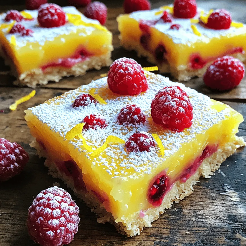 To make these tasty raspberry lemonade bars, gather these simple ingredients: - 1 cup all-purpose flour - 1/2 cup powdered sugar - 1/4 cup unsalted butter, softened - 1/4 teaspoon salt - 2 large eggs - 1 cup granulated sugar - 1/3 cup fresh lemon juice (about 2-3 lemons) - Zest of 1 lemon - 1/2 cup fresh raspberries (plus extra for garnish) - 1/4 teaspoon baking powder - Extra powdered sugar for dusting You can switch some ingredients for variety or to fit your needs: - For a gluten-free option, use a gluten-free flour blend. - Swap granulated sugar with coconut sugar for a different flavor. - If you don’t have fresh lemons, bottled lemon juice works in a pinch. - You can use margarine instead of butter if needed. - For a vegan option, replace eggs with flax eggs or unsweetened applesauce. Selecting ripe fruits makes a big difference in taste. Here are some tips: - Raspberries: Look for firm, plump berries without bruises. They should be bright in color. Smell them; they should have a sweet scent. - Lemons: Choose lemons that feel heavy for their size. Their skin should be smooth and shiny. If they're firm, they are likely juicy. - When buying, check for mold or softness. Avoid any that look past their prime. Fresh fruits lead to the best flavor in your bars. You can find the full recipe for these raspberry lemonade bars to get started! Start by preheating your oven to 350°F (175°C). Grab an 8x8 inch baking pan. Grease it well and line it with parchment paper. Leave some paper hanging over the sides. This helps you lift the bars later. In a medium bowl, mix these dry ingredients: - 1 cup all-purpose flour - 1/2 cup powdered sugar - 1/4 cup unsalted butter, softened - 1/4 teaspoon salt Use a fork or your fingers to combine them. You want it to look like coarse crumbs. Next, take this mixture and press it evenly into the bottom of your pan. Bake this crust for 15 minutes until it turns lightly golden. While your crust bakes, it's time to make the filling. In a separate bowl, whisk together: - 2 large eggs - 1 cup granulated sugar - 1/3 cup fresh lemon juice (about 2-3 lemons) - Zest of 1 lemon - 1/2 cup fresh raspberries - 1/4 teaspoon baking powder Make sure everything is well combined. The raspberries should break apart a bit, mixing into the batter. Once your crust is ready, take it out of the oven. Pour the raspberry lemon mixture on top of the crust. Use a spatula to spread it evenly. Carefully return the pan to the oven. Bake for an additional 20-25 minutes. You know they are done when the edges are lightly golden and the center is set. After baking, let the bars cool completely in the pan on a wire rack. When they're cool, lift them out using the parchment overhang. Cut them into squares and dust with extra powdered sugar. Add fresh raspberries on top for a nice touch. You just made delicious raspberry lemonade bars! For the full recipe, check below. To cut your raspberry lemonade bars easily, chill them first. After they cool, place the whole pan in the fridge for at least an hour. Once firm, lift the bars out using the parchment paper. Use a sharp knife to slice them into squares. Wipe the knife with a damp cloth between cuts. This keeps each piece neat and tidy. To boost the flavor, use fresh ingredients. Fresh lemons and raspberries make a big difference. Add more lemon zest for an extra zing. You can also mix in a bit of vanilla extract for warmth. If you like a little spice, add a pinch of ginger. This gives the bars a unique twist! One common mistake is overbaking the bars. Keep an eye on them to prevent drying out. Another mistake is not measuring ingredients carefully. Use measuring cups and spoons for best results. Finally, don’t skip the dusting of powdered sugar. It adds a nice touch and balances the tartness. For more detailed instructions, check the Full Recipe. {{image_2}} You can make gluten-free raspberry lemonade bars easily. Just swap the all-purpose flour with a gluten-free blend. Look for a mix that includes xanthan gum. This helps mimic the texture of regular flour. The taste will still be bright and tangy. You won’t lose flavor or fun by going gluten-free! Adding more fruits can give these bars a twist. You can mix in blueberries, strawberries, or blackberries. Each fruit brings a new flavor that pairs well with lemon. Just keep the total fruit amount the same. This keeps the texture right and the bars firm. You can change up the sweetener too. Try honey or maple syrup for a different taste. These options add a nice depth to the bars. If you prefer less sugar, a sugar substitute works well too. Just make sure it measures like sugar. This way, your bars will stay sweet and delicious. For the full recipe to create these delightful variations, be sure to check the [Full Recipe]. To keep your raspberry lemonade bars fresh, store them in an airtight container. Place parchment paper between layers to avoid sticking. This method helps maintain their texture and taste. Keep them in the fridge if you plan to eat them within a week. If you want to store them longer, freezing is a great option. Raspberry lemonade bars last about five days in the fridge. After that, they may lose their flavor and freshness. If you freeze them, they can last up to three months. Just remember to wrap them well to prevent freezer burn. This way, you can enjoy these treats anytime! To freeze your bars, let them cool completely first. Cut them into squares, and wrap each square in plastic wrap. Then, place them in a freezer-safe bag or container. When you're ready to enjoy, thaw them in the fridge overnight. You can also eat them straight from the freezer for a chilly treat! For more detail, check the Full Recipe. Yes, you can use frozen raspberries. Thaw them first and drain any extra juice. This helps keep the filling from becoming too watery. Frozen raspberries can work well in many recipes. They still give you that bright flavor and color. Just be aware that the texture might change slightly. You may notice the filling is a bit softer than with fresh ones. You can tell the bars are done when the edges turn a light golden color. The center should look set but still have a slight jiggle. A toothpick inserted into the center should come out clean or with just a few moist crumbs. Keep an eye on them as they bake. Overbaking can lead to dry bars, which we want to avoid. Trust your instincts, and don’t hesitate to check a bit early. These bars pair well with whipped cream or a scoop of vanilla ice cream. The creaminess balances the tartness of the bars. Fresh fruit on the side is also a great option. Think strawberries, blueberries, or more raspberries. You could serve them with a refreshing glass of lemonade too. This adds to the zesty theme of the dessert. These serving ideas enhance the experience and make it extra special. For the full recipe, check out the details above. Raspberry lemonade bars combine bright flavors and simple steps. You learned about key ingredients, helpful tips, and easy variations. Remember to choose fresh raspberries and lemons for the best taste. Avoid common mistakes to get perfect results every time. These bars are not just a treat; they offer many options for everyone. Enjoy making them gluten-free or adding your favorite fruits. With proper storage, your bars can last and stay tasty. Try freezing them for later enjoyment. Now go ahead and create your delicious raspberry lemonade bars!