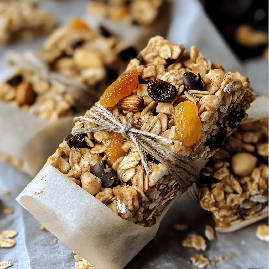 To make my Nutty Cinnamon Delight Granola Bars, you need these simple ingredients: - 2 cups rolled oats - 1 cup mixed nuts (almonds, walnuts, pecans), roughly chopped - 1/2 cup sunflower seeds - 1/2 cup honey or maple syrup - 1/4 cup almond butter (or any nut butter of your choice) - 1 teaspoon vanilla extract - 1 teaspoon ground cinnamon - 1/2 teaspoon salt - 1/2 cup dried fruits (raisins, cranberries, or apricots), chopped - Optional: 1/2 cup dark chocolate chips Each ingredient brings something special. Here is what they offer: - Rolled oats: Great for energy and full of fiber. - Mixed nuts: Packed with protein, healthy fats, and vitamins. - Sunflower seeds: A good source of magnesium and vitamin E. - Honey or maple syrup: Natural sweeteners that provide quick energy. - Almond butter: Rich in protein, it helps keep you full. - Vanilla extract: Adds flavor and may have antioxidant properties. - Ground cinnamon: Can help control blood sugar levels. - Salt: Enhances flavor and balances the sweetness. - Dried fruits: Add natural sweetness and fiber. - Dark chocolate chips: A tasty treat with antioxidants. You can mix and match based on your needs. Here are some ideas: - Nut-free: Use sunflower seed butter instead of almond butter. - Vegan: Swap honey for maple syrup. - Gluten-free: Ensure oats are certified gluten-free. - Low sugar: Reduce the amount of honey or maple syrup. - Add protein: Mix in protein powder or use nuts high in protein. Feel free to explore these substitutions! They can help make your granola bars fit your diet perfectly. For the full recipe, check the section above. To make your granola bars, follow these easy steps: 1. First, preheat your oven to 350°F (175°C). This makes sure the bars bake evenly. 2. Next, line an 8x8-inch baking dish with parchment paper. This helps with easy removal later. 3. In a large bowl, mix together the rolled oats, chopped nuts, and sunflower seeds. Stir well to combine. 4. In a small saucepan, heat the honey and almond butter on low. Stir until melted and smooth. 5. Add the vanilla extract, ground cinnamon, and salt to the mixture. Stir until everything is well mixed. 6. Pour the nut butter mixture over the dry ingredients. Mix until everything is coated evenly. 7. Gently fold in the dried fruits and dark chocolate chips if you want some extra sweetness. 8. Transfer the mixture to the lined baking dish. Press it down firmly with a spatula. This step helps the bars hold together. 9. Bake in your preheated oven for 20-25 minutes. Look for slightly golden edges. 10. Let the bars cool in the pan for at least 15 minutes. This makes them easier to cut. 11. Once cool, cut them into bars or squares. Store in an airtight container for up to a week. For the best granola bars, remember these tips: - Make sure to pack the mixture tightly in the baking dish. This helps the bars hold their shape. - Keep an eye on them while baking. Overbaking can make them too hard. - If you want softer bars, bake for a shorter time. For firmer bars, let them bake a bit longer. - Use a sharp knife to cut the bars. This gives you clean edges. Sometimes, things don’t go as planned. Here’s how to fix common problems: - Bars are too crumbly: This may happen if you didn’t pack the mixture tightly. Try pressing harder next time. - Bars are too hard: This can mean they baked too long. Watch the time closely during baking. - Bars fall apart: Ensure you mixed well and pressed the mixture firmly. - Flavor is bland: Add more spices or use flavored nut butter for a boost. For the full recipe, check out the Nutty Cinnamon Delight Granola Bars. Enjoy making your tasty snacks! You can change your granola bars in many ways. Try using different nuts. You can mix in seeds like pumpkin or chia. Adding spices makes them unique. Try ginger, nutmeg, or cocoa powder. For a sweeter taste, add more honey or syrup. If you like a chewy bar, use more dried fruit. You can also swap almond butter for peanut or cashew butter. Explore flavors to find your perfect mix! Mixing is key to great granola bars. Start by mixing dry ingredients first. This helps the oats, nuts, and seeds blend well. In a separate bowl, combine the wet ingredients. Heat them gently to make mixing easier. Once both mixtures are ready, combine them gently. Use a spatula to fold them together without crushing the nuts. This keeps your bars crispy. Make sure everything is coated well. This ensures that every bite is flavorful. Granola bars are perfect for any time of day. You can have them for breakfast or as a snack. Pair them with yogurt or fresh fruit for a tasty treat. They also make great lunchbox additions. Wrap them in parchment for easy grabbing. If you want a sweet treat, dip them in melted dark chocolate. For a boost, serve them with a glass of milk. These ideas will help you enjoy your homemade granola bars even more. For the full recipe, check the earlier section. {{image_2}} You can change the flavor of your granola bars easily. Try swapping out the nuts. Use cashews or hazelnuts for a new twist. Add spices like nutmeg or ginger for warmth. You can also mix in different extracts. Almond or coconut extracts add a fun flavor. For a chocolatey version, add cocoa powder or replace honey with chocolate syrup. You can make these bars vegan by using maple syrup. Swap almond butter for a seed butter if you want. For gluten-free bars, check your oats. Make sure they are labeled gluten-free. You can also replace honey with agave syrup for sweetness without animal products. Add fun ingredients to make your bars unique. Try chia seeds or flaxseeds for extra fiber. You can toss in coconut flakes for a tropical touch. Dried fruits like mango or figs can make your bars chewy and sweet. For more crunch, consider adding pumpkin seeds or sesame seeds. And if you love chocolate, dark chocolate chips are always a hit! To keep your homemade granola bars fresh, store them in an airtight container. This helps keep moisture out and preserves the crunch. You can use a glass jar or a plastic container. If you want to wrap them, use parchment paper. This way, they stay fresh and easy to grab. If you want to save some for later, freezing works great. First, cut the bars into squares. Then, wrap each bar tightly in plastic wrap. Place the wrapped bars in a freezer bag or container. They can last up to three months in the freezer. When you're ready to eat one, just take it out and let it sit at room temperature for a bit. Check your granola bars before eating. If they smell off or look dry and crumbly, it’s best to toss them. Fresh bars should smell sweet and nutty. Also, check for any signs of mold. If you see any, do not eat them. Always trust your senses to keep safe. Homemade granola bars last about one week if stored properly. Keep them in an airtight container. This helps prevent them from becoming stale. If you want them to last longer, consider freezing them. Frozen granola bars can stay good for up to three months. Just remember to wrap them well before freezing. Yes, you can make granola bars without nuts. Many people have nut allergies or choose not to eat nuts. You can replace nuts with seeds like pumpkin or chia seeds. Use extra oats or add more dried fruits for texture. This way, you still have a tasty and healthy snack. To boost protein in your granola bars, add ingredients like protein powder or nut butter. You can also mix in seeds such as hemp or chia seeds. Dried chickpeas or puffed quinoa are great options too. These additions make your bars filling and nutritious, perfect for a quick snack. For the full recipe, check out Nutty Cinnamon Delight Granola Bars. Homemade granola bars are easy and fun to make. We covered key ingredients, step-by-step cooking, and helpful tips. You can try different flavors and diets with your bars. Proper storage keeps them fresh longer. Remember, understanding your ingredients helps you create tasty snacks. Enjoy customizing your healthy treats and share them with friends and family. Happy cooking!
