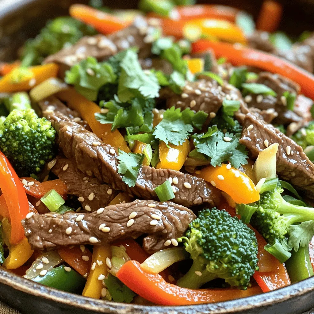 - 1 lb beef sirloin - 1 bell pepper, sliced - 1 cup broccoli florets - 1 carrot, julienned - 3 cloves garlic, minced - 1-inch piece ginger, grated For this dish, I love using beef sirloin. It cooks quickly and has great flavor. Pair it with colorful veggies like bell pepper, broccoli, and carrot. These add nice crunch and nutrients. Garlic and ginger bring a warm aroma that makes the stir-fry special. - 2 tablespoons soy sauce - 1 tablespoon oyster sauce - 1 tablespoon cornstarch The sauce is key for flavor. Soy sauce gives saltiness. Oyster sauce adds depth. Cornstarch thickens the sauce and coats the beef well. Mix these together before marinating the beef. This will ensure every bite is tasty. - Sesame seeds - Fresh cilantro - 2 green onions, chopped Garnishes make your dish pop! I use sesame seeds for crunch. Fresh cilantro adds brightness. Green onions finish it off with a fresh kick. These simple touches take your stir-fry from good to great. For the complete recipe, check the Full Recipe. - Marinate the Beef Start by slicing 1 pound of beef sirloin thinly. In a bowl, mix the sliced beef with 2 tablespoons of soy sauce, 1 tablespoon of oyster sauce, and 1 tablespoon of cornstarch. This mix adds flavor and helps the beef stay tender. Let it marinate for at least 15 minutes. This step is key to great taste. - Prepare the Vegetables While the beef marinates, wash and slice your vegetables. You need 1 bell pepper, 1 cup of broccoli florets, and 1 carrot. Cut the bell pepper into thin slices. Julienning the carrot makes it cook faster. Have 3 cloves of minced garlic and a 1-inch piece of grated ginger ready. Fresh green onions, chopped, will be used later for garnish. - Searing the Beef Heat 1 tablespoon of vegetable oil in a large skillet or wok over high heat. Add the marinated beef in a single layer. Sear it for 2-3 minutes until browned. Stir occasionally to cook evenly. Once cooked, remove the beef from the skillet and set it aside. This brings out the beef’s best flavors. - Stir-Frying the Vegetables In the same skillet, add another tablespoon of oil. Toss in the minced garlic and grated ginger. Sauté for about 30 seconds until you smell the aroma. Now, add your sliced bell pepper, broccoli florets, and julienned carrot. Stir-fry these for about 3-4 minutes. This keeps them vibrant and slightly tender, which adds color to your dish. - Mixing the Beef and Vegetables After the vegetables are cooked, return the beef to the skillet. Mix everything well, ensuring the beef and vegetables are combined. This allows all the flavors to blend together. - Final Cooking Steps Stir-fry the mixture for an additional 2 minutes. This final step heats everything through and makes sure the flavors meld. Remove from heat and garnish with chopped green onions, sesame seeds, and fresh cilantro. Enjoy your meal! You can find the Full Recipe to guide you through each step. To get that lovely sear on your beef, you need high heat. This helps lock in juices and flavors. Use a heavy skillet or wok. Heat it for a few minutes before adding oil. Crowding the pan is a big no-no. If you add too much meat at once, it won’t brown well. Cook in batches if needed. This simple step makes a big difference in taste and texture. Want to add some zing? Try spices like red pepper flakes or a dash of chili sauce. These can kick up the heat. You can also experiment with fresh herbs like basil or mint for a unique twist. If you’re missing an ingredient, try substitutions. For example, use chicken instead of beef or tamari instead of soy sauce for a gluten-free option. These changes can keep your dish fresh and exciting. For plating, use a large plate or bowl. Spread the beef and veggies evenly for a nice look. You can arrange them in circles or layers for fun shapes. Garnishing can take your dish to the next level. Sprinkle sesame seeds and chopped green onions on top. Add a few sprigs of fresh cilantro for color and taste. These small touches make your meal more appealing and delicious. Enjoy these tips as you whip up your Sizzling Beef Stir-Fry! For the complete recipe, check out the [Full Recipe]. {{image_2}} You can switch the beef for chicken or tofu. Chicken cooks fast, just like beef. Use chicken breast, sliced thin. Tofu is a great choice for vegetarians. Make sure to press the tofu first to remove extra water. This helps it soak up flavors better. Shrimp is another tasty option. Shrimp cooks quickly and adds a nice flavor. Just add it to the pan after the garlic and ginger. Cook for about 2-3 minutes or until it turns pink. You can change the veggies based on what you have. Seasonal vegetables work great. Try bell peppers, zucchini, or snap peas. They add different textures and flavors. For a low-carb dish, use cauliflower or green beans. Cauliflower can be riced to mimic a grain base. Green beans stay crunchy and fresh. Switch up the sauce for fun flavors. Teriyaki sauce gives a sweet twist. Sweet and sour sauce adds a nice tang. If you like heat, try spicy sauce options. Sriracha or chili sauce can spice it up. Add a little at a time to control the heat. Explore these variations to keep your Sizzling Beef Stir-Fry exciting! For all the details on the original dish, check the Full Recipe. - How to Store Leftovers Store your Sizzling Beef Stir-Fry in an airtight container. Make sure it cools to room temperature first. This keeps the dish fresh and safe. - Duration of Freshness You can keep the stir-fry in the fridge for up to 3 days. After that, it may lose flavor and texture. - Best Techniques for Reheating The best way to reheat is in a skillet over medium heat. This helps keep the beef tender and the veggies crisp. You can also use a microwave. Just cover it with a lid or paper towel. - Avoiding Overcooking Heat until just warmed through. Overheating can make the beef tough and the veggies mushy. - How to Freeze Sizzling Beef Stir-Fry To freeze, let it cool completely. Place it in a freezer-safe container or bag. Remove as much air as possible before sealing. This prevents freezer burn. - Thawing and Reheating from Freezer Thaw the stir-fry in the fridge overnight. For quick thawing, use the microwave’s defrost setting. Reheat it in a skillet or microwave, just like before. Enjoy your delicious dish anytime with these simple storage tips! For the full recipe, check the earlier section. Yes, you can make Sizzling Beef Stir-Fry in advance. To prep, marinate the beef ahead of time. Slice the vegetables and store them separately. You can keep everything in the fridge for up to two days. When it's time to eat, just stir-fry everything together. This method saves time and makes meal prep easy. For a full meal, pair Sizzling Beef Stir-Fry with some tasty sides. Here are a few suggestions: - Steamed rice - Noodles - Quinoa - Fried rice - Asian-style salad These sides complement the stir-fry's flavors and add variety to your plate. To make Sizzling Beef Stir-Fry gluten-free, swap out the soy sauce. Use gluten-free soy sauce or tamari instead. Check your oyster sauce for gluten, or find a gluten-free version. Cornstarch is gluten-free, so you can keep that ingredient. With these simple swaps, you can enjoy this dish without worry. This guide showed how to make Sizzling Beef Stir-Fry. We explored the key ingredients like beef sirloin, fresh veggies, and savory sauces. Each step was outlined, from marinating to searing. You learned tips for perfecting your dish and ideas for variations. Remember, stir-fry offers great flexibility in ingredients and flavors. Whether you’re using different proteins or sauces, the meal can be yours. Enjoy experimenting in your kitchen and savor each bite!