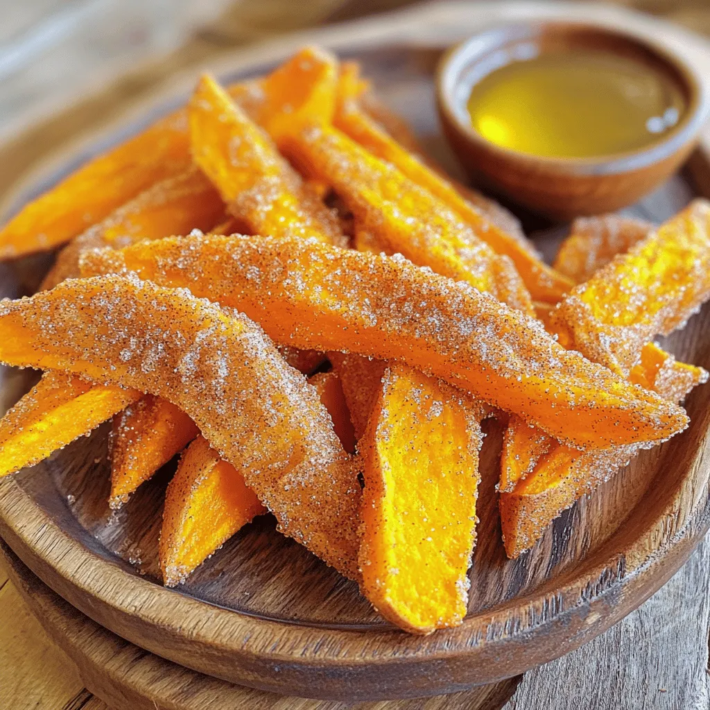 - 2 large sweet potatoes - 2 tablespoons olive oil - 1/4 cup brown sugar - 1 teaspoon cinnamon - 1/2 teaspoon salt - 1/4 teaspoon nutmeg (optional) - 1 tablespoon cornstarch (for extra crispiness) You can swap brown sugar for coconut sugar or honey. These alternatives work well and add unique flavors. For frying, you can use avocado oil or sunflower oil. Both of these oils have high smoke points. This means they can handle high heat without burning. Choosing the right sweet potatoes is key. Look for firm, smooth potatoes without dark spots. Organic sweet potatoes often taste better and have fewer chemicals. But conventional ones can work if you wash them well. Always pick the freshest ingredients to ensure the best taste. 1. Preheat your oven to 425°F (220°C). This is key for crisp fries. 2. Line a baking sheet with parchment paper. This helps with easy cleanup. 3. Wash the sweet potatoes under cold water to remove dirt. 4. Peel the sweet potatoes carefully with a vegetable peeler. 5. Cut the sweet potatoes into fries, about 1/4 inch thick. Uniform size helps them cook evenly. 1. Place the fries in a large mixing bowl. 2. Drizzle the olive oil over the fries. Toss them well to coat. 3. In a separate bowl, mix the brown sugar, cinnamon, salt, and nutmeg (if using). 4. Add cornstarch to the sugar mix for extra crispiness. Stir until it blends well. 5. Sprinkle the sugar mixture over the fries. Toss until all fries are coated. 1. Spread the fries in a single layer on the baking sheet. Avoid overlap for even cooking. 2. Bake for 25-30 minutes. Flip the fries halfway for a golden brown color. 3. Check for crispness. They should be crispy and golden when done. 4. Remove from the oven and let them cool slightly before serving. For the full recipe, refer to the earlier section. Enjoy your tasty cinnamon sugar sweet potato fries! To make these fries crunchy, use cornstarch. Cornstarch helps absorb moisture. This gives you a nice, crispy texture. Toss the fries in cornstarch before adding oil and spices. This step is key for that crunch. Keep your fries in a single layer on the baking sheet. Overlapping fries will steam instead of bake. This means less crunch and more sogginess. Use two baking sheets if needed. Spread them out well for the best results. Want to spice things up? Try adding smoked paprika or cayenne for a kick. You can also mix in a pinch of ginger or allspice. These spices can make your sweet potato fries unique. For dipping sauces, honey or maple syrup works great. You can also try yogurt or a creamy dip. These sauces balance the sweet and spicy flavors. Serve your fries like a pro. Use a cone lined with parchment paper for a fun touch. You can also use a rustic wooden platter. Dust them with extra cinnamon sugar for a nice look. Garnish with fresh herbs like mint or parsley. This adds color and makes your dish pop. Serve with a small bowl of dipping sauce on the side. It makes the meal feel special. For the full recipe, check out the detailed instructions above. {{image_2}} You can change the flavor of sweet potato fries. Try adding garlic powder or paprika. Both spices bring a tasty twist. For a spicy kick, mix in cayenne pepper. This will make your fries hot and fun. Want to control the sweetness? Adjust the amount of brown sugar. You can use less for a mild flavor. For a different taste, add a splash of vanilla extract. This adds warmth and depth to your fries. If you want a healthy crunch, use an air fryer. Set it to 400°F (200°C) and cook for about 15 minutes. Shake the basket halfway through for even cooking. You can also grill sweet potato fries. Brush them with olive oil and grill for 5-7 minutes on each side. This gives a smoky flavor that is hard to resist. For the full recipe, check out the Cinnamon Sugar Sweet Potato Fries. To keep your sweet potato fries fresh, store them in an airtight container. This helps keep moisture out. Place them in the fridge after they cool down. Sweet potato fries last about 3 to 5 days in the fridge. If they sit longer, they lose their crunch and flavor. Freezing is a great way to save leftovers. First, let the fries cool completely. Then, spread them on a baking sheet in a single layer. Freeze them for about an hour until firm. After that, transfer the fries to a freezer-safe bag. They can stay frozen for up to 3 months. To reheat, bake them at 425°F for about 15-20 minutes until crispy. To keep fries crispy during storage, avoid stacking them. This causes steam and sogginess. When reheating, use an oven or air fryer instead of a microwave. This helps restore their crunch. For the best results, flip the fries halfway through reheating. Enjoy your Cinnamon Sugar Sweet Potato Fries just like the day you made them! To make sweet potato fries crispy, start with these key techniques: - Use cornstarch to coat the fries. It helps absorb moisture. - Cut the fries evenly. This ensures they cook at the same rate. - Bake at a high temperature. A hot oven gives them a nice crunch. - Spread the fries in a single layer. This helps them crisp up without steaming. After following these steps, you will enjoy perfectly crispy fries. Yes, you can use other types of potatoes. Here’s how sweet potatoes compare to regular potatoes: - Sweet potatoes are sweeter and have a creamier texture. - Regular potatoes are more starchy and less sweet. - Sweet potatoes have more vitamins and nutrients. They are often healthier. If you prefer, you can try Yukon gold or red potatoes. They will have a different taste and texture. You can pair cinnamon sugar sweet potato fries with several tasty dishes. Here are some ideas: - Serve them with a burger or sandwich for a fun twist. - Pair them with fried chicken for a sweet and savory mix. - Add a small bowl of honey or maple syrup for dipping. - They also go well with salads for a colorful plate. These combinations will elevate your meal and make it more enjoyable. In this blog post, we explored making delicious and crispy sweet potato fries. We discussed ingredients, cooking steps, and tips for perfect texture. You learned about variations, storage methods, and frequently asked questions around these tasty treats. Experiment with spices or try cooking methods like grilling or air frying. Remember, fresh ingredients make a big difference in taste. Enjoy your sweet potato fries as a fun snack or side dish. Try out different ideas to find your favorite!