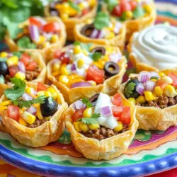 - Ground beef - Taco seasoning - Mini phyllo pastry cups - Shredded cheddar cheese - Diced tomatoes - Sliced black olives - Fresh cilantro - Refried beans - Corn - Sour cream When I make mini taco cups, I start with the main ingredients. Ground beef is key for flavor. I use taco seasoning to bring spice and zest. Mini phyllo pastry cups hold everything together and add a nice crunch. Next, I choose my toppings and garnishes. Shredded cheddar cheese melts beautifully on top. Diced tomatoes add freshness and color. Sliced black olives give a briny bite, and fresh cilantro brings a burst of green. I sometimes add optional ingredients. Refried beans make the cups heartier. Corn adds sweetness and texture. If you like creamy, a dollop of sour cream on top is a great choice. For the full recipe, check out the detailed instructions! 1. Preheat the Oven: Set your oven to 375°F (190°C). This temperature helps get your taco cups crispy. 2. Cook the Ground Beef: Heat a skillet over medium. Add 1 pound of ground beef. Cook for about 6-7 minutes. Break it apart with a spatula as it cooks. Drain any fat after browning. 1. Layer the Phyllo Cups: Place your mini phyllo cups on a baking sheet. These cups are the base for our tasty snacks. 2. Add Toppings: Start with a layer of 1 cup of refried beans in each cup. Then, add the seasoned ground beef. Sprinkle 1 cup of shredded cheddar cheese on top. Next, add diced tomatoes, red onions, black olives, and corn. You can be creative with the layers! 1. Bake the Mini Taco Cups: Put the baking sheet in the oven. Bake for 10-12 minutes. Look for melted cheese and golden brown pastry. 2. Garnish and Serve: Take the mini taco cups out of the oven. Let them cool a bit. Garnish with fresh cilantro on top. Serve them with sour cream on the side if you like. Enjoy making these quick and tasty snacks! For the full recipe, check out the detailed instructions above. To avoid soggy cups, bake the phyllo cups before filling them. This helps them stay crisp. You can also use less refried beans. When seasoning the beef, use one tablespoon of taco seasoning for a great flavor. Mix it well and let it simmer. For serving, arrange the mini taco cups on a bright platter. Add some fresh lime wedges beside them. You can also include toppings like salsa or guacamole for extra flavor. This makes your dish look fun and inviting! If the cups are too dry, add a spoonful of sour cream on top. This adds moisture and boosts flavor. Adjust your baking time if the cheese doesn’t melt. Check the cups at the 10-minute mark. If needed, bake for another two minutes to get golden brown cheese. For the full recipe, check out the detailed instructions above. {{image_2}} You can switch up the meat in mini taco cups. Ground turkey works great as a lean option. It offers a similar taste but with fewer calories. If you want a vegetarian twist, try using lentils or black beans. They add protein and fiber while keeping it meat-free. To spice things up, add jalapeños for a kick. This gives the cups a zesty flavor that many love. You can also try a Southwest flavor by adding cumin and chili powder. These spices will give your taco cups a warm, rich taste that is hard to resist. If you're looking for gluten-free options, use corn tortillas instead of phyllo cups. They hold the filling well and taste delicious. For a low-carb version, skip the beans and use shredded lettuce as a base. This way, you still enjoy tasty mini taco cups without the carbs. Explore these variations and make your mini taco cups your own! Check out the Full Recipe for more details. You can store leftover mini taco cups in the fridge for up to three days. Keep them in an airtight container. This helps keep them fresh and tasty. Try to separate layers with parchment paper to avoid sticking. Yes, you can freeze mini taco cups! To freeze them, let them cool first. Place them in a single layer on a baking sheet. Once frozen, transfer them to a freezer bag or container. Be sure to remove as much air as possible. This helps prevent freezer burn. When you are ready to eat, you can reheat them straight from the freezer. The best way to reheat mini taco cups is in the oven. Preheat it to 350°F (175°C). Place the cups on a baking sheet and heat for about 10-15 minutes. This keeps the pastry crispy. If you use a microwave, the cups may get soggy. If you must use a microwave, heat them for 30 seconds at a time. For the full recipe, check out the detailed instructions above in the article. To make mini taco cups, start with ground beef. Cook it in a skillet until brown. Add taco seasoning and water to coat the meat. While the beef cooks, prepare mini phyllo pastry cups on a baking sheet. Layer each cup with refried beans, the seasoned beef, and your favorite toppings. Bake them for about 10-12 minutes at 375°F (190°C). For the full recipe, check the section above. Yes, you can use different cheeses! Cheddar is classic, but try pepper jack for spice. Monterey Jack adds creaminess. You can even mix cheeses for a unique flavor. Just make sure the cheese melts well for a gooey texture. Mini taco cups pair well with many sides. Serve them with fresh salsa and guacamole for extra flavor. Sour cream is a great dip too. For something crunchy, add tortilla chips on the side. You can also include a simple salad for balance. Making mini taco cups is fun and easy. You learned about the main ingredients, how to prepare, and serve them. We also covered tips to keep your cups fresh and tasty. If you explore variations, you can cater to different diets and taste buds. These cups are perfect for parties or quick snacks. Remember, creativity is key in the kitchen. Enjoy making them!