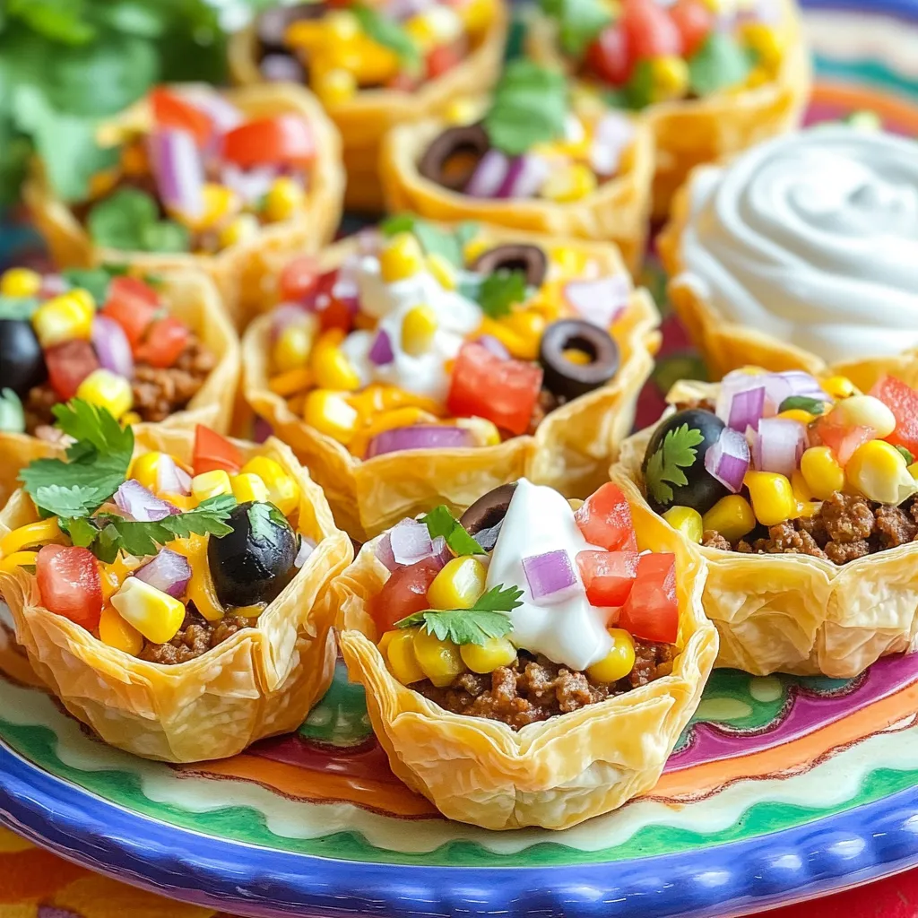 - Ground beef - Taco seasoning - Mini phyllo pastry cups - Shredded cheddar cheese - Diced tomatoes - Sliced black olives - Fresh cilantro - Refried beans - Corn - Sour cream When I make mini taco cups, I start with the main ingredients. Ground beef is key for flavor. I use taco seasoning to bring spice and zest. Mini phyllo pastry cups hold everything together and add a nice crunch. Next, I choose my toppings and garnishes. Shredded cheddar cheese melts beautifully on top. Diced tomatoes add freshness and color. Sliced black olives give a briny bite, and fresh cilantro brings a burst of green. I sometimes add optional ingredients. Refried beans make the cups heartier. Corn adds sweetness and texture. If you like creamy, a dollop of sour cream on top is a great choice. For the full recipe, check out the detailed instructions! 1. Preheat the Oven: Set your oven to 375°F (190°C). This temperature helps get your taco cups crispy. 2. Cook the Ground Beef: Heat a skillet over medium. Add 1 pound of ground beef. Cook for about 6-7 minutes. Break it apart with a spatula as it cooks. Drain any fat after browning. 1. Layer the Phyllo Cups: Place your mini phyllo cups on a baking sheet. These cups are the base for our tasty snacks. 2. Add Toppings: Start with a layer of 1 cup of refried beans in each cup. Then, add the seasoned ground beef. Sprinkle 1 cup of shredded cheddar cheese on top. Next, add diced tomatoes, red onions, black olives, and corn. You can be creative with the layers! 1. Bake the Mini Taco Cups: Put the baking sheet in the oven. Bake for 10-12 minutes. Look for melted cheese and golden brown pastry. 2. Garnish and Serve: Take the mini taco cups out of the oven. Let them cool a bit. Garnish with fresh cilantro on top. Serve them with sour cream on the side if you like. Enjoy making these quick and tasty snacks! For the full recipe, check out the detailed instructions above. To avoid soggy cups, bake the phyllo cups before filling them. This helps them stay crisp. You can also use less refried beans. When seasoning the beef, use one tablespoon of taco seasoning for a great flavor. Mix it well and let it simmer. For serving, arrange the mini taco cups on a bright platter. Add some fresh lime wedges beside them. You can also include toppings like salsa or guacamole for extra flavor. This makes your dish look fun and inviting! If the cups are too dry, add a spoonful of sour cream on top. This adds moisture and boosts flavor. Adjust your baking time if the cheese doesn’t melt. Check the cups at the 10-minute mark. If needed, bake for another two minutes to get golden brown cheese. For the full recipe, check out the detailed instructions above. {{image_2}} You can switch up the meat in mini taco cups. Ground turkey works great as a lean option. It offers a similar taste but with fewer calories. If you want a vegetarian twist, try using lentils or black beans. They add protein and fiber while keeping it meat-free. To spice things up, add jalapeños for a kick. This gives the cups a zesty flavor that many love. You can also try a Southwest flavor by adding cumin and chili powder. These spices will give your taco cups a warm, rich taste that is hard to resist. If you're looking for gluten-free options, use corn tortillas instead of phyllo cups. They hold the filling well and taste delicious. For a low-carb version, skip the beans and use shredded lettuce as a base. This way, you still enjoy tasty mini taco cups without the carbs. Explore these variations and make your mini taco cups your own! Check out the Full Recipe for more details. You can store leftover mini taco cups in the fridge for up to three days. Keep them in an airtight container. This helps keep them fresh and tasty. Try to separate layers with parchment paper to avoid sticking. Yes, you can freeze mini taco cups! To freeze them, let them cool first. Place them in a single layer on a baking sheet. Once frozen, transfer them to a freezer bag or container. Be sure to remove as much air as possible. This helps prevent freezer burn. When you are ready to eat, you can reheat them straight from the freezer. The best way to reheat mini taco cups is in the oven. Preheat it to 350°F (175°C). Place the cups on a baking sheet and heat for about 10-15 minutes. This keeps the pastry crispy. If you use a microwave, the cups may get soggy. If you must use a microwave, heat them for 30 seconds at a time. For the full recipe, check out the detailed instructions above in the article. To make mini taco cups, start with ground beef. Cook it in a skillet until brown. Add taco seasoning and water to coat the meat. While the beef cooks, prepare mini phyllo pastry cups on a baking sheet. Layer each cup with refried beans, the seasoned beef, and your favorite toppings. Bake them for about 10-12 minutes at 375°F (190°C). For the full recipe, check the section above. Yes, you can use different cheeses! Cheddar is classic, but try pepper jack for spice. Monterey Jack adds creaminess. You can even mix cheeses for a unique flavor. Just make sure the cheese melts well for a gooey texture. Mini taco cups pair well with many sides. Serve them with fresh salsa and guacamole for extra flavor. Sour cream is a great dip too. For something crunchy, add tortilla chips on the side. You can also include a simple salad for balance. Making mini taco cups is fun and easy. You learned about the main ingredients, how to prepare, and serve them. We also covered tips to keep your cups fresh and tasty. If you explore variations, you can cater to different diets and taste buds. These cups are perfect for parties or quick snacks. Remember, creativity is key in the kitchen. Enjoy making them!
