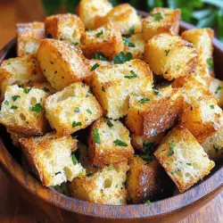 To make these tasty garlic Parmesan croutons, gather the following ingredients: - 4 cups of day-old bread (baguette or sourdough), diced into cubes - 1/3 cup olive oil - 4 cloves garlic, minced - 1/2 cup grated Parmesan cheese - 1 teaspoon dried Italian herbs (oregano, basil, thyme) - Salt and pepper to taste - Optional: Fresh parsley, chopped for garnish Using the right bread is key to great croutons. I suggest using baguette or sourdough for the best flavor and texture. These breads have a nice crust and chewy inside. Day-old bread works best because it is drier. This dryness helps the croutons become crispy in the oven. If you use fresh bread, it may not get as crunchy. Feel free to change up the flavors! Try adding a pinch of cayenne for heat or a dash of smoked paprika for a smoky touch. You can also mix in some herbs like rosemary or thyme. Fresh parsley adds a nice pop of color and flavor, too. Get creative and make these croutons your own! You can check the Full Recipe for more ideas. To start, gather your ingredients. You need day-old bread, olive oil, garlic, and cheese. I like to use a baguette or sourdough for the best taste. Cut the bread into small cubes, about one inch in size. This makes them easy to bake and eat. In a big bowl, mix the bread cubes with olive oil. Make sure each piece is coated well. Next, add the minced garlic, grated Parmesan cheese, and dried herbs. Sprinkle in salt and pepper to taste. Toss the mixture, so every cube gets a nice flavor. This step is key for that tasty crunch! Once your bread is mixed, spread the cubes on a baking sheet. Use parchment paper to keep them from sticking. Preheat your oven to 375°F (190°C). Bake the croutons for about 15 to 20 minutes. They should turn golden brown and crispy. Halfway through baking, give them a toss. This helps them cook evenly. For the crispiest croutons, watch the baking time closely. Each oven may vary a bit. If they look light brown, they are likely done. You can also try using a convection setting if you have one. This helps circulate the heat and crisp them up even more. After baking, let them cool for a few minutes. This step makes them extra crunchy. You can sprinkle fresh parsley on top for a pop of color too. Enjoy these croutons as a snack or a topping! You can find the full recipe above for all the details. When picking olive oil, look for extra virgin. This type has the best flavor. A good olive oil enhances your croutons. Check for a fruity or peppery taste. Freshness matters too, so check the harvest date on the bottle. One common mistake is using fresh bread. Day-old bread works best. Fresh bread can become too soft and chewy. Another mistake is not mixing well. Make sure every bread cube gets olive oil and seasonings. Also, don't skip tossing halfway through baking. This step ensures even crispiness. Italian herbs like oregano, basil, and thyme work well. You can also try adding garlic powder for extra flavor. A pinch of red pepper flakes adds a nice kick. For a twist, use rosemary or dill. These herbs give your croutons a unique taste. Check the full recipe for more ideas! {{image_2}} You can switch up the cheese in your croutons. Try using cheddar for a sharp taste. Feta adds a salty, tangy twist. If you like a creamier crouton, use mozzarella. Each cheese brings its own flair to your dish. Don't be afraid to experiment! Seasonings can change the whole vibe of your croutons. Add a pinch of cayenne for heat. Smoked paprika gives a nice depth of flavor. You can even toss in some ranch seasoning for a fun twist. Try mixing garlic powder or onion powder for extra flavor. The options are endless! If you need gluten-free croutons, use gluten-free bread. Just check the label to make sure it fits. For a vegan version, skip the cheese. Nutritional yeast can add a cheesy flavor without dairy. You still get that tasty crunch with these easy swaps. I love making croutons at home, and proper storage is key. Once your garlic Parmesan croutons cool, place them in an airtight container. This keeps them fresh and crunchy for up to a week. Avoid storing them in the fridge; the moisture can make them soft. To maintain that perfect crunch, always store croutons at room temperature. Keep them away from sunlight and heat. You can also layer them with paper towels in the container. This absorbs any extra moisture and helps keep them crisp. If you want to save some for later, freezing works great. Just let the croutons cool completely. Then, place them in a freezer-safe bag or container. They can last up to three months in the freezer. When ready to use, bake them at 375°F for about 5-10 minutes to refresh their crunch. For the full recipe, check the complete Garlic Parmesan Croutons recipe section. Homemade croutons last about one week when stored properly. Keep them in a sealed bag or container. They stay fresh at room temperature. If you notice any signs of moisture, toss them out. Yes! You can make croutons in an air fryer. Simply toss your bread cubes with oil and seasonings. Place them in the air fryer basket. Cook at 350°F for about 5-8 minutes. Shake the basket halfway through for even cooking. Garlic Parmesan croutons are great on salads and soups. They add crunch to Caesar salad. Try them on tomato soup for a tasty twist. You can also use them as a topping on baked dishes. You can find pre-made garlic Parmesan croutons at most grocery stores. Look in the salad or bread aisle. Many brands offer various flavors. Check the labels for quality ingredients. To make croutons crispy again, preheat your oven to 350°F. Spread croutons on a baking sheet. Bake for about 5-10 minutes. Check often to avoid burning. This method revives their crunchiness and flavor. For the full recipe, visit the complete Garlic Parmesan Croutons recipe section. To make these croutons, you need just a few simple ingredients: - 4 cups of day-old bread (baguette or sourdough), diced into cubes - 1/3 cup olive oil - 4 cloves garlic, minced - 1/2 cup grated Parmesan cheese - 1 teaspoon dried Italian herbs (oregano, basil, thyme) - Salt and pepper to taste - Optional: Fresh parsley, chopped for garnish These croutons are easy to make. First, preheat your oven to 375°F (190°C). In a large bowl, mix the diced bread with the olive oil. Make sure each cube gets coated. Then, add the minced garlic, Parmesan cheese, Italian herbs, salt, and pepper. Toss it all together well. Next, spread the mixture in a single layer on a baking sheet lined with parchment paper. Bake for about 15-20 minutes. Toss the croutons halfway through baking for even browning. They should turn golden brown and crispy. Once done, let them cool for a few minutes. You can garnish with fresh parsley if you like. One serving of these croutons (about 1/4 cup) contains roughly: - Calories: 120 - Protein: 4g - Fat: 8g - Carbohydrates: 10g - Fiber: 1g These croutons provide a good mix of flavor and crunch without too many calories. They make a perfect addition to salads or soups. You can use these croutons in many ways. They shine as a topping for salads, adding a nice crunch. Try them in soups, like tomato or minestrone, to enhance the texture. You can also mix them into casseroles for extra flavor. Serve them in a small bowl as a snack, and watch them disappear! For extra fun, pair them with a creamy dip. For the full recipe, you can refer to the earlier section. Enjoy your croutons! You now have all the tools to make great garlic Parmesan croutons. We covered the ingredients you need, the best bread types, and how to customize them. You learned the step-by-step process for perfect texture and crispiness. Also, we shared tips to avoid common mistakes and enhance flavor. Remember to store your croutons correctly to keep them fresh. With this knowledge, your croutons can elevate any dish. Enjoy your tasty creations!